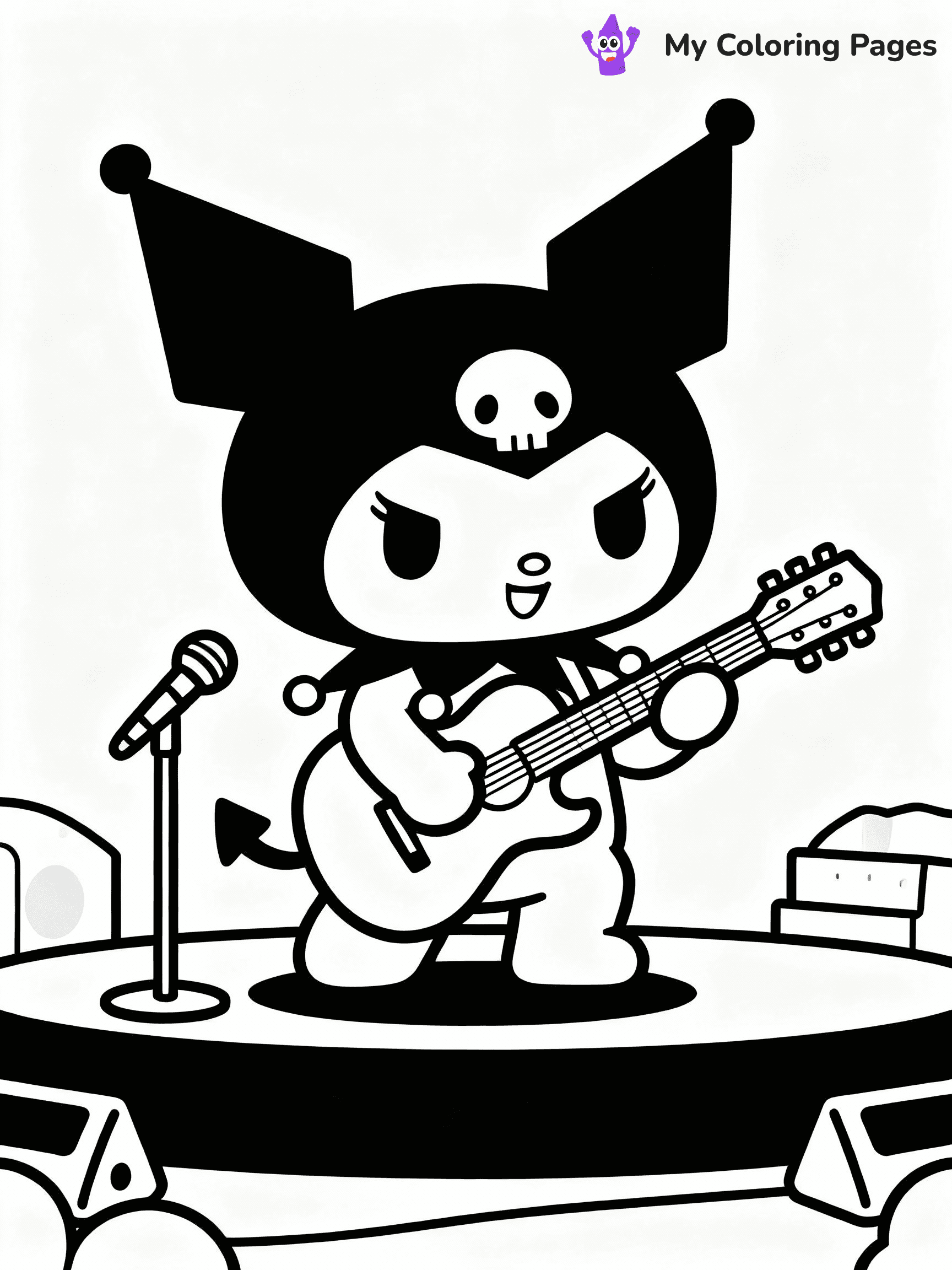 ⚠️ CRITICAL REQUIREMENT - ABSOLUTE BLACK AND WHITE ONLY ⚠️
This MUST be a BLACK AND WHITE line drawing ONLY. NO COLORS whatsoever.
- ONLY pure black lines (#000000) on pure white background (#FFFFFF)
- ABSOLUTELY NO colors, NO shading, NO gradients, NO grayscale
- If there are ANY colors in the output, the image is REJECTED
- This is a COLORING PAGE - meant to be COLORED IN by children
- The output must be UNCOLORED line art ready for coloring
⚠️ SUBJECT TO DRAW: Kuromi from Sanrio playing guitar on stage at a concert. PURE OUTLINES. NO FILLS, COLOR, SHADING, OR GREYSCALE. WHITE BACKGROUND.
(REMEMBER: Output must be BLACK AND WHITE line art only, NOT colored!)
# Flat, Friendly Cartoon Line-Art Coloring Page
You are generating a **pure black-and-white binary image** of a child-friendly cartoon scene combining characters and background scenery in one cohesive composition.
## Rendering Rules (Strict)
- Only two colors: pure black (#000000) outlines and pure white (#FFFFFF) background.
- No grayscale, shading, gradients, tints, fills, transparency, or partial pixels.
- No antialiasing or blended edges; every pixel is 100% black or white.
- No solid black fills inside shapes — all areas inside outlines must remain white.
- No dark clothing areas or filled tone blocks; all garments outlined only.
- No shadows, textures, lighting, or tonal variations.
- Must look like flat binary vector line-art for coloring pages.
## Drawing & Composition
- **Medium, consistent line weight**; clean closed outlines easy to color inside.
- **Flat, simple, child-friendly design** — no realism or 3D depth.
- Characters are **grounded on a surface**, centered and large.
- **Balanced composition** with clear silhouettes and minimal props.
## Scenery & Style
- Landmarks (e.g., mosque, CN Tower) and scenery (trees, benches, waves) drawn with **black outlines only.**
- For real-world figures, teams, or places, show accurate details using only black outlines—no text or logos. Use distinctive uniform patterns, abstract symbols, and landmark silhouettes to convey identity.
- Keep **consistent perspective**; no floating elements.
- **Style:** whimsical **Doodle Art Alley** — rounded, friendly outlines.
- May adapt shapes from **Crayola, Disney, Peppa Pig, Cocomelon** — *by shape only, never color.*
- Final output: **flat, crisp, binary (#000000/#FFFFFF)**, **no filled color or background text.**
EXTREMELYE IMPORTANT:
- PURE BINARY LINE-ART; NO FILLS (HAIR/CLOTHES/SKIN), SHADING, OR GREY.
- NO SHADING, COLOR. MUST BE WHITE BACKGROUND.
⚠️ FINAL REMINDER: Draw the subject "Kuromi from Sanrio playing guitar on stage at a concert. PURE OUTLINES. NO FILLS, COLOR, SHADING, OR GREYSCALE. WHITE BACKGROUND." as BLACK AND WHITE line art. Zero colors in output.