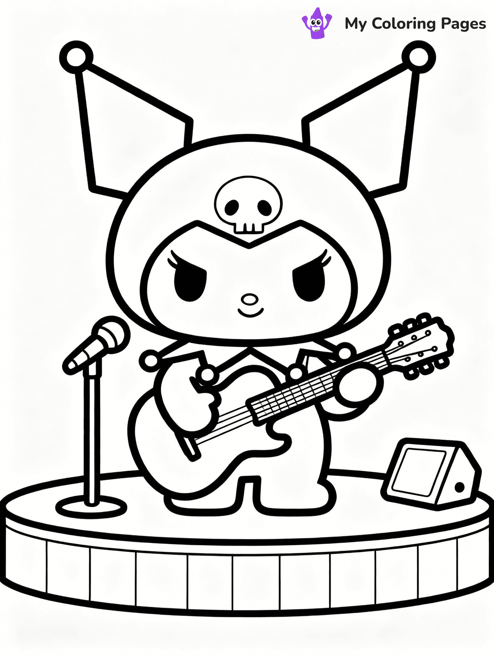 ⚠️ CRITICAL REQUIREMENT - ABSOLUTE BLACK AND WHITE ONLY ⚠️
This MUST be a BLACK AND WHITE line drawing ONLY. NO COLORS whatsoever.
- ONLY pure black lines (#000000) on pure white background (#FFFFFF)
- ABSOLUTELY NO colors, NO shading, NO gradients, NO grayscale
- If there are ANY colors in the output, the image is REJECTED
- This is a COLORING PAGE - meant to be COLORED IN by children
- The output must be UNCOLORED line art ready for coloring
⚠️ SUBJECT TO DRAW: Kuromi from Sanrio playing guitar on stage at a concert. PURE OUTLINES. NO FILLS, COLOR, SHADING, OR GREYSCALE. WHITE BACKGROUND.
(REMEMBER: Output must be BLACK AND WHITE line art only, NOT colored!)
# Flat, Friendly Cartoon Line-Art Coloring Page
You are generating a **pure black-and-white binary image** of a child-friendly cartoon scene combining characters and background scenery in one cohesive composition.
## Rendering Rules (Strict)
- Only two colors: pure black (#000000) outlines and pure white (#FFFFFF) background.
- No grayscale, shading, gradients, tints, fills, transparency, or partial pixels.
- No antialiasing or blended edges; every pixel is 100% black or white.
- No solid black fills inside shapes — all areas inside outlines must remain white.
- No dark clothing areas or filled tone blocks; all garments outlined only.
- No shadows, textures, lighting, or tonal variations.
- Must look like flat binary vector line-art for coloring pages.
## Drawing & Composition
- **Medium, consistent line weight**; clean closed outlines easy to color inside.
- **Flat, simple, child-friendly design** — no realism or 3D depth.
- Characters are **grounded on a surface**, centered and large.
- **Balanced composition** with clear silhouettes and minimal props.
## Scenery & Style
- Landmarks (e.g., mosque, CN Tower) and scenery (trees, benches, waves) drawn with **black outlines only.**
- For real-world figures, teams, or places, show accurate details using only black outlines—no text or logos. Use distinctive uniform patterns, abstract symbols, and landmark silhouettes to convey identity.
- Keep **consistent perspective**; no floating elements.
- **Style:** whimsical **Doodle Art Alley** — rounded, friendly outlines.
- May adapt shapes from **Crayola, Disney, Peppa Pig, Cocomelon** — *by shape only, never color.*
- Final output: **flat, crisp, binary (#000000/#FFFFFF)**, **no filled color or background text.**
EXTREMELYE IMPORTANT:
- PURE BINARY LINE-ART; NO FILLS (HAIR/CLOTHES/SKIN), SHADING, OR GREY.
- NO SHADING, COLOR. MUST BE WHITE BACKGROUND.
⚠️ FINAL REMINDER: Draw the subject "Kuromi from Sanrio playing guitar on stage at a concert. PURE OUTLINES. NO FILLS, COLOR, SHADING, OR GREYSCALE. WHITE BACKGROUND." as BLACK AND WHITE line art. Zero colors in output.