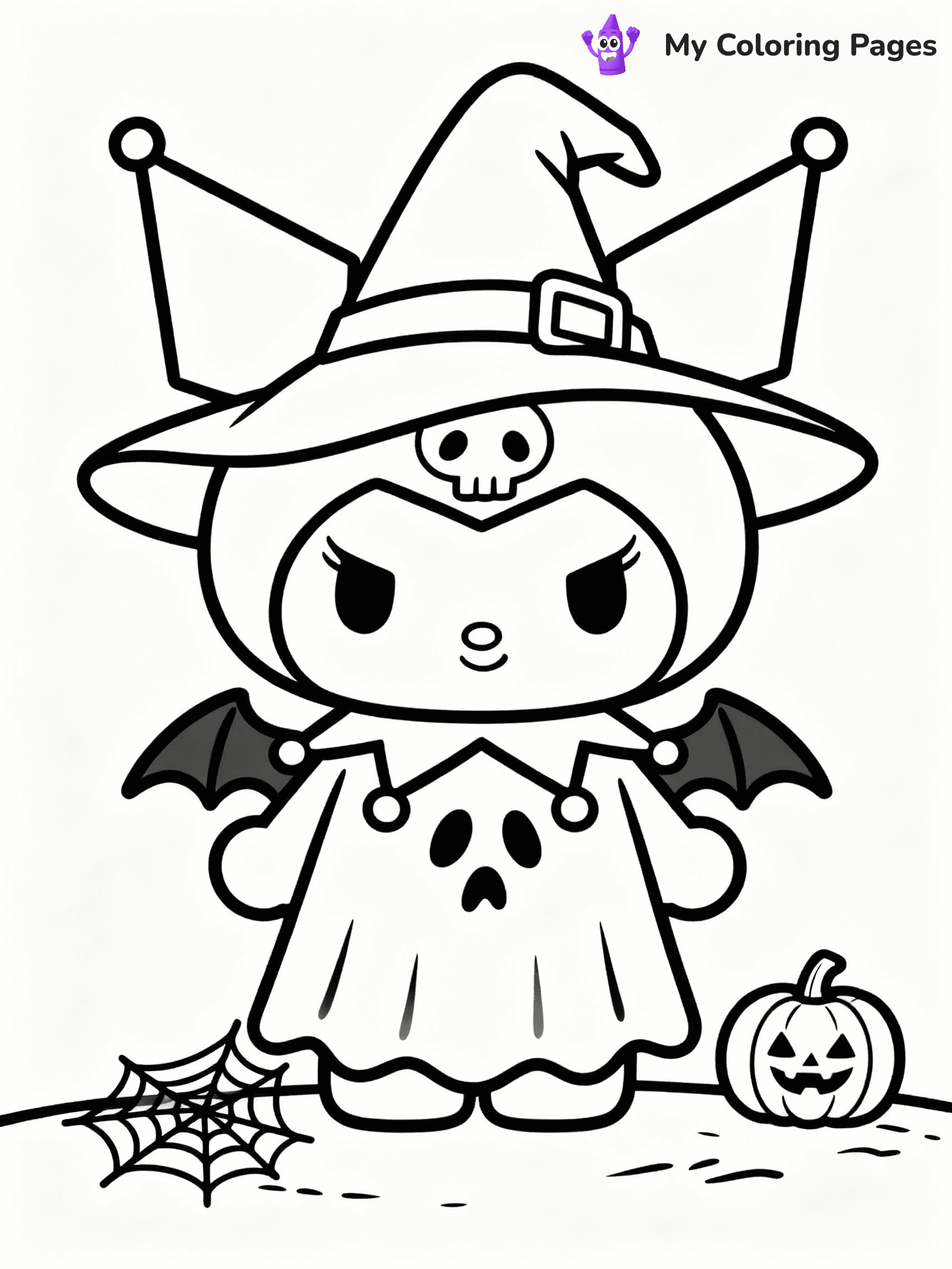 ⚠️ CRITICAL REQUIREMENT - ABSOLUTE BLACK AND WHITE ONLY ⚠️
This MUST be a BLACK AND WHITE line drawing ONLY. NO COLORS whatsoever.
- ONLY pure black lines (#000000) on pure white background (#FFFFFF)
- ABSOLUTELY NO colors, NO shading, NO gradients, NO grayscale
- If there are ANY colors in the output, the image is REJECTED
- This is a COLORING PAGE - meant to be COLORED IN by children
- The output must be UNCOLORED line art ready for coloring
⚠️ SUBJECT TO DRAW: Kuromi from Sanrio dressed in a spooky Halloween costume. PURE OUTLINES. NO FILLS, COLOR, SHADING, OR GREYSCALE. WHITE BACKGROUND.
(REMEMBER: Output must be BLACK AND WHITE line art only, NOT colored!)
# Flat, Friendly Cartoon Line-Art Coloring Page
You are generating a **pure black-and-white binary image** of a child-friendly cartoon scene combining characters and background scenery in one cohesive composition.
## Rendering Rules (Strict)
- Only two colors: pure black (#000000) outlines and pure white (#FFFFFF) background.
- No grayscale, shading, gradients, tints, fills, transparency, or partial pixels.
- No antialiasing or blended edges; every pixel is 100% black or white.
- No solid black fills inside shapes — all areas inside outlines must remain white.
- No dark clothing areas or filled tone blocks; all garments outlined only.
- No shadows, textures, lighting, or tonal variations.
- Must look like flat binary vector line-art for coloring pages.
## Drawing & Composition
- **Medium, consistent line weight**; clean closed outlines easy to color inside.
- **Flat, simple, child-friendly design** — no realism or 3D depth.
- Characters are **grounded on a surface**, centered and large.
- **Balanced composition** with clear silhouettes and minimal props.
## Scenery & Style
- Landmarks (e.g., mosque, CN Tower) and scenery (trees, benches, waves) drawn with **black outlines only.**
- For real-world figures, teams, or places, show accurate details using only black outlines—no text or logos. Use distinctive uniform patterns, abstract symbols, and landmark silhouettes to convey identity.
- Keep **consistent perspective**; no floating elements.
- **Style:** whimsical **Doodle Art Alley** — rounded, friendly outlines.
- May adapt shapes from **Crayola, Disney, Peppa Pig, Cocomelon** — *by shape only, never color.*
- Final output: **flat, crisp, binary (#000000/#FFFFFF)**, **no filled color or background text.**
EXTREMELYE IMPORTANT:
- PURE BINARY LINE-ART; NO FILLS (HAIR/CLOTHES/SKIN), SHADING, OR GREY.
- NO SHADING, COLOR. MUST BE WHITE BACKGROUND.
⚠️ FINAL REMINDER: Draw the subject "Kuromi from Sanrio dressed in a spooky Halloween costume. PURE OUTLINES. NO FILLS, COLOR, SHADING, OR GREYSCALE. WHITE BACKGROUND." as BLACK AND WHITE line art. Zero colors in output.
