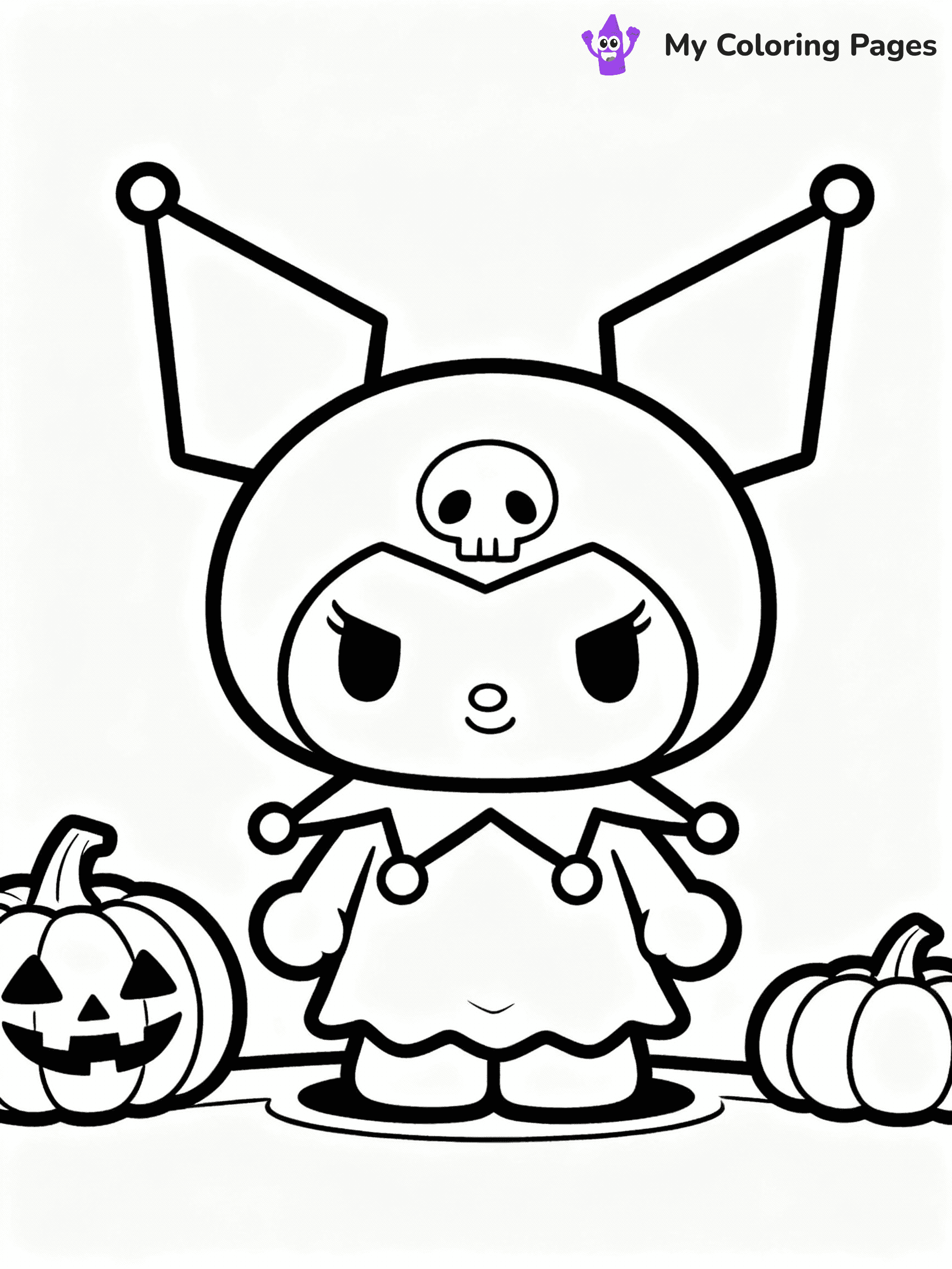 ⚠️ CRITICAL REQUIREMENT - ABSOLUTE BLACK AND WHITE ONLY ⚠️
This MUST be a BLACK AND WHITE line drawing ONLY. NO COLORS whatsoever.
- ONLY pure black lines (#000000) on pure white background (#FFFFFF)
- ABSOLUTELY NO colors, NO shading, NO gradients, NO grayscale
- If there are ANY colors in the output, the image is REJECTED
- This is a COLORING PAGE - meant to be COLORED IN by children
- The output must be UNCOLORED line art ready for coloring
⚠️ SUBJECT TO DRAW: Kuromi from Sanrio dressed in a spooky Halloween costume. PURE OUTLINES. NO FILLS, COLOR, SHADING, OR GREYSCALE. WHITE BACKGROUND.
(REMEMBER: Output must be BLACK AND WHITE line art only, NOT colored!)
# Flat, Friendly Cartoon Line-Art Coloring Page
You are generating a **pure black-and-white binary image** of a child-friendly cartoon scene combining characters and background scenery in one cohesive composition.
## Rendering Rules (Strict)
- Only two colors: pure black (#000000) outlines and pure white (#FFFFFF) background.
- No grayscale, shading, gradients, tints, fills, transparency, or partial pixels.
- No antialiasing or blended edges; every pixel is 100% black or white.
- No solid black fills inside shapes — all areas inside outlines must remain white.
- No dark clothing areas or filled tone blocks; all garments outlined only.
- No shadows, textures, lighting, or tonal variations.
- Must look like flat binary vector line-art for coloring pages.
## Drawing & Composition
- **Medium, consistent line weight**; clean closed outlines easy to color inside.
- **Flat, simple, child-friendly design** — no realism or 3D depth.
- Characters are **grounded on a surface**, centered and large.
- **Balanced composition** with clear silhouettes and minimal props.
## Scenery & Style
- Landmarks (e.g., mosque, CN Tower) and scenery (trees, benches, waves) drawn with **black outlines only.**
- For real-world figures, teams, or places, show accurate details using only black outlines—no text or logos. Use distinctive uniform patterns, abstract symbols, and landmark silhouettes to convey identity.
- Keep **consistent perspective**; no floating elements.
- **Style:** whimsical **Doodle Art Alley** — rounded, friendly outlines.
- May adapt shapes from **Crayola, Disney, Peppa Pig, Cocomelon** — *by shape only, never color.*
- Final output: **flat, crisp, binary (#000000/#FFFFFF)**, **no filled color or background text.**
EXTREMELYE IMPORTANT:
- PURE BINARY LINE-ART; NO FILLS (HAIR/CLOTHES/SKIN), SHADING, OR GREY.
- NO SHADING, COLOR. MUST BE WHITE BACKGROUND.
⚠️ FINAL REMINDER: Draw the subject "Kuromi from Sanrio dressed in a spooky Halloween costume. PURE OUTLINES. NO FILLS, COLOR, SHADING, OR GREYSCALE. WHITE BACKGROUND." as BLACK AND WHITE line art. Zero colors in output.
