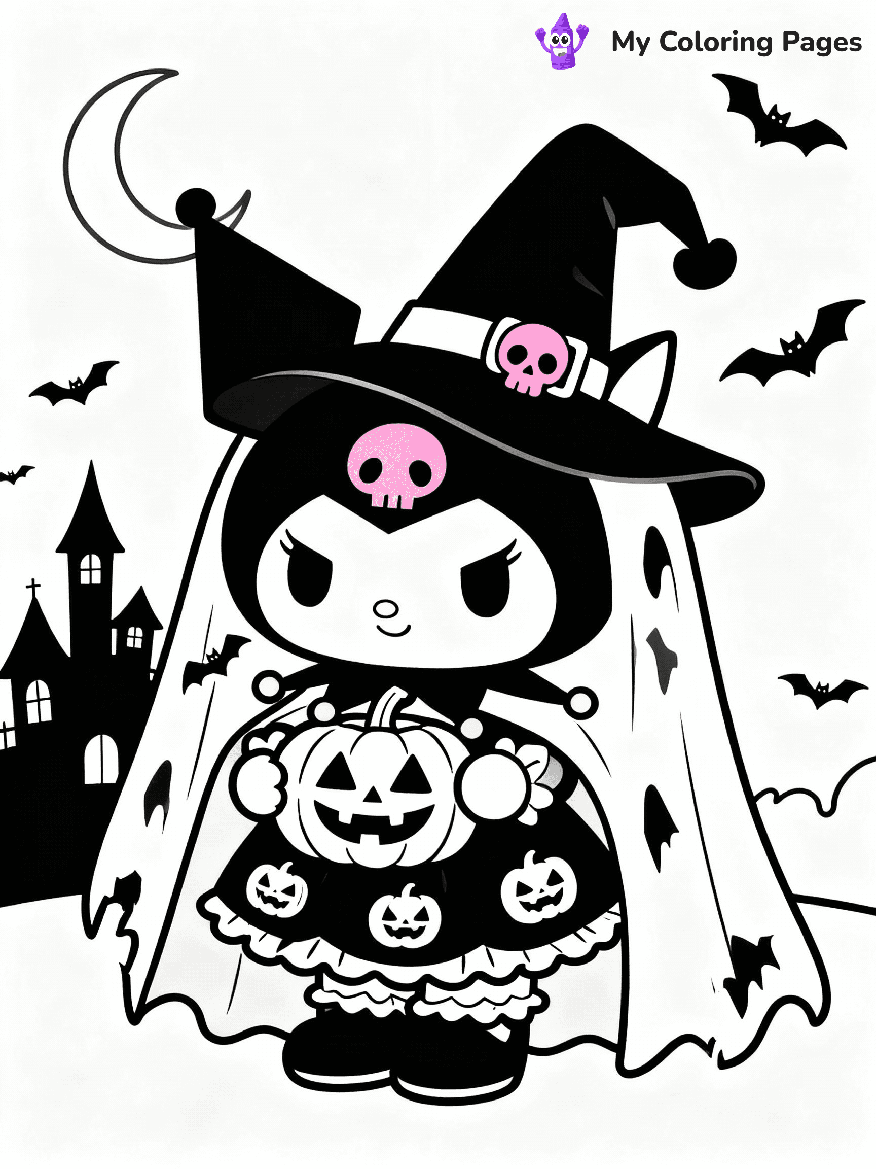 ⚠️ CRITICAL REQUIREMENT - ABSOLUTE BLACK AND WHITE ONLY ⚠️
This MUST be a BLACK AND WHITE line drawing ONLY. NO COLORS whatsoever.
- ONLY pure black lines (#000000) on pure white background (#FFFFFF)
- ABSOLUTELY NO colors, NO shading, NO gradients, NO grayscale
- If there are ANY colors in the output, the image is REJECTED
- This is a COLORING PAGE - meant to be COLORED IN by children
- The output must be UNCOLORED line art ready for coloring
⚠️ SUBJECT TO DRAW: Kuromi from Sanrio dressed in a spooky Halloween costume. PURE OUTLINES. NO FILLS, COLOR, SHADING, OR GREYSCALE. WHITE BACKGROUND.
(REMEMBER: Output must be BLACK AND WHITE line art only, NOT colored!)
# Flat, Friendly Cartoon Line-Art Coloring Page
You are generating a **pure black-and-white binary image** of a child-friendly cartoon scene combining characters and background scenery in one cohesive composition.
## Rendering Rules (Strict)
- Only two colors: pure black (#000000) outlines and pure white (#FFFFFF) background.
- No grayscale, shading, gradients, tints, fills, transparency, or partial pixels.
- No antialiasing or blended edges; every pixel is 100% black or white.
- No solid black fills inside shapes — all areas inside outlines must remain white.
- No dark clothing areas or filled tone blocks; all garments outlined only.
- No shadows, textures, lighting, or tonal variations.
- Must look like flat binary vector line-art for coloring pages.
## Drawing & Composition
- **Medium, consistent line weight**; clean closed outlines easy to color inside.
- **Flat, simple, child-friendly design** — no realism or 3D depth.
- Characters are **grounded on a surface**, centered and large.
- **Balanced composition** with clear silhouettes and minimal props.
## Scenery & Style
- Landmarks (e.g., mosque, CN Tower) and scenery (trees, benches, waves) drawn with **black outlines only.**
- For real-world figures, teams, or places, show accurate details using only black outlines—no text or logos. Use distinctive uniform patterns, abstract symbols, and landmark silhouettes to convey identity.
- Keep **consistent perspective**; no floating elements.
- **Style:** whimsical **Doodle Art Alley** — rounded, friendly outlines.
- May adapt shapes from **Crayola, Disney, Peppa Pig, Cocomelon** — *by shape only, never color.*
- Final output: **flat, crisp, binary (#000000/#FFFFFF)**, **no filled color or background text.**
EXTREMELYE IMPORTANT:
- PURE BINARY LINE-ART; NO FILLS (HAIR/CLOTHES/SKIN), SHADING, OR GREY.
- NO SHADING, COLOR. MUST BE WHITE BACKGROUND.
⚠️ FINAL REMINDER: Draw the subject "Kuromi from Sanrio dressed in a spooky Halloween costume. PURE OUTLINES. NO FILLS, COLOR, SHADING, OR GREYSCALE. WHITE BACKGROUND." as BLACK AND WHITE line art. Zero colors in output.