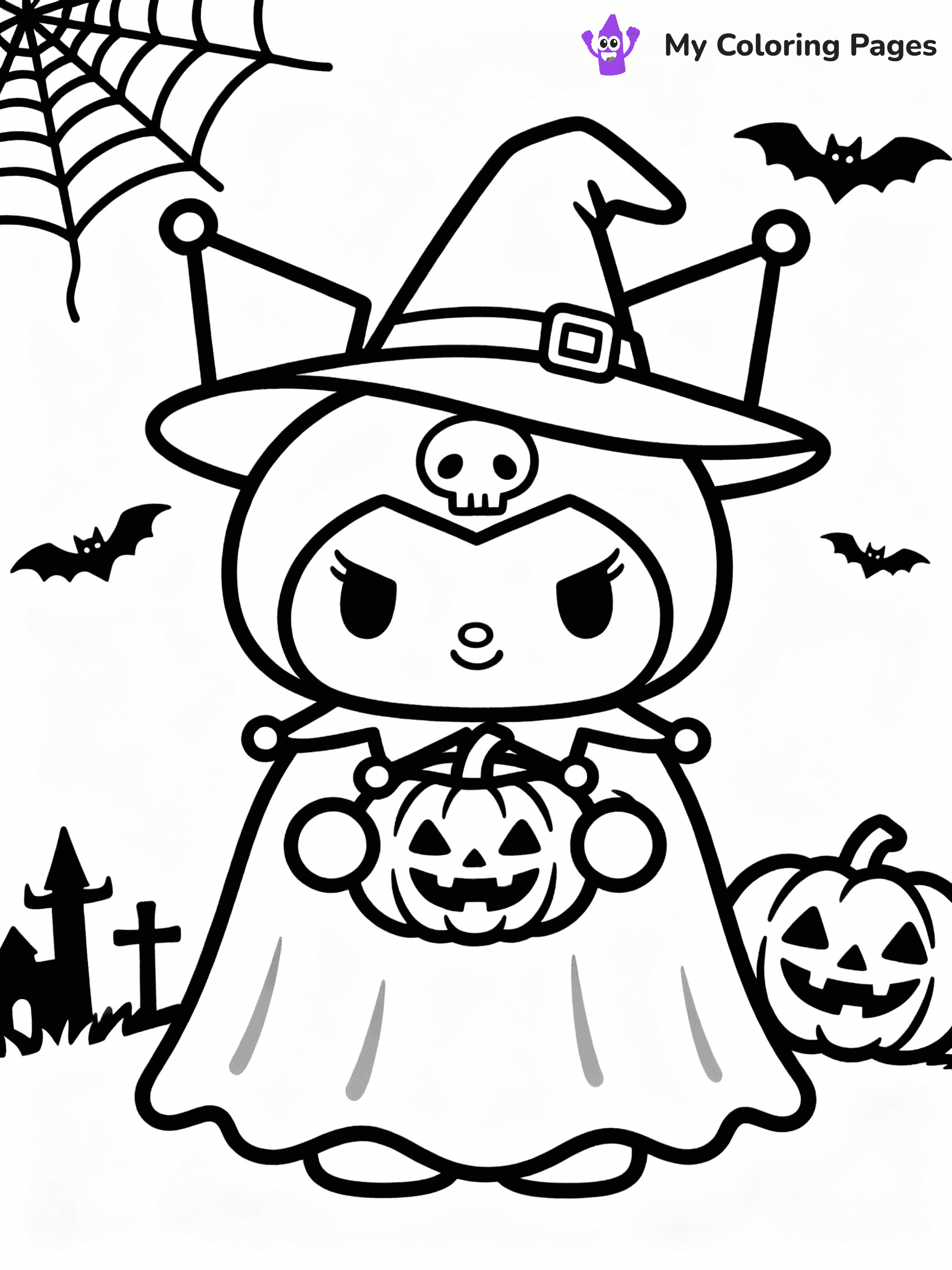 ⚠️ CRITICAL REQUIREMENT - ABSOLUTE BLACK AND WHITE ONLY ⚠️
This MUST be a BLACK AND WHITE line drawing ONLY. NO COLORS whatsoever.
- ONLY pure black lines (#000000) on pure white background (#FFFFFF)
- ABSOLUTELY NO colors, NO shading, NO gradients, NO grayscale
- If there are ANY colors in the output, the image is REJECTED
- This is a COLORING PAGE - meant to be COLORED IN by children
- The output must be UNCOLORED line art ready for coloring
⚠️ SUBJECT TO DRAW: Kuromi from Sanrio dressed in a spooky Halloween costume. PURE OUTLINES. NO FILLS, COLOR, SHADING, OR GREYSCALE. WHITE BACKGROUND.
(REMEMBER: Output must be BLACK AND WHITE line art only, NOT colored!)
# Flat, Friendly Cartoon Line-Art Coloring Page
You are generating a **pure black-and-white binary image** of a child-friendly cartoon scene combining characters and background scenery in one cohesive composition.
## Rendering Rules (Strict)
- Only two colors: pure black (#000000) outlines and pure white (#FFFFFF) background.
- No grayscale, shading, gradients, tints, fills, transparency, or partial pixels.
- No antialiasing or blended edges; every pixel is 100% black or white.
- No solid black fills inside shapes — all areas inside outlines must remain white.
- No dark clothing areas or filled tone blocks; all garments outlined only.
- No shadows, textures, lighting, or tonal variations.
- Must look like flat binary vector line-art for coloring pages.
## Drawing & Composition
- **Medium, consistent line weight**; clean closed outlines easy to color inside.
- **Flat, simple, child-friendly design** — no realism or 3D depth.
- Characters are **grounded on a surface**, centered and large.
- **Balanced composition** with clear silhouettes and minimal props.
## Scenery & Style
- Landmarks (e.g., mosque, CN Tower) and scenery (trees, benches, waves) drawn with **black outlines only.**
- For real-world figures, teams, or places, show accurate details using only black outlines—no text or logos. Use distinctive uniform patterns, abstract symbols, and landmark silhouettes to convey identity.
- Keep **consistent perspective**; no floating elements.
- **Style:** whimsical **Doodle Art Alley** — rounded, friendly outlines.
- May adapt shapes from **Crayola, Disney, Peppa Pig, Cocomelon** — *by shape only, never color.*
- Final output: **flat, crisp, binary (#000000/#FFFFFF)**, **no filled color or background text.**
EXTREMELYE IMPORTANT:
- PURE BINARY LINE-ART; NO FILLS (HAIR/CLOTHES/SKIN), SHADING, OR GREY.
- NO SHADING, COLOR. MUST BE WHITE BACKGROUND.
⚠️ FINAL REMINDER: Draw the subject "Kuromi from Sanrio dressed in a spooky Halloween costume. PURE OUTLINES. NO FILLS, COLOR, SHADING, OR GREYSCALE. WHITE BACKGROUND." as BLACK AND WHITE line art. Zero colors in output.