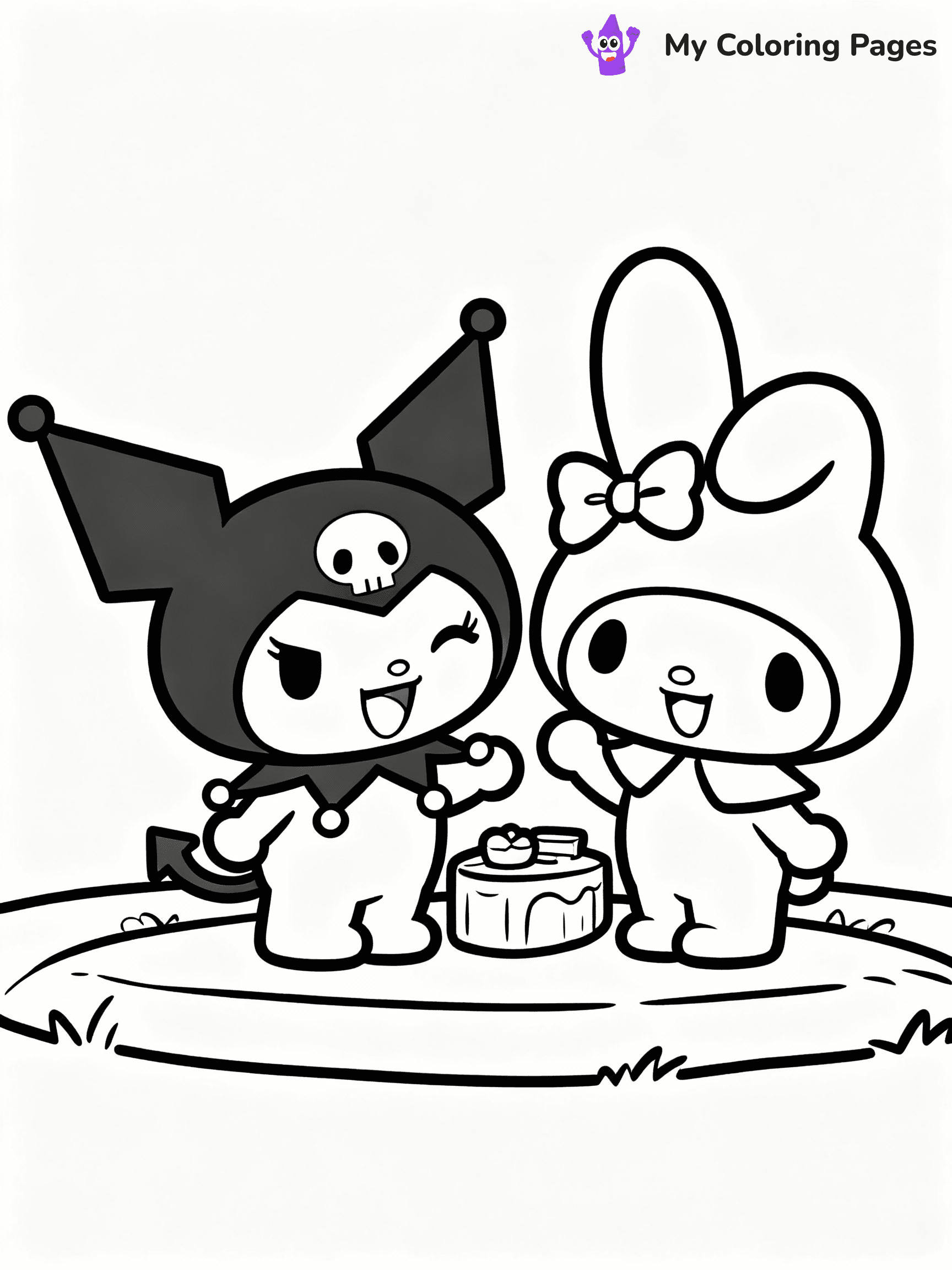 ⚠️ CRITICAL REQUIREMENT - ABSOLUTE BLACK AND WHITE ONLY ⚠️
This MUST be a BLACK AND WHITE line drawing ONLY. NO COLORS whatsoever.
- ONLY pure black lines (#000000) on pure white background (#FFFFFF)
- ABSOLUTELY NO colors, NO shading, NO gradients, NO grayscale
- If there are ANY colors in the output, the image is REJECTED
- This is a COLORING PAGE - meant to be COLORED IN by children
- The output must be UNCOLORED line art ready for coloring
⚠️ SUBJECT TO DRAW: Kuromi from Sanrio sharing a laugh with My Melody. PURE OUTLINES. NO FILLS, COLOR, SHADING, OR GREYSCALE. WHITE BACKGROUND.
(REMEMBER: Output must be BLACK AND WHITE line art only, NOT colored!)
# Flat, Friendly Cartoon Line-Art Coloring Page
You are generating a **pure black-and-white binary image** of a child-friendly cartoon scene combining characters and background scenery in one cohesive composition.
## Rendering Rules (Strict)
- Only two colors: pure black (#000000) outlines and pure white (#FFFFFF) background.
- No grayscale, shading, gradients, tints, fills, transparency, or partial pixels.
- No antialiasing or blended edges; every pixel is 100% black or white.
- No solid black fills inside shapes — all areas inside outlines must remain white.
- No dark clothing areas or filled tone blocks; all garments outlined only.
- No shadows, textures, lighting, or tonal variations.
- Must look like flat binary vector line-art for coloring pages.
## Drawing & Composition
- **Medium, consistent line weight**; clean closed outlines easy to color inside.
- **Flat, simple, child-friendly design** — no realism or 3D depth.
- Characters are **grounded on a surface**, centered and large.
- **Balanced composition** with clear silhouettes and minimal props.
## Scenery & Style
- Landmarks (e.g., mosque, CN Tower) and scenery (trees, benches, waves) drawn with **black outlines only.**
- For real-world figures, teams, or places, show accurate details using only black outlines—no text or logos. Use distinctive uniform patterns, abstract symbols, and landmark silhouettes to convey identity.
- Keep **consistent perspective**; no floating elements.
- **Style:** whimsical **Doodle Art Alley** — rounded, friendly outlines.
- May adapt shapes from **Crayola, Disney, Peppa Pig, Cocomelon** — *by shape only, never color.*
- Final output: **flat, crisp, binary (#000000/#FFFFFF)**, **no filled color or background text.**
EXTREMELYE IMPORTANT:
- PURE BINARY LINE-ART; NO FILLS (HAIR/CLOTHES/SKIN), SHADING, OR GREY.
- NO SHADING, COLOR. MUST BE WHITE BACKGROUND.
⚠️ FINAL REMINDER: Draw the subject "Kuromi from Sanrio sharing a laugh with My Melody. PURE OUTLINES. NO FILLS, COLOR, SHADING, OR GREYSCALE. WHITE BACKGROUND." as BLACK AND WHITE line art. Zero colors in output.