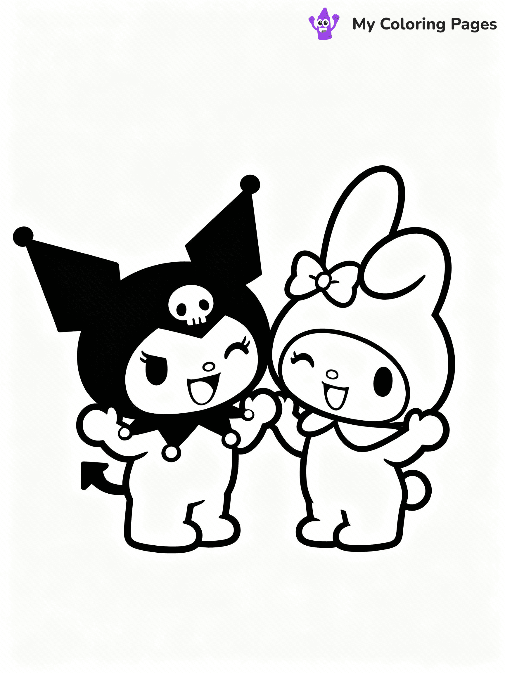 ⚠️ CRITICAL REQUIREMENT - ABSOLUTE BLACK AND WHITE ONLY ⚠️
This MUST be a BLACK AND WHITE line drawing ONLY. NO COLORS whatsoever.
- ONLY pure black lines (#000000) on pure white background (#FFFFFF)
- ABSOLUTELY NO colors, NO shading, NO gradients, NO grayscale
- If there are ANY colors in the output, the image is REJECTED
- This is a COLORING PAGE - meant to be COLORED IN by children
- The output must be UNCOLORED line art ready for coloring
⚠️ SUBJECT TO DRAW: Kuromi from Sanrio sharing a laugh with My Melody. PURE OUTLINES. NO FILLS, COLOR, SHADING, OR GREYSCALE. WHITE BACKGROUND.
(REMEMBER: Output must be BLACK AND WHITE line art only, NOT colored!)
# Flat, Friendly Cartoon Line-Art Coloring Page
You are generating a **pure black-and-white binary image** of a child-friendly cartoon scene combining characters and background scenery in one cohesive composition.
## Rendering Rules (Strict)
- Only two colors: pure black (#000000) outlines and pure white (#FFFFFF) background.
- No grayscale, shading, gradients, tints, fills, transparency, or partial pixels.
- No antialiasing or blended edges; every pixel is 100% black or white.
- No solid black fills inside shapes — all areas inside outlines must remain white.
- No dark clothing areas or filled tone blocks; all garments outlined only.
- No shadows, textures, lighting, or tonal variations.
- Must look like flat binary vector line-art for coloring pages.
## Drawing & Composition
- **Medium, consistent line weight**; clean closed outlines easy to color inside.
- **Flat, simple, child-friendly design** — no realism or 3D depth.
- Characters are **grounded on a surface**, centered and large.
- **Balanced composition** with clear silhouettes and minimal props.
## Scenery & Style
- Landmarks (e.g., mosque, CN Tower) and scenery (trees, benches, waves) drawn with **black outlines only.**
- For real-world figures, teams, or places, show accurate details using only black outlines—no text or logos. Use distinctive uniform patterns, abstract symbols, and landmark silhouettes to convey identity.
- Keep **consistent perspective**; no floating elements.
- **Style:** whimsical **Doodle Art Alley** — rounded, friendly outlines.
- May adapt shapes from **Crayola, Disney, Peppa Pig, Cocomelon** — *by shape only, never color.*
- Final output: **flat, crisp, binary (#000000/#FFFFFF)**, **no filled color or background text.**
EXTREMELYE IMPORTANT:
- PURE BINARY LINE-ART; NO FILLS (HAIR/CLOTHES/SKIN), SHADING, OR GREY.
- NO SHADING, COLOR. MUST BE WHITE BACKGROUND.
⚠️ FINAL REMINDER: Draw the subject "Kuromi from Sanrio sharing a laugh with My Melody. PURE OUTLINES. NO FILLS, COLOR, SHADING, OR GREYSCALE. WHITE BACKGROUND." as BLACK AND WHITE line art. Zero colors in output.