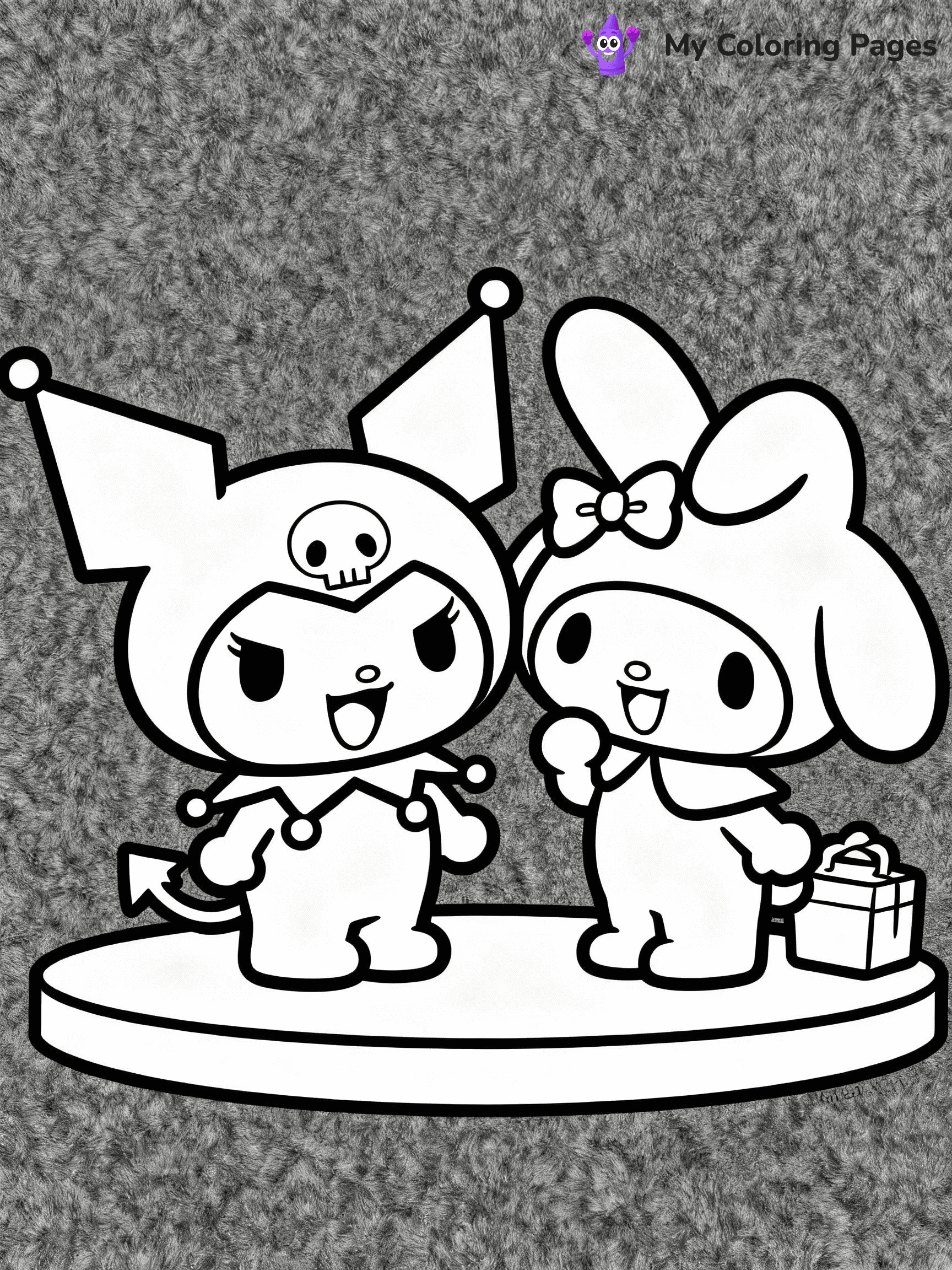 ⚠️ CRITICAL REQUIREMENT - ABSOLUTE BLACK AND WHITE ONLY ⚠️
This MUST be a BLACK AND WHITE line drawing ONLY. NO COLORS whatsoever.
- ONLY pure black lines (#000000) on pure white background (#FFFFFF)
- ABSOLUTELY NO colors, NO shading, NO gradients, NO grayscale
- If there are ANY colors in the output, the image is REJECTED
- This is a COLORING PAGE - meant to be COLORED IN by children
- The output must be UNCOLORED line art ready for coloring
⚠️ SUBJECT TO DRAW: Kuromi from Sanrio sharing a laugh with My Melody. PURE OUTLINES. NO FILLS, COLOR, SHADING, OR GREYSCALE. WHITE BACKGROUND.
(REMEMBER: Output must be BLACK AND WHITE line art only, NOT colored!)
# Flat, Friendly Cartoon Line-Art Coloring Page
You are generating a **pure black-and-white binary image** of a child-friendly cartoon scene combining characters and background scenery in one cohesive composition.
## Rendering Rules (Strict)
- Only two colors: pure black (#000000) outlines and pure white (#FFFFFF) background.
- No grayscale, shading, gradients, tints, fills, transparency, or partial pixels.
- No antialiasing or blended edges; every pixel is 100% black or white.
- No solid black fills inside shapes — all areas inside outlines must remain white.
- No dark clothing areas or filled tone blocks; all garments outlined only.
- No shadows, textures, lighting, or tonal variations.
- Must look like flat binary vector line-art for coloring pages.
## Drawing & Composition
- **Medium, consistent line weight**; clean closed outlines easy to color inside.
- **Flat, simple, child-friendly design** — no realism or 3D depth.
- Characters are **grounded on a surface**, centered and large.
- **Balanced composition** with clear silhouettes and minimal props.
## Scenery & Style
- Landmarks (e.g., mosque, CN Tower) and scenery (trees, benches, waves) drawn with **black outlines only.**
- For real-world figures, teams, or places, show accurate details using only black outlines—no text or logos. Use distinctive uniform patterns, abstract symbols, and landmark silhouettes to convey identity.
- Keep **consistent perspective**; no floating elements.
- **Style:** whimsical **Doodle Art Alley** — rounded, friendly outlines.
- May adapt shapes from **Crayola, Disney, Peppa Pig, Cocomelon** — *by shape only, never color.*
- Final output: **flat, crisp, binary (#000000/#FFFFFF)**, **no filled color or background text.**
EXTREMELYE IMPORTANT:
- PURE BINARY LINE-ART; NO FILLS (HAIR/CLOTHES/SKIN), SHADING, OR GREY.
- NO SHADING, COLOR. MUST BE WHITE BACKGROUND.
⚠️ FINAL REMINDER: Draw the subject "Kuromi from Sanrio sharing a laugh with My Melody. PURE OUTLINES. NO FILLS, COLOR, SHADING, OR GREYSCALE. WHITE BACKGROUND." as BLACK AND WHITE line art. Zero colors in output.
