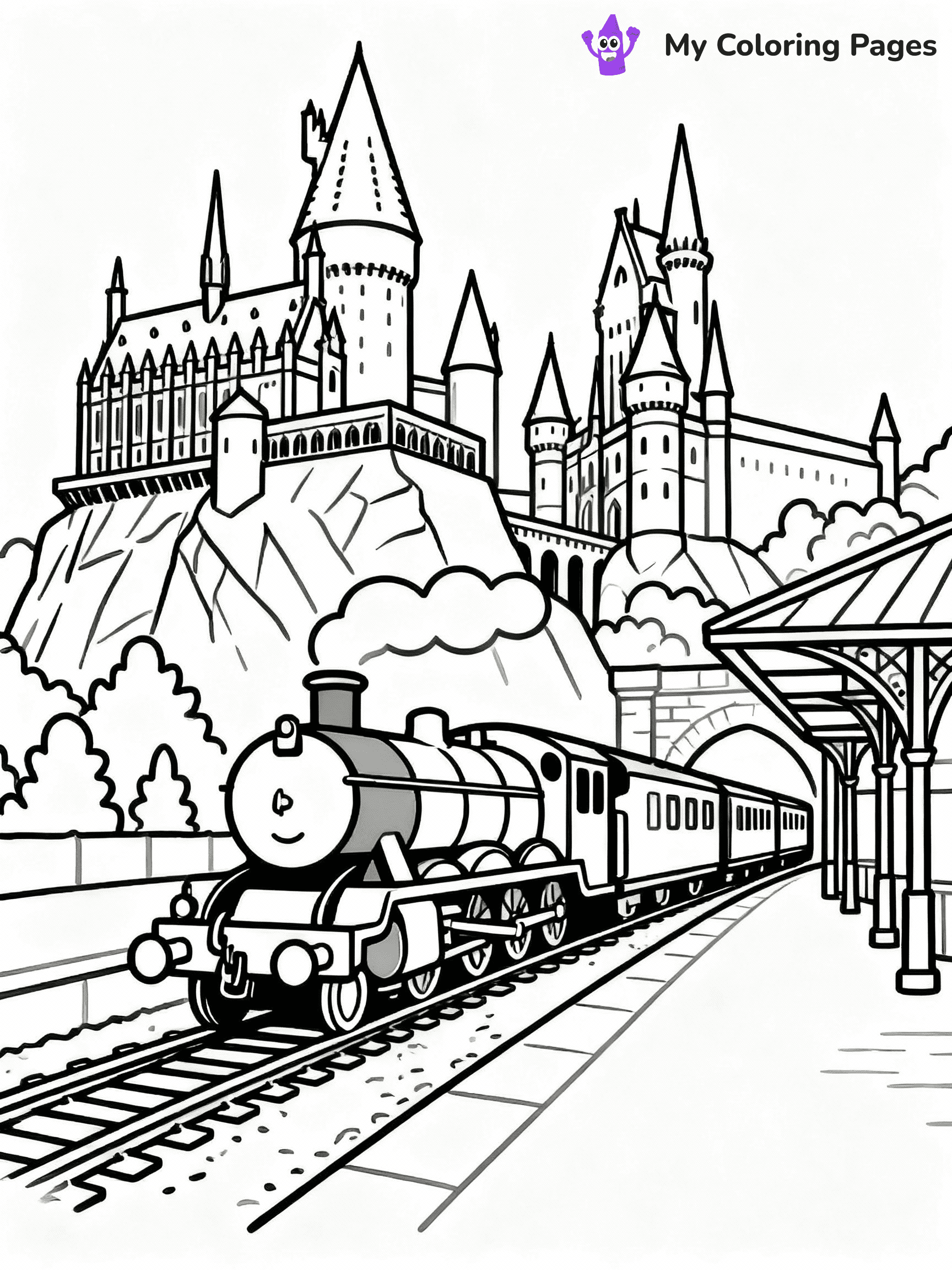 ⚠️ CRITICAL REQUIREMENT - ABSOLUTE BLACK AND WHITE ONLY ⚠️
This MUST be a BLACK AND WHITE line drawing ONLY. NO COLORS whatsoever.
- ONLY pure black lines (#000000) on pure white background (#FFFFFF)
- ABSOLUTELY NO colors, NO shading, NO gradients, NO grayscale
- If there are ANY colors in the output, the image is REJECTED
- This is a COLORING PAGE - meant to be COLORED IN by children
- The output must be UNCOLORED line art ready for coloring
⚠️ SUBJECT TO DRAW: Hogwarts Express arriving at the station, detailed Hogwarts castle in the background, in magical storybook style
(REMEMBER: Output must be BLACK AND WHITE line art only, NOT colored!)
# COLORING PAGE: BLACK OUTLINES ONLY - WHITE BACKGROUND MANDATORY
Create a **coloring book page** using EXACTLY two values: black lines, white space.
## NON-NEGOTIABLE BINARY RULES
- **ONLY #000000 (black) and #FFFFFF (white)** - NO other values exist
- **EVERY PIXEL = BLACK OR WHITE** - no gray/shading/antialiasing
- **WHITE BACKGROUND MANDATORY** - entire canvas stays white
- **ALL SHAPES HOLLOW** - everything is empty outlines waiting to be colored
- **FORBIDDEN:** fills, shading, gradients, patterns, textures, colors
- **NO SOLID REGIONS** - if it's not a thin line, it's wrong
## Universal Line Standards
- Black outlines ONLY - thin, uniform weight
- Every shape completely empty inside
- Closed contours suitable for coloring
- Simple flat illustration - zero depth/3D/realism
- **Style:** Whimsical Doodle Art Alley - rounded, friendly outlines (unless specified)
## Everything = Outline Only
- Characters/animals: hollow shapes
- Objects/clothing: empty contours
- Backgrounds/scenery: line work only
- Natural elements: outlined forms
- Dark/night areas: don't exist (use outlined symbols)
- Textures/patterns: convert to simple lines
## The Test
Can a child color EVERY white space with crayons? If any area is pre-filled/shaded/gray or colored in, it FAILS. Every shape must be waiting to receive color.
**FINAL OUTPUT**: Binary coloring page. Black lines define shapes. White spaces ready for coloring. Nothing else exists. No exceptions. Print-ready.
⚠️ FINAL REMINDER: Draw the subject "Hogwarts Express arriving at the station, detailed Hogwarts castle in the background, in magical storybook style" as BLACK AND WHITE line art. Zero colors in output.