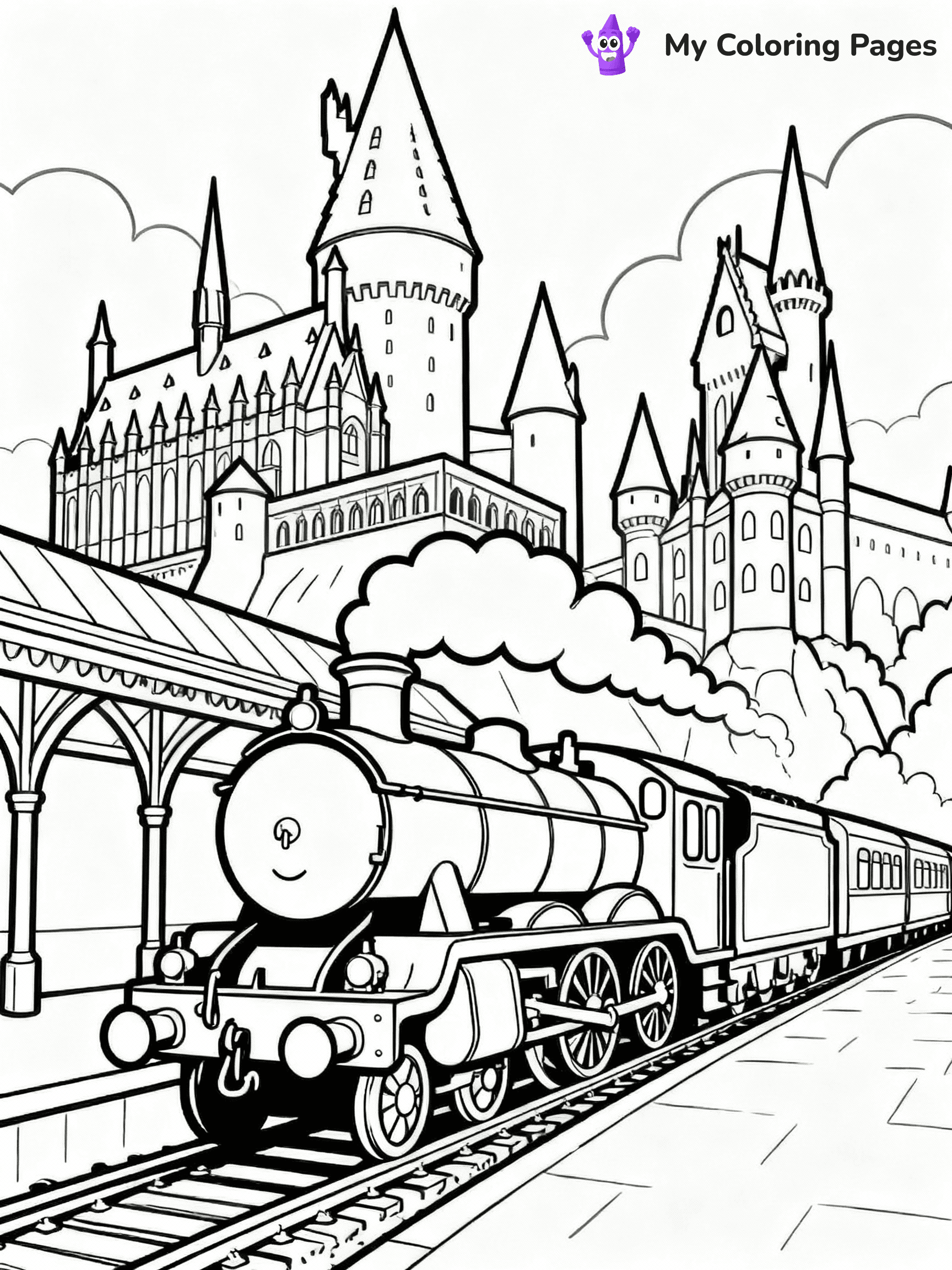 ⚠️ CRITICAL REQUIREMENT - ABSOLUTE BLACK AND WHITE ONLY ⚠️
This MUST be a BLACK AND WHITE line drawing ONLY. NO COLORS whatsoever.
- ONLY pure black lines (#000000) on pure white background (#FFFFFF)
- ABSOLUTELY NO colors, NO shading, NO gradients, NO grayscale
- If there are ANY colors in the output, the image is REJECTED
- This is a COLORING PAGE - meant to be COLORED IN by children
- The output must be UNCOLORED line art ready for coloring
⚠️ SUBJECT TO DRAW: Hogwarts Express arriving at the station, detailed Hogwarts castle in the background, in magical storybook style
(REMEMBER: Output must be BLACK AND WHITE line art only, NOT colored!)
# COLORING PAGE: BLACK OUTLINES ONLY - WHITE BACKGROUND MANDATORY
Create a **coloring book page** using EXACTLY two values: black lines, white space.
## NON-NEGOTIABLE BINARY RULES
- **ONLY #000000 (black) and #FFFFFF (white)** - NO other values exist
- **EVERY PIXEL = BLACK OR WHITE** - no gray/shading/antialiasing
- **WHITE BACKGROUND MANDATORY** - entire canvas stays white
- **ALL SHAPES HOLLOW** - everything is empty outlines waiting to be colored
- **FORBIDDEN:** fills, shading, gradients, patterns, textures, colors
- **NO SOLID REGIONS** - if it's not a thin line, it's wrong
## Universal Line Standards
- Black outlines ONLY - thin, uniform weight
- Every shape completely empty inside
- Closed contours suitable for coloring
- Simple flat illustration - zero depth/3D/realism
- **Style:** Whimsical Doodle Art Alley - rounded, friendly outlines (unless specified)
## Everything = Outline Only
- Characters/animals: hollow shapes
- Objects/clothing: empty contours
- Backgrounds/scenery: line work only
- Natural elements: outlined forms
- Dark/night areas: don't exist (use outlined symbols)
- Textures/patterns: convert to simple lines
## The Test
Can a child color EVERY white space with crayons? If any area is pre-filled/shaded/gray or colored in, it FAILS. Every shape must be waiting to receive color.
**FINAL OUTPUT**: Binary coloring page. Black lines define shapes. White spaces ready for coloring. Nothing else exists. No exceptions. Print-ready.
⚠️ FINAL REMINDER: Draw the subject "Hogwarts Express arriving at the station, detailed Hogwarts castle in the background, in magical storybook style" as BLACK AND WHITE line art. Zero colors in output.