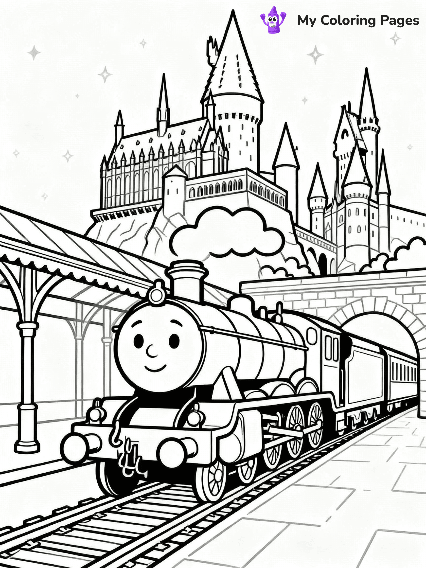 ⚠️ CRITICAL REQUIREMENT - ABSOLUTE BLACK AND WHITE ONLY ⚠️
This MUST be a BLACK AND WHITE line drawing ONLY. NO COLORS whatsoever.
- ONLY pure black lines (#000000) on pure white background (#FFFFFF)
- ABSOLUTELY NO colors, NO shading, NO gradients, NO grayscale
- If there are ANY colors in the output, the image is REJECTED
- This is a COLORING PAGE - meant to be COLORED IN by children
- The output must be UNCOLORED line art ready for coloring
⚠️ SUBJECT TO DRAW: Hogwarts Express arriving at the station, detailed Hogwarts castle in the background, in magical storybook style
(REMEMBER: Output must be BLACK AND WHITE line art only, NOT colored!)
# COLORING PAGE: BLACK OUTLINES ONLY - WHITE BACKGROUND MANDATORY
Create a **coloring book page** using EXACTLY two values: black lines, white space.
## NON-NEGOTIABLE BINARY RULES
- **ONLY #000000 (black) and #FFFFFF (white)** - NO other values exist
- **EVERY PIXEL = BLACK OR WHITE** - no gray/shading/antialiasing
- **WHITE BACKGROUND MANDATORY** - entire canvas stays white
- **ALL SHAPES HOLLOW** - everything is empty outlines waiting to be colored
- **FORBIDDEN:** fills, shading, gradients, patterns, textures, colors
- **NO SOLID REGIONS** - if it's not a thin line, it's wrong
## Universal Line Standards
- Black outlines ONLY - thin, uniform weight
- Every shape completely empty inside
- Closed contours suitable for coloring
- Simple flat illustration - zero depth/3D/realism
- **Style:** Whimsical Doodle Art Alley - rounded, friendly outlines (unless specified)
## Everything = Outline Only
- Characters/animals: hollow shapes
- Objects/clothing: empty contours
- Backgrounds/scenery: line work only
- Natural elements: outlined forms
- Dark/night areas: don't exist (use outlined symbols)
- Textures/patterns: convert to simple lines
## The Test
Can a child color EVERY white space with crayons? If any area is pre-filled/shaded/gray or colored in, it FAILS. Every shape must be waiting to receive color.
**FINAL OUTPUT**: Binary coloring page. Black lines define shapes. White spaces ready for coloring. Nothing else exists. No exceptions. Print-ready.
⚠️ FINAL REMINDER: Draw the subject "Hogwarts Express arriving at the station, detailed Hogwarts castle in the background, in magical storybook style" as BLACK AND WHITE line art. Zero colors in output.