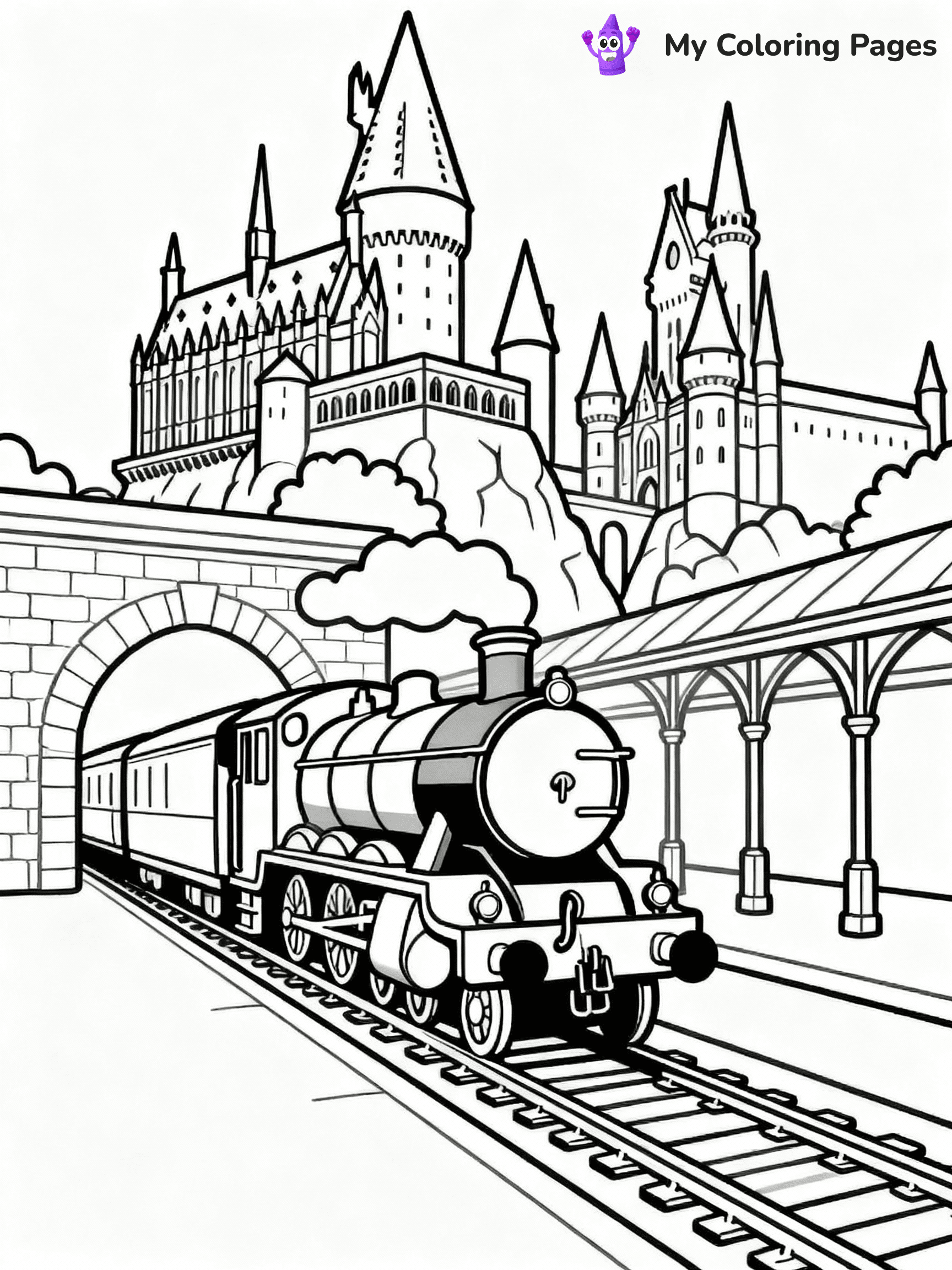 ⚠️ CRITICAL REQUIREMENT - ABSOLUTE BLACK AND WHITE ONLY ⚠️
This MUST be a BLACK AND WHITE line drawing ONLY. NO COLORS whatsoever.
- ONLY pure black lines (#000000) on pure white background (#FFFFFF)
- ABSOLUTELY NO colors, NO shading, NO gradients, NO grayscale
- If there are ANY colors in the output, the image is REJECTED
- This is a COLORING PAGE - meant to be COLORED IN by children
- The output must be UNCOLORED line art ready for coloring
⚠️ SUBJECT TO DRAW: Hogwarts Express arriving at the station, detailed Hogwarts castle in the background, in magical storybook style
(REMEMBER: Output must be BLACK AND WHITE line art only, NOT colored!)
# COLORING PAGE: BLACK OUTLINES ONLY - WHITE BACKGROUND MANDATORY
Create a **coloring book page** using EXACTLY two values: black lines, white space.
## NON-NEGOTIABLE BINARY RULES
- **ONLY #000000 (black) and #FFFFFF (white)** - NO other values exist
- **EVERY PIXEL = BLACK OR WHITE** - no gray/shading/antialiasing
- **WHITE BACKGROUND MANDATORY** - entire canvas stays white
- **ALL SHAPES HOLLOW** - everything is empty outlines waiting to be colored
- **FORBIDDEN:** fills, shading, gradients, patterns, textures, colors
- **NO SOLID REGIONS** - if it's not a thin line, it's wrong
## Universal Line Standards
- Black outlines ONLY - thin, uniform weight
- Every shape completely empty inside
- Closed contours suitable for coloring
- Simple flat illustration - zero depth/3D/realism
- **Style:** Whimsical Doodle Art Alley - rounded, friendly outlines (unless specified)
## Everything = Outline Only
- Characters/animals: hollow shapes
- Objects/clothing: empty contours
- Backgrounds/scenery: line work only
- Natural elements: outlined forms
- Dark/night areas: don't exist (use outlined symbols)
- Textures/patterns: convert to simple lines
## The Test
Can a child color EVERY white space with crayons? If any area is pre-filled/shaded/gray or colored in, it FAILS. Every shape must be waiting to receive color.
**FINAL OUTPUT**: Binary coloring page. Black lines define shapes. White spaces ready for coloring. Nothing else exists. No exceptions. Print-ready.
⚠️ FINAL REMINDER: Draw the subject "Hogwarts Express arriving at the station, detailed Hogwarts castle in the background, in magical storybook style" as BLACK AND WHITE line art. Zero colors in output.