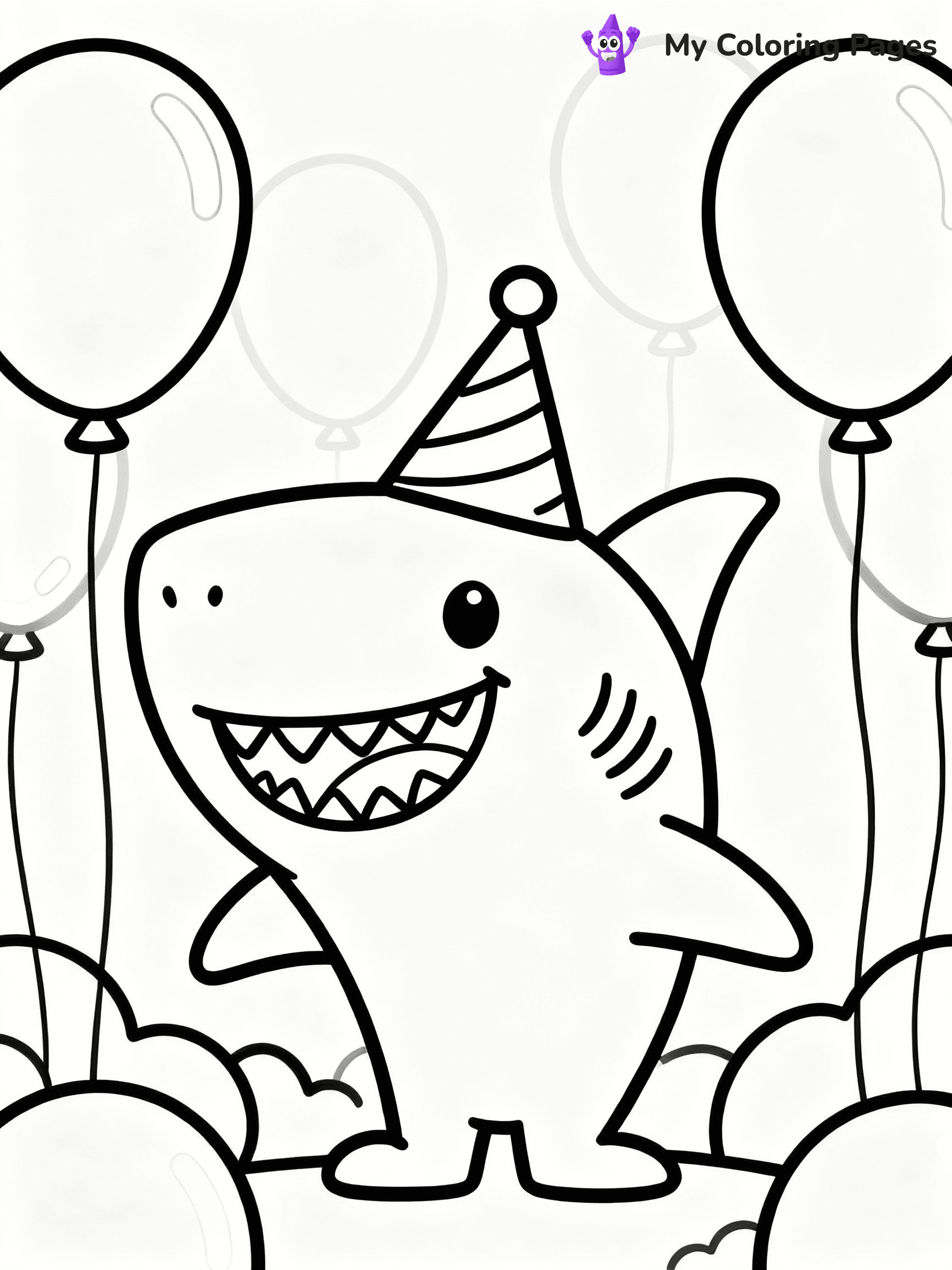 ⚠️ CRITICAL REQUIREMENT - ABSOLUTE BLACK AND WHITE ONLY ⚠️
This MUST be a BLACK AND WHITE line drawing ONLY. NO COLORS whatsoever.
- ONLY pure black lines (#000000) on pure white background (#FFFFFF)
- ABSOLUTELY NO colors, NO shading, NO gradients, NO grayscale
- If there are ANY colors in the output, the image is REJECTED
- This is a COLORING PAGE - meant to be COLORED IN by children
- The output must be UNCOLORED line art ready for coloring
⚠️ SUBJECT TO DRAW: Cartoon shark with big smile, wearing a party hat, surrounded by balloons, playful style
(REMEMBER: Output must be BLACK AND WHITE line art only, NOT colored!)
# COLORING PAGE: BLACK OUTLINES ONLY - WHITE BACKGROUND MANDATORY
Create a **coloring book page** using EXACTLY two values: black lines, white space.
## NON-NEGOTIABLE BINARY RULES
- **ONLY #000000 (black) and #FFFFFF (white)** - NO other values exist
- **EVERY PIXEL = BLACK OR WHITE** - no gray/shading/antialiasing
- **WHITE BACKGROUND MANDATORY** - entire canvas stays white
- **ALL SHAPES HOLLOW** - everything is empty outlines waiting to be colored
- **FORBIDDEN:** fills, shading, gradients, patterns, textures, colors
- **NO SOLID REGIONS** - if it's not a thin line, it's wrong
## Universal Line Standards
- Black outlines ONLY - thin, uniform weight
- Every shape completely empty inside
- Closed contours suitable for coloring
- Simple flat illustration - zero depth/3D/realism
- **Style:** Whimsical Doodle Art Alley - rounded, friendly outlines (unless specified)
## Everything = Outline Only
- Characters/animals: hollow shapes
- Objects/clothing: empty contours
- Backgrounds/scenery: line work only
- Natural elements: outlined forms
- Dark/night areas: don't exist (use outlined symbols)
- Textures/patterns: convert to simple lines
## The Test
Can a child color EVERY white space with crayons? If any area is pre-filled/shaded/gray or colored in, it FAILS. Every shape must be waiting to receive color.
**FINAL OUTPUT**: Binary coloring page. Black lines define shapes. White spaces ready for coloring. Nothing else exists. No exceptions. Print-ready.
⚠️ FINAL REMINDER: Draw the subject "Cartoon shark with big smile, wearing a party hat, surrounded by balloons, playful style" as BLACK AND WHITE line art. Zero colors in output.