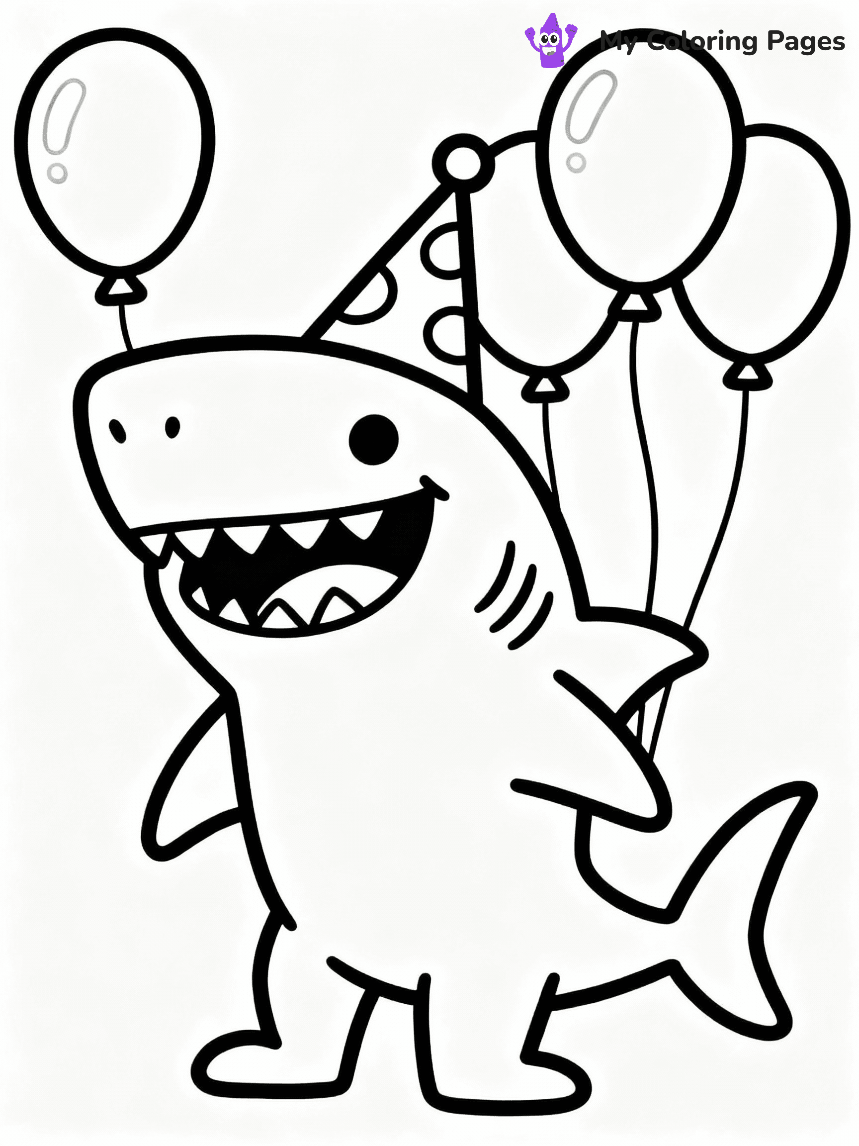 ⚠️ CRITICAL REQUIREMENT - ABSOLUTE BLACK AND WHITE ONLY ⚠️
This MUST be a BLACK AND WHITE line drawing ONLY. NO COLORS whatsoever.
- ONLY pure black lines (#000000) on pure white background (#FFFFFF)
- ABSOLUTELY NO colors, NO shading, NO gradients, NO grayscale
- If there are ANY colors in the output, the image is REJECTED
- This is a COLORING PAGE - meant to be COLORED IN by children
- The output must be UNCOLORED line art ready for coloring
⚠️ SUBJECT TO DRAW: Cartoon shark with big smile, wearing a party hat, surrounded by balloons, playful style
(REMEMBER: Output must be BLACK AND WHITE line art only, NOT colored!)
# COLORING PAGE: BLACK OUTLINES ONLY - WHITE BACKGROUND MANDATORY
Create a **coloring book page** using EXACTLY two values: black lines, white space.
## NON-NEGOTIABLE BINARY RULES
- **ONLY #000000 (black) and #FFFFFF (white)** - NO other values exist
- **EVERY PIXEL = BLACK OR WHITE** - no gray/shading/antialiasing
- **WHITE BACKGROUND MANDATORY** - entire canvas stays white
- **ALL SHAPES HOLLOW** - everything is empty outlines waiting to be colored
- **FORBIDDEN:** fills, shading, gradients, patterns, textures, colors
- **NO SOLID REGIONS** - if it's not a thin line, it's wrong
## Universal Line Standards
- Black outlines ONLY - thin, uniform weight
- Every shape completely empty inside
- Closed contours suitable for coloring
- Simple flat illustration - zero depth/3D/realism
- **Style:** Whimsical Doodle Art Alley - rounded, friendly outlines (unless specified)
## Everything = Outline Only
- Characters/animals: hollow shapes
- Objects/clothing: empty contours
- Backgrounds/scenery: line work only
- Natural elements: outlined forms
- Dark/night areas: don't exist (use outlined symbols)
- Textures/patterns: convert to simple lines
## The Test
Can a child color EVERY white space with crayons? If any area is pre-filled/shaded/gray or colored in, it FAILS. Every shape must be waiting to receive color.
**FINAL OUTPUT**: Binary coloring page. Black lines define shapes. White spaces ready for coloring. Nothing else exists. No exceptions. Print-ready.
⚠️ FINAL REMINDER: Draw the subject "Cartoon shark with big smile, wearing a party hat, surrounded by balloons, playful style" as BLACK AND WHITE line art. Zero colors in output.