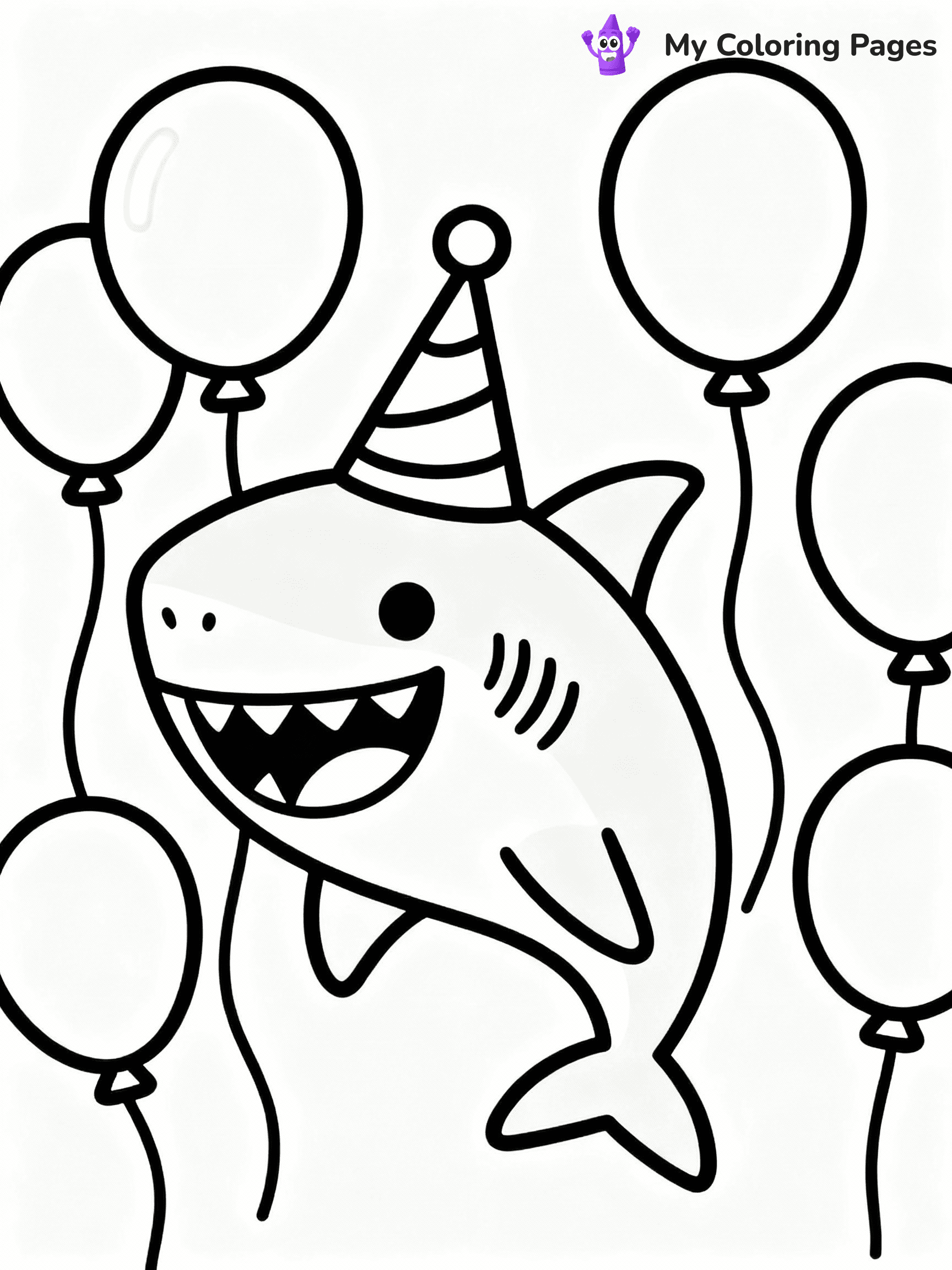 ⚠️ CRITICAL REQUIREMENT - ABSOLUTE BLACK AND WHITE ONLY ⚠️
This MUST be a BLACK AND WHITE line drawing ONLY. NO COLORS whatsoever.
- ONLY pure black lines (#000000) on pure white background (#FFFFFF)
- ABSOLUTELY NO colors, NO shading, NO gradients, NO grayscale
- If there are ANY colors in the output, the image is REJECTED
- This is a COLORING PAGE - meant to be COLORED IN by children
- The output must be UNCOLORED line art ready for coloring
⚠️ SUBJECT TO DRAW: Cartoon shark with big smile, wearing a party hat, surrounded by balloons, playful style
(REMEMBER: Output must be BLACK AND WHITE line art only, NOT colored!)
# COLORING PAGE: BLACK OUTLINES ONLY - WHITE BACKGROUND MANDATORY
Create a **coloring book page** using EXACTLY two values: black lines, white space.
## NON-NEGOTIABLE BINARY RULES
- **ONLY #000000 (black) and #FFFFFF (white)** - NO other values exist
- **EVERY PIXEL = BLACK OR WHITE** - no gray/shading/antialiasing
- **WHITE BACKGROUND MANDATORY** - entire canvas stays white
- **ALL SHAPES HOLLOW** - everything is empty outlines waiting to be colored
- **FORBIDDEN:** fills, shading, gradients, patterns, textures, colors
- **NO SOLID REGIONS** - if it's not a thin line, it's wrong
## Universal Line Standards
- Black outlines ONLY - thin, uniform weight
- Every shape completely empty inside
- Closed contours suitable for coloring
- Simple flat illustration - zero depth/3D/realism
- **Style:** Whimsical Doodle Art Alley - rounded, friendly outlines (unless specified)
## Everything = Outline Only
- Characters/animals: hollow shapes
- Objects/clothing: empty contours
- Backgrounds/scenery: line work only
- Natural elements: outlined forms
- Dark/night areas: don't exist (use outlined symbols)
- Textures/patterns: convert to simple lines
## The Test
Can a child color EVERY white space with crayons? If any area is pre-filled/shaded/gray or colored in, it FAILS. Every shape must be waiting to receive color.
**FINAL OUTPUT**: Binary coloring page. Black lines define shapes. White spaces ready for coloring. Nothing else exists. No exceptions. Print-ready.
⚠️ FINAL REMINDER: Draw the subject "Cartoon shark with big smile, wearing a party hat, surrounded by balloons, playful style" as BLACK AND WHITE line art. Zero colors in output.