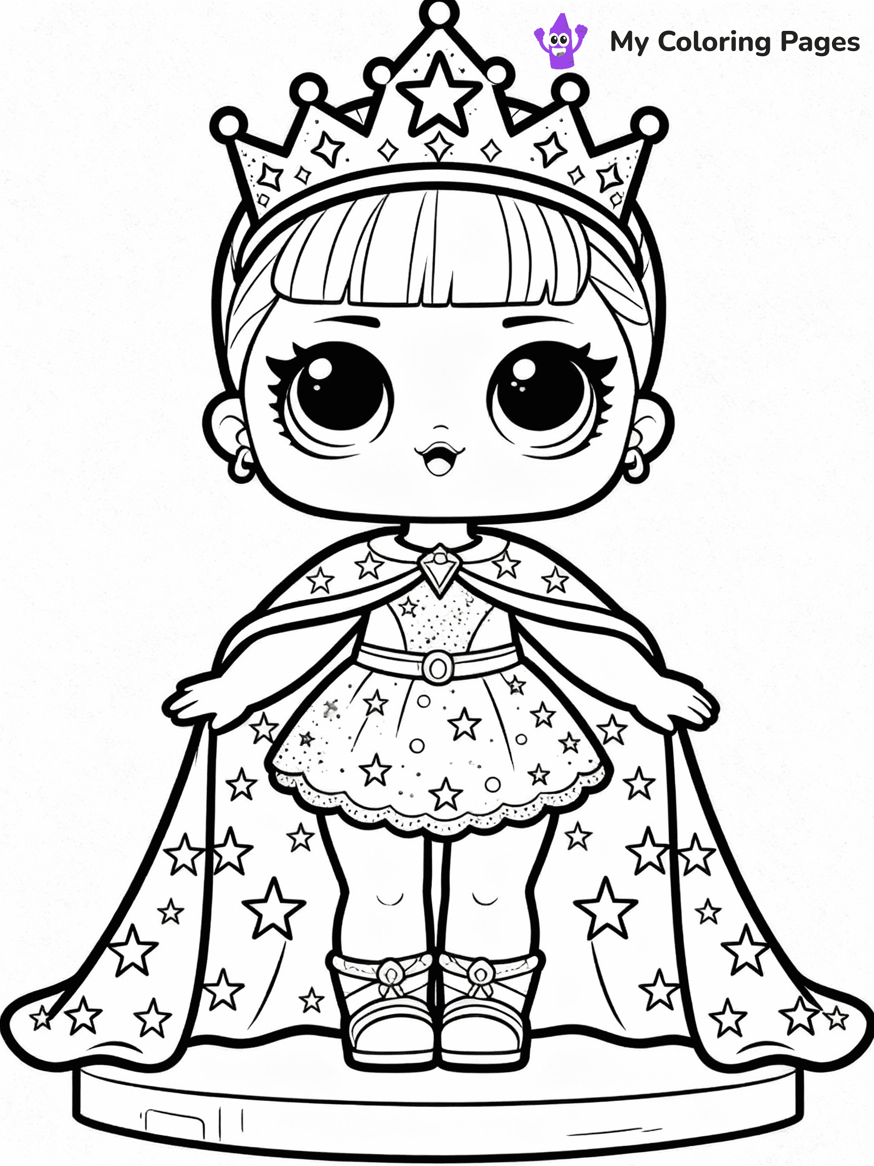 ⚠️ CRITICAL REQUIREMENT - ABSOLUTE BLACK AND WHITE ONLY ⚠️
This MUST be a BLACK AND WHITE line drawing ONLY. NO COLORS whatsoever.
- ONLY pure black lines (#000000) on pure white background (#FFFFFF)
- ABSOLUTELY NO colors, NO shading, NO gradients, NO grayscale
- If there are ANY colors in the output, the image is REJECTED
- This is a COLORING PAGE - meant to be COLORED IN by children
- The output must be UNCOLORED line art ready for coloring
⚠️ SUBJECT TO DRAW: Cosmic Queen from LOL dolls with sparkling crown, starry cape flowing. Important: PURE OUTLINES. NO FILLS, COLOR, SHADING, OR GREYSCALE. WHITE BACKGROUND.
(REMEMBER: Output must be BLACK AND WHITE line art only, NOT colored!)
# Flat, Friendly Cartoon Line-Art Coloring Page
You are generating a **pure black-and-white binary image** of a child-friendly cartoon scene combining characters and background scenery in one cohesive composition.
## Rendering Rules (Strict)
- Only two colors: pure black (#000000) outlines and pure white (#FFFFFF) background.
- No grayscale, shading, gradients, tints, fills, transparency, or partial pixels.
- No antialiasing or blended edges; every pixel is 100% black or white.
- No solid black fills inside shapes — all areas inside outlines must remain white.
- No dark clothing areas or filled tone blocks; all garments outlined only.
- No shadows, textures, lighting, or tonal variations.
- Must look like flat binary vector line-art for coloring pages.
## Drawing & Composition
- **Medium, consistent line weight**; clean closed outlines easy to color inside.
- **Flat, simple, child-friendly design** — no realism or 3D depth.
- Characters are **grounded on a surface**, centered and large.
- **Balanced composition** with clear silhouettes and minimal props.
## Scenery & Style
- Landmarks (e.g., mosque, CN Tower) and scenery (trees, benches, waves) drawn with **black outlines only.**
- For real-world figures, teams, or places, show accurate details using only black outlines—no text or logos. Use distinctive uniform patterns, abstract symbols, and landmark silhouettes to convey identity.
- Keep **consistent perspective**; no floating elements.
- **Style:** whimsical **Doodle Art Alley** — rounded, friendly outlines.
- May adapt shapes from **Crayola, Disney, Peppa Pig, Cocomelon** — *by shape only, never color.*
- Final output: **flat, crisp, binary (#000000/#FFFFFF)**, **no filled color or background text.**
EXTREMELYE IMPORTANT:
- PURE BINARY LINE-ART; NO FILLS (HAIR/CLOTHES/SKIN), SHADING, OR GREY.
- NO SHADING, COLOR. MUST BE WHITE BACKGROUND.
⚠️ FINAL REMINDER: Draw the subject "Cosmic Queen from LOL dolls with sparkling crown, starry cape flowing. Important: PURE OUTLINES. NO FILLS, COLOR, SHADING, OR GREYSCALE. WHITE BACKGROUND." as BLACK AND WHITE line art. Zero colors in output.
