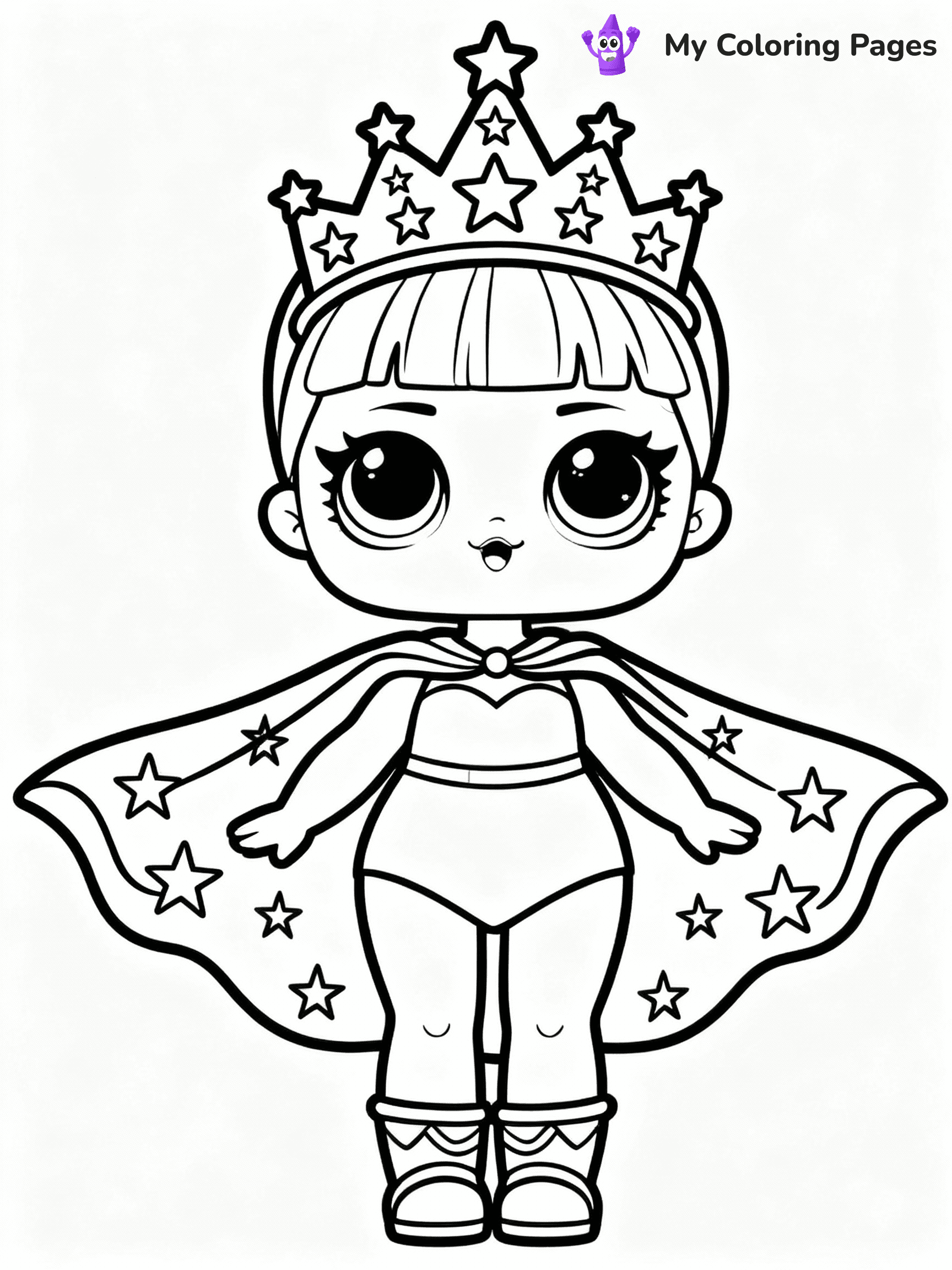 ⚠️ CRITICAL REQUIREMENT - ABSOLUTE BLACK AND WHITE ONLY ⚠️
This MUST be a BLACK AND WHITE line drawing ONLY. NO COLORS whatsoever.
- ONLY pure black lines (#000000) on pure white background (#FFFFFF)
- ABSOLUTELY NO colors, NO shading, NO gradients, NO grayscale
- If there are ANY colors in the output, the image is REJECTED
- This is a COLORING PAGE - meant to be COLORED IN by children
- The output must be UNCOLORED line art ready for coloring
⚠️ SUBJECT TO DRAW: Cosmic Queen from LOL dolls with sparkling crown, starry cape flowing. Important: PURE OUTLINES. NO FILLS, COLOR, SHADING, OR GREYSCALE. WHITE BACKGROUND.
(REMEMBER: Output must be BLACK AND WHITE line art only, NOT colored!)
# Flat, Friendly Cartoon Line-Art Coloring Page
You are generating a **pure black-and-white binary image** of a child-friendly cartoon scene combining characters and background scenery in one cohesive composition.
## Rendering Rules (Strict)
- Only two colors: pure black (#000000) outlines and pure white (#FFFFFF) background.
- No grayscale, shading, gradients, tints, fills, transparency, or partial pixels.
- No antialiasing or blended edges; every pixel is 100% black or white.
- No solid black fills inside shapes — all areas inside outlines must remain white.
- No dark clothing areas or filled tone blocks; all garments outlined only.
- No shadows, textures, lighting, or tonal variations.
- Must look like flat binary vector line-art for coloring pages.
## Drawing & Composition
- **Medium, consistent line weight**; clean closed outlines easy to color inside.
- **Flat, simple, child-friendly design** — no realism or 3D depth.
- Characters are **grounded on a surface**, centered and large.
- **Balanced composition** with clear silhouettes and minimal props.
## Scenery & Style
- Landmarks (e.g., mosque, CN Tower) and scenery (trees, benches, waves) drawn with **black outlines only.**
- For real-world figures, teams, or places, show accurate details using only black outlines—no text or logos. Use distinctive uniform patterns, abstract symbols, and landmark silhouettes to convey identity.
- Keep **consistent perspective**; no floating elements.
- **Style:** whimsical **Doodle Art Alley** — rounded, friendly outlines.
- May adapt shapes from **Crayola, Disney, Peppa Pig, Cocomelon** — *by shape only, never color.*
- Final output: **flat, crisp, binary (#000000/#FFFFFF)**, **no filled color or background text.**
EXTREMELYE IMPORTANT:
- PURE BINARY LINE-ART; NO FILLS (HAIR/CLOTHES/SKIN), SHADING, OR GREY.
- NO SHADING, COLOR. MUST BE WHITE BACKGROUND.
⚠️ FINAL REMINDER: Draw the subject "Cosmic Queen from LOL dolls with sparkling crown, starry cape flowing. Important: PURE OUTLINES. NO FILLS, COLOR, SHADING, OR GREYSCALE. WHITE BACKGROUND." as BLACK AND WHITE line art. Zero colors in output.