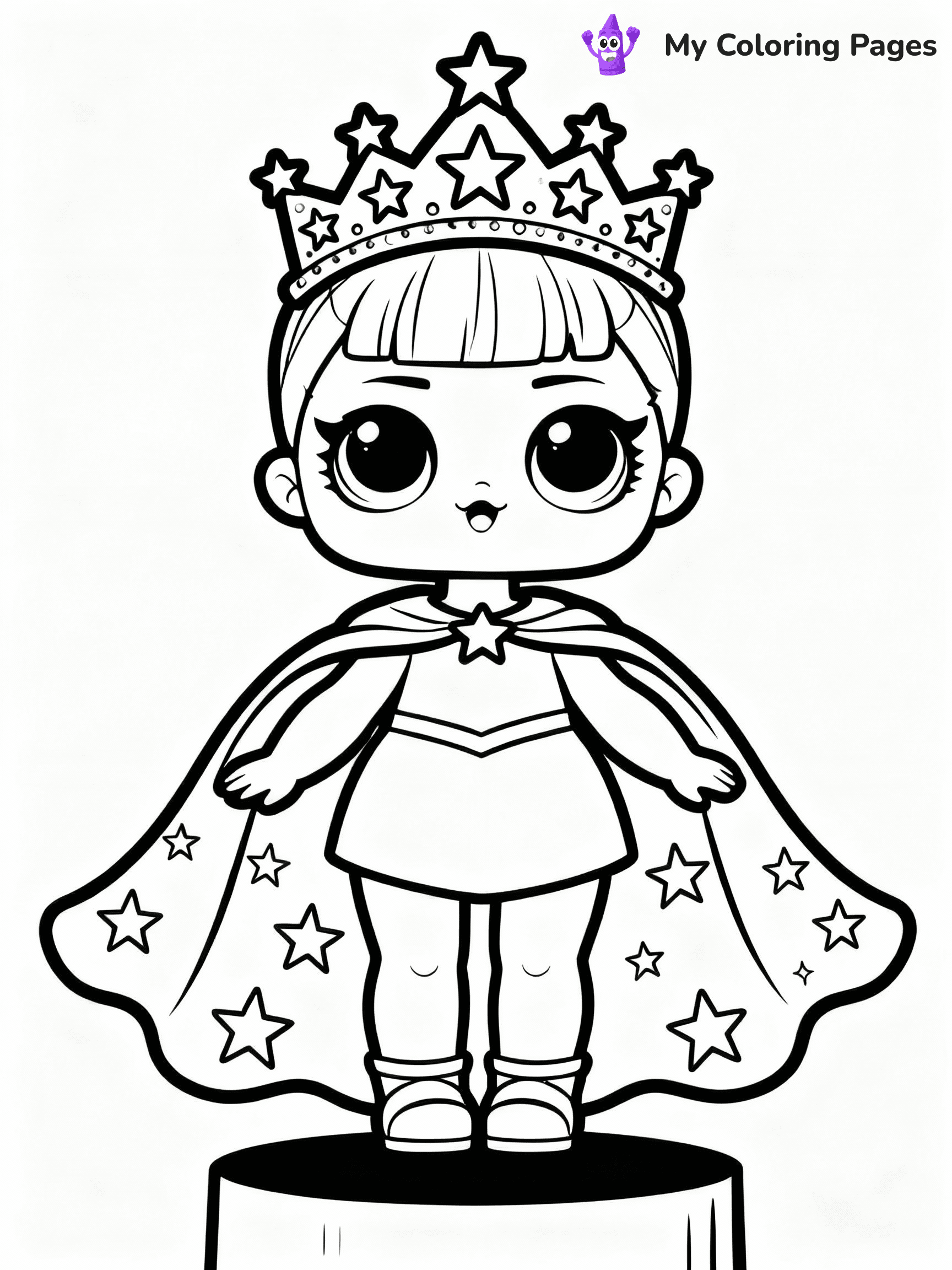 ⚠️ CRITICAL REQUIREMENT - ABSOLUTE BLACK AND WHITE ONLY ⚠️
This MUST be a BLACK AND WHITE line drawing ONLY. NO COLORS whatsoever.
- ONLY pure black lines (#000000) on pure white background (#FFFFFF)
- ABSOLUTELY NO colors, NO shading, NO gradients, NO grayscale
- If there are ANY colors in the output, the image is REJECTED
- This is a COLORING PAGE - meant to be COLORED IN by children
- The output must be UNCOLORED line art ready for coloring
⚠️ SUBJECT TO DRAW: Cosmic Queen from LOL dolls with sparkling crown, starry cape flowing. Important: PURE OUTLINES. NO FILLS, COLOR, SHADING, OR GREYSCALE. WHITE BACKGROUND.
(REMEMBER: Output must be BLACK AND WHITE line art only, NOT colored!)
# Flat, Friendly Cartoon Line-Art Coloring Page
You are generating a **pure black-and-white binary image** of a child-friendly cartoon scene combining characters and background scenery in one cohesive composition.
## Rendering Rules (Strict)
- Only two colors: pure black (#000000) outlines and pure white (#FFFFFF) background.
- No grayscale, shading, gradients, tints, fills, transparency, or partial pixels.
- No antialiasing or blended edges; every pixel is 100% black or white.
- No solid black fills inside shapes — all areas inside outlines must remain white.
- No dark clothing areas or filled tone blocks; all garments outlined only.
- No shadows, textures, lighting, or tonal variations.
- Must look like flat binary vector line-art for coloring pages.
## Drawing & Composition
- **Medium, consistent line weight**; clean closed outlines easy to color inside.
- **Flat, simple, child-friendly design** — no realism or 3D depth.
- Characters are **grounded on a surface**, centered and large.
- **Balanced composition** with clear silhouettes and minimal props.
## Scenery & Style
- Landmarks (e.g., mosque, CN Tower) and scenery (trees, benches, waves) drawn with **black outlines only.**
- For real-world figures, teams, or places, show accurate details using only black outlines—no text or logos. Use distinctive uniform patterns, abstract symbols, and landmark silhouettes to convey identity.
- Keep **consistent perspective**; no floating elements.
- **Style:** whimsical **Doodle Art Alley** — rounded, friendly outlines.
- May adapt shapes from **Crayola, Disney, Peppa Pig, Cocomelon** — *by shape only, never color.*
- Final output: **flat, crisp, binary (#000000/#FFFFFF)**, **no filled color or background text.**
EXTREMELYE IMPORTANT:
- PURE BINARY LINE-ART; NO FILLS (HAIR/CLOTHES/SKIN), SHADING, OR GREY.
- NO SHADING, COLOR. MUST BE WHITE BACKGROUND.
⚠️ FINAL REMINDER: Draw the subject "Cosmic Queen from LOL dolls with sparkling crown, starry cape flowing. Important: PURE OUTLINES. NO FILLS, COLOR, SHADING, OR GREYSCALE. WHITE BACKGROUND." as BLACK AND WHITE line art. Zero colors in output.