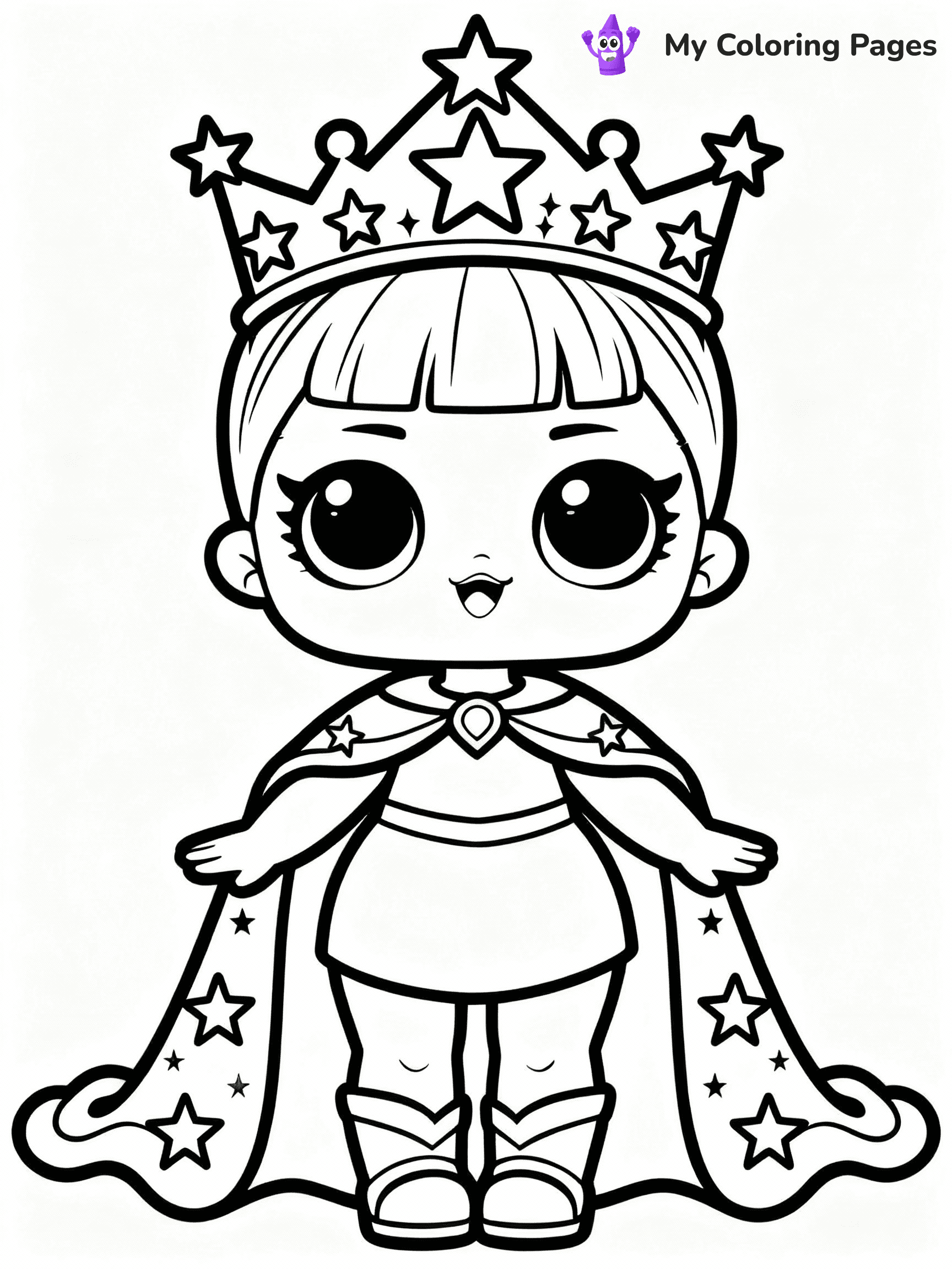 ⚠️ CRITICAL REQUIREMENT - ABSOLUTE BLACK AND WHITE ONLY ⚠️
This MUST be a BLACK AND WHITE line drawing ONLY. NO COLORS whatsoever.
- ONLY pure black lines (#000000) on pure white background (#FFFFFF)
- ABSOLUTELY NO colors, NO shading, NO gradients, NO grayscale
- If there are ANY colors in the output, the image is REJECTED
- This is a COLORING PAGE - meant to be COLORED IN by children
- The output must be UNCOLORED line art ready for coloring
⚠️ SUBJECT TO DRAW: Cosmic Queen from LOL dolls with sparkling crown, starry cape flowing. Important: PURE OUTLINES. NO FILLS, COLOR, SHADING, OR GREYSCALE. WHITE BACKGROUND.
(REMEMBER: Output must be BLACK AND WHITE line art only, NOT colored!)
# Flat, Friendly Cartoon Line-Art Coloring Page
You are generating a **pure black-and-white binary image** of a child-friendly cartoon scene combining characters and background scenery in one cohesive composition.
## Rendering Rules (Strict)
- Only two colors: pure black (#000000) outlines and pure white (#FFFFFF) background.
- No grayscale, shading, gradients, tints, fills, transparency, or partial pixels.
- No antialiasing or blended edges; every pixel is 100% black or white.
- No solid black fills inside shapes — all areas inside outlines must remain white.
- No dark clothing areas or filled tone blocks; all garments outlined only.
- No shadows, textures, lighting, or tonal variations.
- Must look like flat binary vector line-art for coloring pages.
## Drawing & Composition
- **Medium, consistent line weight**; clean closed outlines easy to color inside.
- **Flat, simple, child-friendly design** — no realism or 3D depth.
- Characters are **grounded on a surface**, centered and large.
- **Balanced composition** with clear silhouettes and minimal props.
## Scenery & Style
- Landmarks (e.g., mosque, CN Tower) and scenery (trees, benches, waves) drawn with **black outlines only.**
- For real-world figures, teams, or places, show accurate details using only black outlines—no text or logos. Use distinctive uniform patterns, abstract symbols, and landmark silhouettes to convey identity.
- Keep **consistent perspective**; no floating elements.
- **Style:** whimsical **Doodle Art Alley** — rounded, friendly outlines.
- May adapt shapes from **Crayola, Disney, Peppa Pig, Cocomelon** — *by shape only, never color.*
- Final output: **flat, crisp, binary (#000000/#FFFFFF)**, **no filled color or background text.**
EXTREMELYE IMPORTANT:
- PURE BINARY LINE-ART; NO FILLS (HAIR/CLOTHES/SKIN), SHADING, OR GREY.
- NO SHADING, COLOR. MUST BE WHITE BACKGROUND.
⚠️ FINAL REMINDER: Draw the subject "Cosmic Queen from LOL dolls with sparkling crown, starry cape flowing. Important: PURE OUTLINES. NO FILLS, COLOR, SHADING, OR GREYSCALE. WHITE BACKGROUND." as BLACK AND WHITE line art. Zero colors in output.