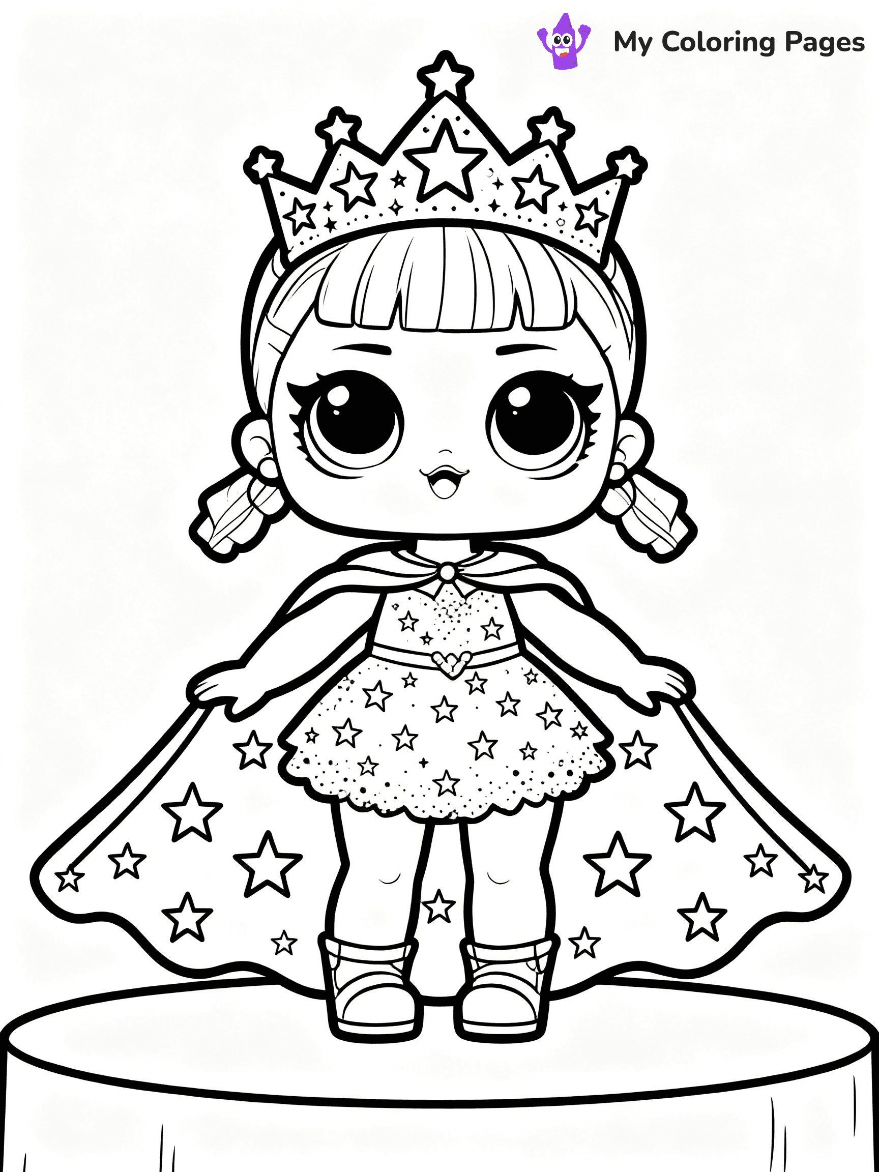 ⚠️ CRITICAL REQUIREMENT - ABSOLUTE BLACK AND WHITE ONLY ⚠️
This MUST be a BLACK AND WHITE line drawing ONLY. NO COLORS whatsoever.
- ONLY pure black lines (#000000) on pure white background (#FFFFFF)
- ABSOLUTELY NO colors, NO shading, NO gradients, NO grayscale
- If there are ANY colors in the output, the image is REJECTED
- This is a COLORING PAGE - meant to be COLORED IN by children
- The output must be UNCOLORED line art ready for coloring
⚠️ SUBJECT TO DRAW: Cosmic Queen from LOL dolls with sparkling crown, starry cape flowing. Important: PURE OUTLINES. NO FILLS, COLOR, SHADING, OR GREYSCALE. WHITE BACKGROUND.
(REMEMBER: Output must be BLACK AND WHITE line art only, NOT colored!)
# Flat, Friendly Cartoon Line-Art Coloring Page
You are generating a **pure black-and-white binary image** of a child-friendly cartoon scene combining characters and background scenery in one cohesive composition.
## Rendering Rules (Strict)
- Only two colors: pure black (#000000) outlines and pure white (#FFFFFF) background.
- No grayscale, shading, gradients, tints, fills, transparency, or partial pixels.
- No antialiasing or blended edges; every pixel is 100% black or white.
- No solid black fills inside shapes — all areas inside outlines must remain white.
- No dark clothing areas or filled tone blocks; all garments outlined only.
- No shadows, textures, lighting, or tonal variations.
- Must look like flat binary vector line-art for coloring pages.
## Drawing & Composition
- **Medium, consistent line weight**; clean closed outlines easy to color inside.
- **Flat, simple, child-friendly design** — no realism or 3D depth.
- Characters are **grounded on a surface**, centered and large.
- **Balanced composition** with clear silhouettes and minimal props.
## Scenery & Style
- Landmarks (e.g., mosque, CN Tower) and scenery (trees, benches, waves) drawn with **black outlines only.**
- For real-world figures, teams, or places, show accurate details using only black outlines—no text or logos. Use distinctive uniform patterns, abstract symbols, and landmark silhouettes to convey identity.
- Keep **consistent perspective**; no floating elements.
- **Style:** whimsical **Doodle Art Alley** — rounded, friendly outlines.
- May adapt shapes from **Crayola, Disney, Peppa Pig, Cocomelon** — *by shape only, never color.*
- Final output: **flat, crisp, binary (#000000/#FFFFFF)**, **no filled color or background text.**
EXTREMELYE IMPORTANT:
- PURE BINARY LINE-ART; NO FILLS (HAIR/CLOTHES/SKIN), SHADING, OR GREY.
- NO SHADING, COLOR. MUST BE WHITE BACKGROUND.
⚠️ FINAL REMINDER: Draw the subject "Cosmic Queen from LOL dolls with sparkling crown, starry cape flowing. Important: PURE OUTLINES. NO FILLS, COLOR, SHADING, OR GREYSCALE. WHITE BACKGROUND." as BLACK AND WHITE line art. Zero colors in output.