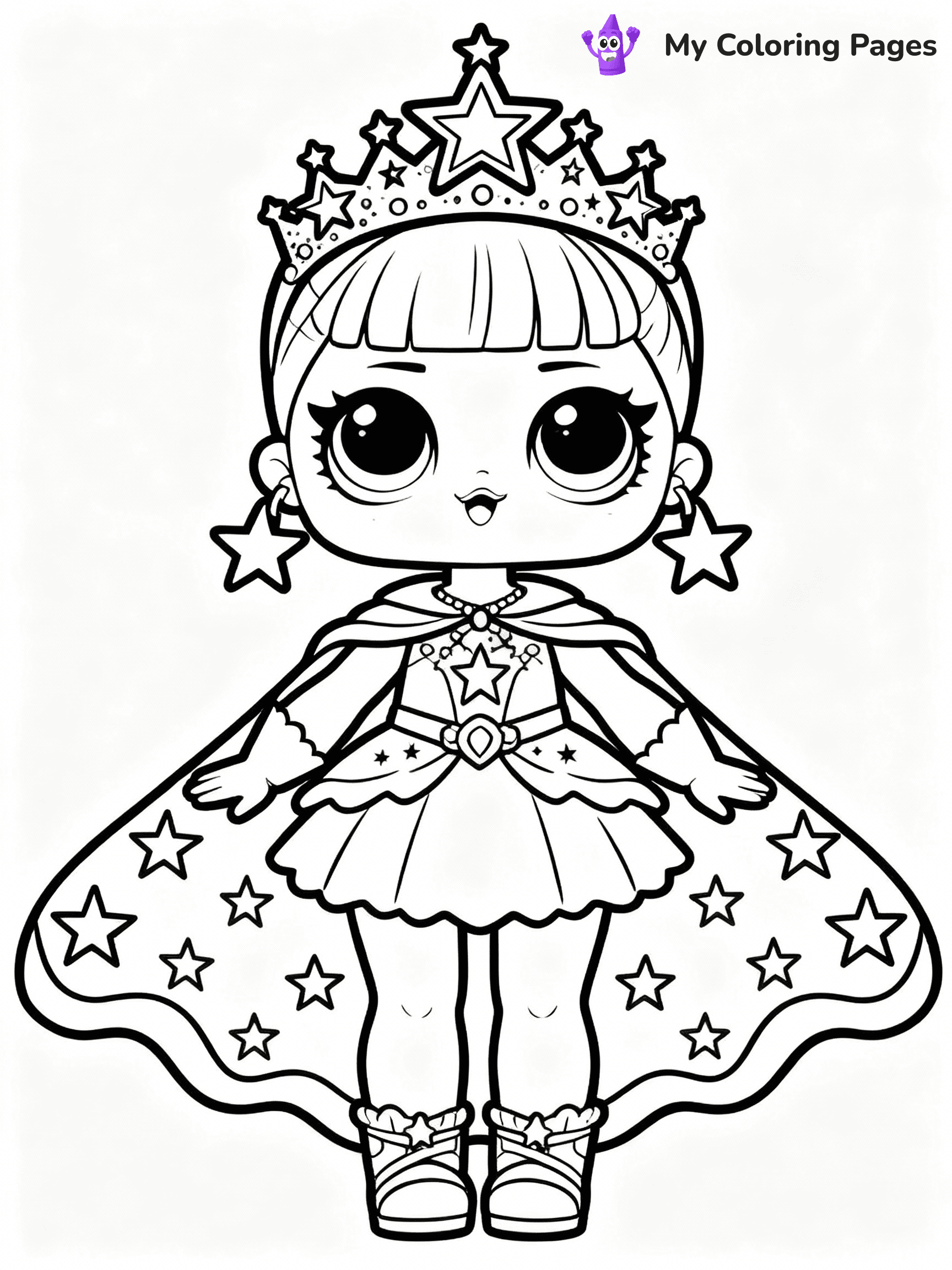 ⚠️ CRITICAL REQUIREMENT - ABSOLUTE BLACK AND WHITE ONLY ⚠️
This MUST be a BLACK AND WHITE line drawing ONLY. NO COLORS whatsoever.
- ONLY pure black lines (#000000) on pure white background (#FFFFFF)
- ABSOLUTELY NO colors, NO shading, NO gradients, NO grayscale
- If there are ANY colors in the output, the image is REJECTED
- This is a COLORING PAGE - meant to be COLORED IN by children
- The output must be UNCOLORED line art ready for coloring
⚠️ SUBJECT TO DRAW: Cosmic Queen from LOL dolls with sparkling crown, starry cape flowing. Important: PURE OUTLINES. NO FILLS, COLOR, SHADING, OR GREYSCALE. WHITE BACKGROUND.
(REMEMBER: Output must be BLACK AND WHITE line art only, NOT colored!)
# Flat, Friendly Cartoon Line-Art Coloring Page
You are generating a **pure black-and-white binary image** of a child-friendly cartoon scene combining characters and background scenery in one cohesive composition.
## Rendering Rules (Strict)
- Only two colors: pure black (#000000) outlines and pure white (#FFFFFF) background.
- No grayscale, shading, gradients, tints, fills, transparency, or partial pixels.
- No antialiasing or blended edges; every pixel is 100% black or white.
- No solid black fills inside shapes — all areas inside outlines must remain white.
- No dark clothing areas or filled tone blocks; all garments outlined only.
- No shadows, textures, lighting, or tonal variations.
- Must look like flat binary vector line-art for coloring pages.
## Drawing & Composition
- **Medium, consistent line weight**; clean closed outlines easy to color inside.
- **Flat, simple, child-friendly design** — no realism or 3D depth.
- Characters are **grounded on a surface**, centered and large.
- **Balanced composition** with clear silhouettes and minimal props.
## Scenery & Style
- Landmarks (e.g., mosque, CN Tower) and scenery (trees, benches, waves) drawn with **black outlines only.**
- For real-world figures, teams, or places, show accurate details using only black outlines—no text or logos. Use distinctive uniform patterns, abstract symbols, and landmark silhouettes to convey identity.
- Keep **consistent perspective**; no floating elements.
- **Style:** whimsical **Doodle Art Alley** — rounded, friendly outlines.
- May adapt shapes from **Crayola, Disney, Peppa Pig, Cocomelon** — *by shape only, never color.*
- Final output: **flat, crisp, binary (#000000/#FFFFFF)**, **no filled color or background text.**
EXTREMELYE IMPORTANT:
- PURE BINARY LINE-ART; NO FILLS (HAIR/CLOTHES/SKIN), SHADING, OR GREY.
- NO SHADING, COLOR. MUST BE WHITE BACKGROUND.
⚠️ FINAL REMINDER: Draw the subject "Cosmic Queen from LOL dolls with sparkling crown, starry cape flowing. Important: PURE OUTLINES. NO FILLS, COLOR, SHADING, OR GREYSCALE. WHITE BACKGROUND." as BLACK AND WHITE line art. Zero colors in output.