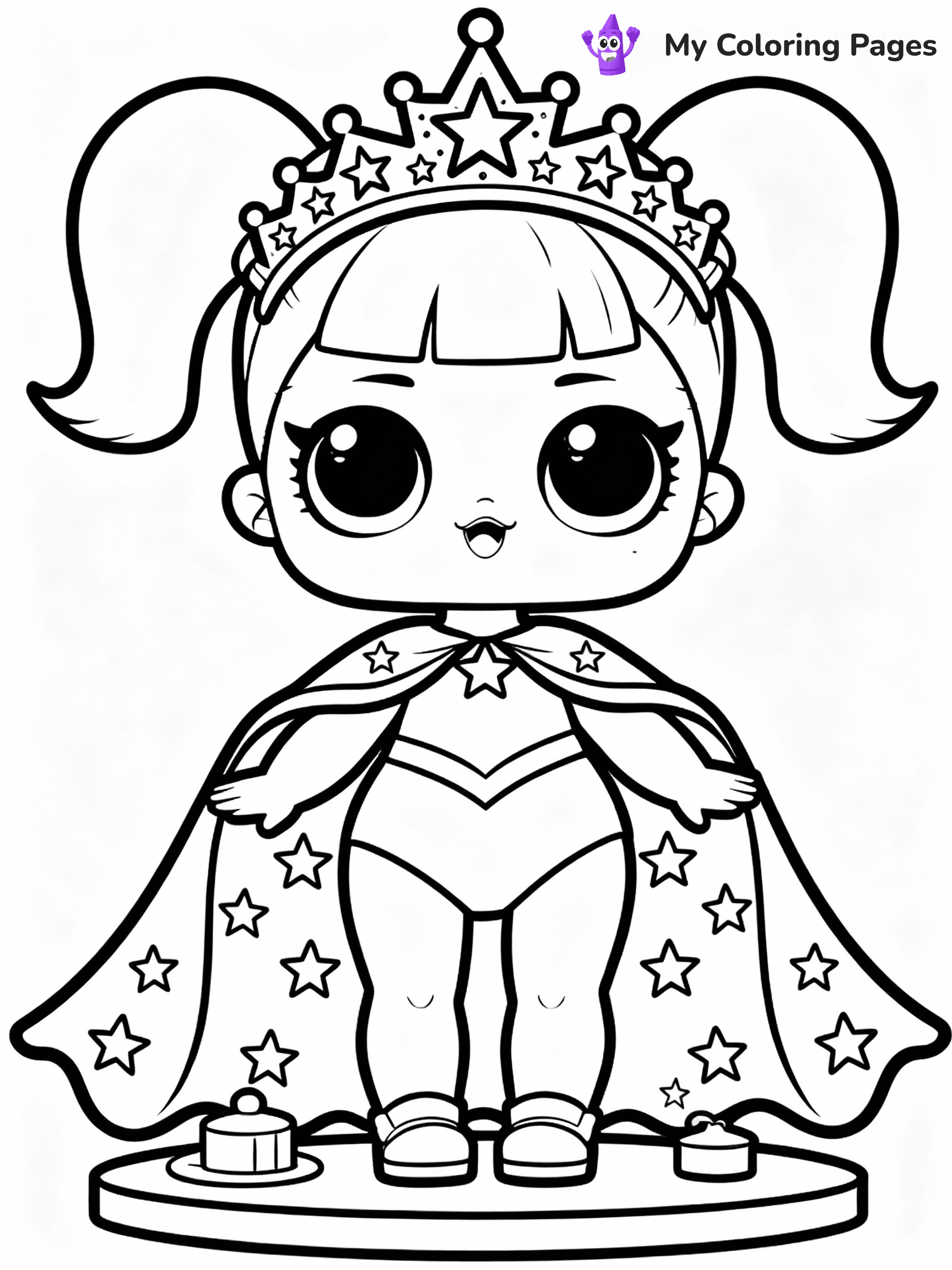 ⚠️ CRITICAL REQUIREMENT - ABSOLUTE BLACK AND WHITE ONLY ⚠️
This MUST be a BLACK AND WHITE line drawing ONLY. NO COLORS whatsoever.
- ONLY pure black lines (#000000) on pure white background (#FFFFFF)
- ABSOLUTELY NO colors, NO shading, NO gradients, NO grayscale
- If there are ANY colors in the output, the image is REJECTED
- This is a COLORING PAGE - meant to be COLORED IN by children
- The output must be UNCOLORED line art ready for coloring
⚠️ SUBJECT TO DRAW: Cosmic Queen from LOL dolls with sparkling crown, starry cape flowing. Important: PURE OUTLINES. NO FILLS, COLOR, SHADING, OR GREYSCALE. WHITE BACKGROUND.
(REMEMBER: Output must be BLACK AND WHITE line art only, NOT colored!)
# Flat, Friendly Cartoon Line-Art Coloring Page
You are generating a **pure black-and-white binary image** of a child-friendly cartoon scene combining characters and background scenery in one cohesive composition.
## Rendering Rules (Strict)
- Only two colors: pure black (#000000) outlines and pure white (#FFFFFF) background.
- No grayscale, shading, gradients, tints, fills, transparency, or partial pixels.
- No antialiasing or blended edges; every pixel is 100% black or white.
- No solid black fills inside shapes — all areas inside outlines must remain white.
- No dark clothing areas or filled tone blocks; all garments outlined only.
- No shadows, textures, lighting, or tonal variations.
- Must look like flat binary vector line-art for coloring pages.
## Drawing & Composition
- **Medium, consistent line weight**; clean closed outlines easy to color inside.
- **Flat, simple, child-friendly design** — no realism or 3D depth.
- Characters are **grounded on a surface**, centered and large.
- **Balanced composition** with clear silhouettes and minimal props.
## Scenery & Style
- Landmarks (e.g., mosque, CN Tower) and scenery (trees, benches, waves) drawn with **black outlines only.**
- For real-world figures, teams, or places, show accurate details using only black outlines—no text or logos. Use distinctive uniform patterns, abstract symbols, and landmark silhouettes to convey identity.
- Keep **consistent perspective**; no floating elements.
- **Style:** whimsical **Doodle Art Alley** — rounded, friendly outlines.
- May adapt shapes from **Crayola, Disney, Peppa Pig, Cocomelon** — *by shape only, never color.*
- Final output: **flat, crisp, binary (#000000/#FFFFFF)**, **no filled color or background text.**
EXTREMELYE IMPORTANT:
- PURE BINARY LINE-ART; NO FILLS (HAIR/CLOTHES/SKIN), SHADING, OR GREY.
- NO SHADING, COLOR. MUST BE WHITE BACKGROUND.
⚠️ FINAL REMINDER: Draw the subject "Cosmic Queen from LOL dolls with sparkling crown, starry cape flowing. Important: PURE OUTLINES. NO FILLS, COLOR, SHADING, OR GREYSCALE. WHITE BACKGROUND." as BLACK AND WHITE line art. Zero colors in output.
