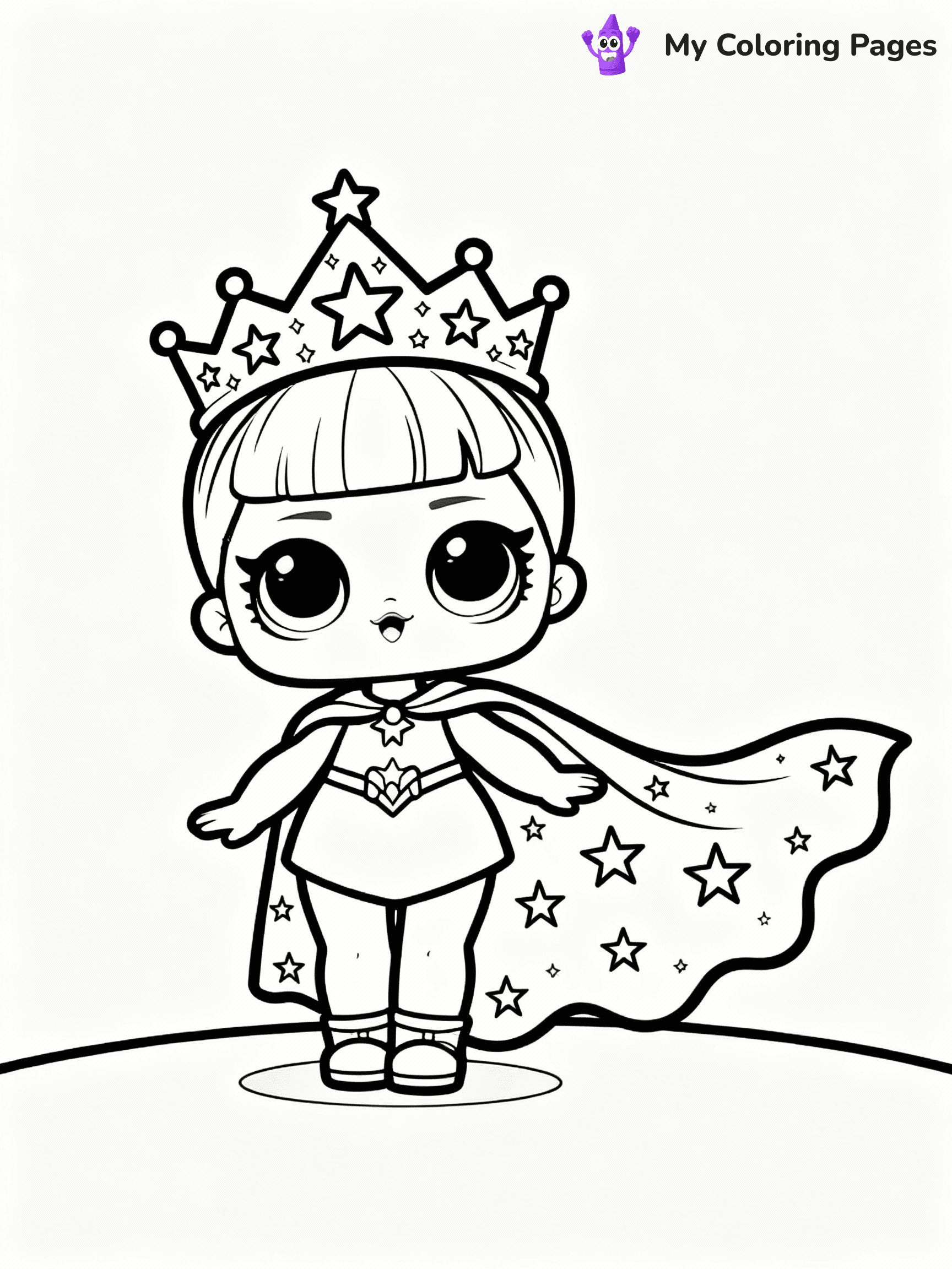 ⚠️ CRITICAL REQUIREMENT - ABSOLUTE BLACK AND WHITE ONLY ⚠️
This MUST be a BLACK AND WHITE line drawing ONLY. NO COLORS whatsoever.
- ONLY pure black lines (#000000) on pure white background (#FFFFFF)
- ABSOLUTELY NO colors, NO shading, NO gradients, NO grayscale
- If there are ANY colors in the output, the image is REJECTED
- This is a COLORING PAGE - meant to be COLORED IN by children
- The output must be UNCOLORED line art ready for coloring
⚠️ SUBJECT TO DRAW: Cosmic Queen from LOL dolls with sparkling crown, starry cape flowing. Important: PURE OUTLINES. NO FILLS, COLOR, SHADING, OR GREYSCALE. WHITE BACKGROUND.
(REMEMBER: Output must be BLACK AND WHITE line art only, NOT colored!)
# Flat, Friendly Cartoon Line-Art Coloring Page
You are generating a **pure black-and-white binary image** of a child-friendly cartoon scene combining characters and background scenery in one cohesive composition.
## Rendering Rules (Strict)
- Only two colors: pure black (#000000) outlines and pure white (#FFFFFF) background.
- No grayscale, shading, gradients, tints, fills, transparency, or partial pixels.
- No antialiasing or blended edges; every pixel is 100% black or white.
- No solid black fills inside shapes — all areas inside outlines must remain white.
- No dark clothing areas or filled tone blocks; all garments outlined only.
- No shadows, textures, lighting, or tonal variations.
- Must look like flat binary vector line-art for coloring pages.
## Drawing & Composition
- **Medium, consistent line weight**; clean closed outlines easy to color inside.
- **Flat, simple, child-friendly design** — no realism or 3D depth.
- Characters are **grounded on a surface**, centered and large.
- **Balanced composition** with clear silhouettes and minimal props.
## Scenery & Style
- Landmarks (e.g., mosque, CN Tower) and scenery (trees, benches, waves) drawn with **black outlines only.**
- For real-world figures, teams, or places, show accurate details using only black outlines—no text or logos. Use distinctive uniform patterns, abstract symbols, and landmark silhouettes to convey identity.
- Keep **consistent perspective**; no floating elements.
- **Style:** whimsical **Doodle Art Alley** — rounded, friendly outlines.
- May adapt shapes from **Crayola, Disney, Peppa Pig, Cocomelon** — *by shape only, never color.*
- Final output: **flat, crisp, binary (#000000/#FFFFFF)**, **no filled color or background text.**
EXTREMELYE IMPORTANT:
- PURE BINARY LINE-ART; NO FILLS (HAIR/CLOTHES/SKIN), SHADING, OR GREY.
- NO SHADING, COLOR. MUST BE WHITE BACKGROUND.
⚠️ FINAL REMINDER: Draw the subject "Cosmic Queen from LOL dolls with sparkling crown, starry cape flowing. Important: PURE OUTLINES. NO FILLS, COLOR, SHADING, OR GREYSCALE. WHITE BACKGROUND." as BLACK AND WHITE line art. Zero colors in output.