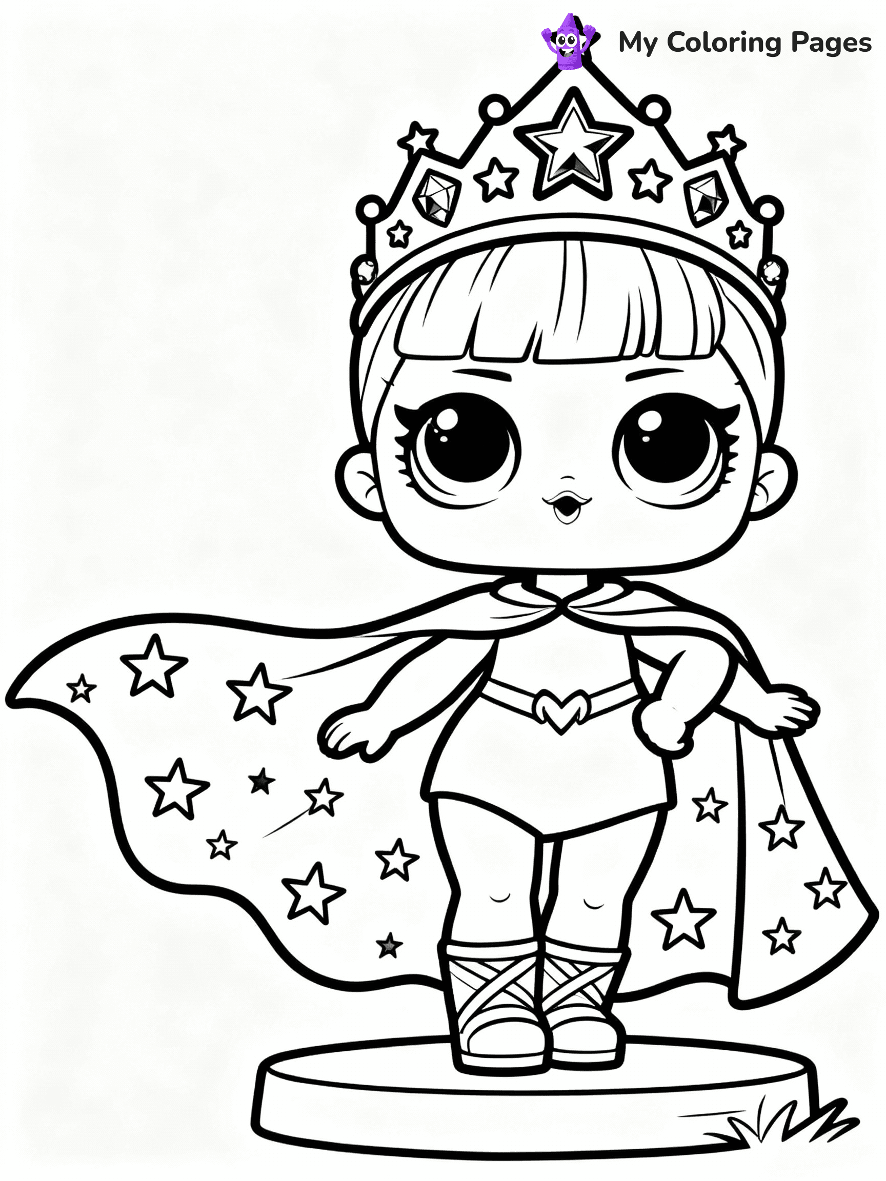 ⚠️ CRITICAL REQUIREMENT - ABSOLUTE BLACK AND WHITE ONLY ⚠️
This MUST be a BLACK AND WHITE line drawing ONLY. NO COLORS whatsoever.
- ONLY pure black lines (#000000) on pure white background (#FFFFFF)
- ABSOLUTELY NO colors, NO shading, NO gradients, NO grayscale
- If there are ANY colors in the output, the image is REJECTED
- This is a COLORING PAGE - meant to be COLORED IN by children
- The output must be UNCOLORED line art ready for coloring
⚠️ SUBJECT TO DRAW: Cosmic Queen from LOL dolls with sparkling crown, starry cape flowing. Important: PURE OUTLINES. NO FILLS, COLOR, SHADING, OR GREYSCALE. WHITE BACKGROUND.
(REMEMBER: Output must be BLACK AND WHITE line art only, NOT colored!)
# Flat, Friendly Cartoon Line-Art Coloring Page
You are generating a **pure black-and-white binary image** of a child-friendly cartoon scene combining characters and background scenery in one cohesive composition.
## Rendering Rules (Strict)
- Only two colors: pure black (#000000) outlines and pure white (#FFFFFF) background.
- No grayscale, shading, gradients, tints, fills, transparency, or partial pixels.
- No antialiasing or blended edges; every pixel is 100% black or white.
- No solid black fills inside shapes — all areas inside outlines must remain white.
- No dark clothing areas or filled tone blocks; all garments outlined only.
- No shadows, textures, lighting, or tonal variations.
- Must look like flat binary vector line-art for coloring pages.
## Drawing & Composition
- **Medium, consistent line weight**; clean closed outlines easy to color inside.
- **Flat, simple, child-friendly design** — no realism or 3D depth.
- Characters are **grounded on a surface**, centered and large.
- **Balanced composition** with clear silhouettes and minimal props.
## Scenery & Style
- Landmarks (e.g., mosque, CN Tower) and scenery (trees, benches, waves) drawn with **black outlines only.**
- For real-world figures, teams, or places, show accurate details using only black outlines—no text or logos. Use distinctive uniform patterns, abstract symbols, and landmark silhouettes to convey identity.
- Keep **consistent perspective**; no floating elements.
- **Style:** whimsical **Doodle Art Alley** — rounded, friendly outlines.
- May adapt shapes from **Crayola, Disney, Peppa Pig, Cocomelon** — *by shape only, never color.*
- Final output: **flat, crisp, binary (#000000/#FFFFFF)**, **no filled color or background text.**
EXTREMELYE IMPORTANT:
- PURE BINARY LINE-ART; NO FILLS (HAIR/CLOTHES/SKIN), SHADING, OR GREY.
- NO SHADING, COLOR. MUST BE WHITE BACKGROUND.
⚠️ FINAL REMINDER: Draw the subject "Cosmic Queen from LOL dolls with sparkling crown, starry cape flowing. Important: PURE OUTLINES. NO FILLS, COLOR, SHADING, OR GREYSCALE. WHITE BACKGROUND." as BLACK AND WHITE line art. Zero colors in output.