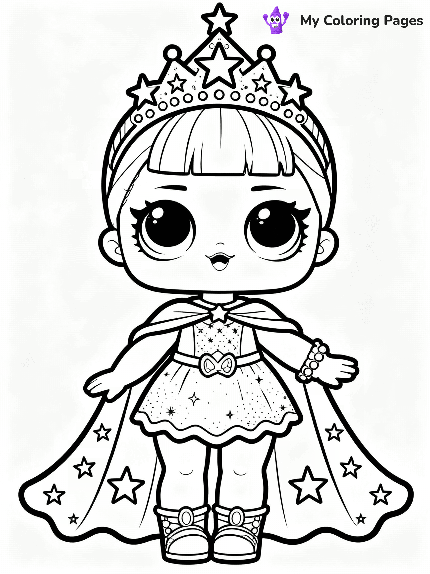 ⚠️ CRITICAL REQUIREMENT - ABSOLUTE BLACK AND WHITE ONLY ⚠️
This MUST be a BLACK AND WHITE line drawing ONLY. NO COLORS whatsoever.
- ONLY pure black lines (#000000) on pure white background (#FFFFFF)
- ABSOLUTELY NO colors, NO shading, NO gradients, NO grayscale
- If there are ANY colors in the output, the image is REJECTED
- This is a COLORING PAGE - meant to be COLORED IN by children
- The output must be UNCOLORED line art ready for coloring
⚠️ SUBJECT TO DRAW: Cosmic Queen from LOL dolls with sparkling crown, starry cape flowing. Important: PURE OUTLINES. NO FILLS, COLOR, SHADING, OR GREYSCALE. WHITE BACKGROUND.
(REMEMBER: Output must be BLACK AND WHITE line art only, NOT colored!)
# Flat, Friendly Cartoon Line-Art Coloring Page
You are generating a **pure black-and-white binary image** of a child-friendly cartoon scene combining characters and background scenery in one cohesive composition.
## Rendering Rules (Strict)
- Only two colors: pure black (#000000) outlines and pure white (#FFFFFF) background.
- No grayscale, shading, gradients, tints, fills, transparency, or partial pixels.
- No antialiasing or blended edges; every pixel is 100% black or white.
- No solid black fills inside shapes — all areas inside outlines must remain white.
- No dark clothing areas or filled tone blocks; all garments outlined only.
- No shadows, textures, lighting, or tonal variations.
- Must look like flat binary vector line-art for coloring pages.
## Drawing & Composition
- **Medium, consistent line weight**; clean closed outlines easy to color inside.
- **Flat, simple, child-friendly design** — no realism or 3D depth.
- Characters are **grounded on a surface**, centered and large.
- **Balanced composition** with clear silhouettes and minimal props.
## Scenery & Style
- Landmarks (e.g., mosque, CN Tower) and scenery (trees, benches, waves) drawn with **black outlines only.**
- For real-world figures, teams, or places, show accurate details using only black outlines—no text or logos. Use distinctive uniform patterns, abstract symbols, and landmark silhouettes to convey identity.
- Keep **consistent perspective**; no floating elements.
- **Style:** whimsical **Doodle Art Alley** — rounded, friendly outlines.
- May adapt shapes from **Crayola, Disney, Peppa Pig, Cocomelon** — *by shape only, never color.*
- Final output: **flat, crisp, binary (#000000/#FFFFFF)**, **no filled color or background text.**
EXTREMELYE IMPORTANT:
- PURE BINARY LINE-ART; NO FILLS (HAIR/CLOTHES/SKIN), SHADING, OR GREY.
- NO SHADING, COLOR. MUST BE WHITE BACKGROUND.
⚠️ FINAL REMINDER: Draw the subject "Cosmic Queen from LOL dolls with sparkling crown, starry cape flowing. Important: PURE OUTLINES. NO FILLS, COLOR, SHADING, OR GREYSCALE. WHITE BACKGROUND." as BLACK AND WHITE line art. Zero colors in output.