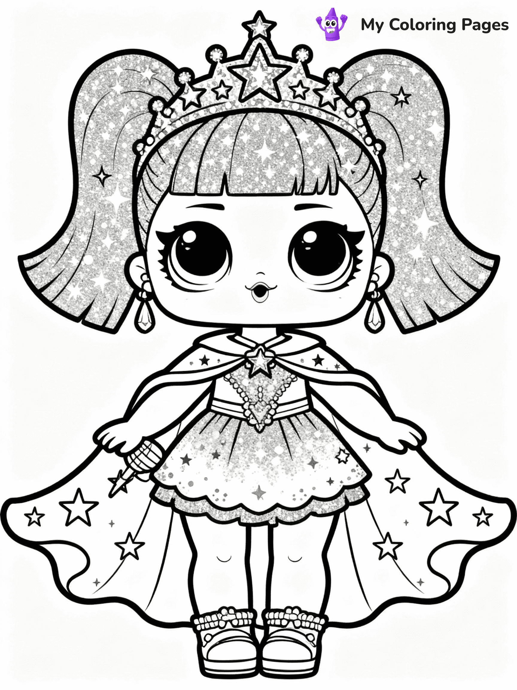 ⚠️ CRITICAL REQUIREMENT - ABSOLUTE BLACK AND WHITE ONLY ⚠️
This MUST be a BLACK AND WHITE line drawing ONLY. NO COLORS whatsoever.
- ONLY pure black lines (#000000) on pure white background (#FFFFFF)
- ABSOLUTELY NO colors, NO shading, NO gradients, NO grayscale
- If there are ANY colors in the output, the image is REJECTED
- This is a COLORING PAGE - meant to be COLORED IN by children
- The output must be UNCOLORED line art ready for coloring
⚠️ SUBJECT TO DRAW: Cosmic Queen from LOL dolls with sparkling crown, starry cape flowing. Important: PURE OUTLINES. NO FILLS, COLOR, SHADING, OR GREYSCALE. WHITE BACKGROUND.
(REMEMBER: Output must be BLACK AND WHITE line art only, NOT colored!)
# Flat, Friendly Cartoon Line-Art Coloring Page
You are generating a **pure black-and-white binary image** of a child-friendly cartoon scene combining characters and background scenery in one cohesive composition.
## Rendering Rules (Strict)
- Only two colors: pure black (#000000) outlines and pure white (#FFFFFF) background.
- No grayscale, shading, gradients, tints, fills, transparency, or partial pixels.
- No antialiasing or blended edges; every pixel is 100% black or white.
- No solid black fills inside shapes — all areas inside outlines must remain white.
- No dark clothing areas or filled tone blocks; all garments outlined only.
- No shadows, textures, lighting, or tonal variations.
- Must look like flat binary vector line-art for coloring pages.
## Drawing & Composition
- **Medium, consistent line weight**; clean closed outlines easy to color inside.
- **Flat, simple, child-friendly design** — no realism or 3D depth.
- Characters are **grounded on a surface**, centered and large.
- **Balanced composition** with clear silhouettes and minimal props.
## Scenery & Style
- Landmarks (e.g., mosque, CN Tower) and scenery (trees, benches, waves) drawn with **black outlines only.**
- For real-world figures, teams, or places, show accurate details using only black outlines—no text or logos. Use distinctive uniform patterns, abstract symbols, and landmark silhouettes to convey identity.
- Keep **consistent perspective**; no floating elements.
- **Style:** whimsical **Doodle Art Alley** — rounded, friendly outlines.
- May adapt shapes from **Crayola, Disney, Peppa Pig, Cocomelon** — *by shape only, never color.*
- Final output: **flat, crisp, binary (#000000/#FFFFFF)**, **no filled color or background text.**
EXTREMELYE IMPORTANT:
- PURE BINARY LINE-ART; NO FILLS (HAIR/CLOTHES/SKIN), SHADING, OR GREY.
- NO SHADING, COLOR. MUST BE WHITE BACKGROUND.
⚠️ FINAL REMINDER: Draw the subject "Cosmic Queen from LOL dolls with sparkling crown, starry cape flowing. Important: PURE OUTLINES. NO FILLS, COLOR, SHADING, OR GREYSCALE. WHITE BACKGROUND." as BLACK AND WHITE line art. Zero colors in output.