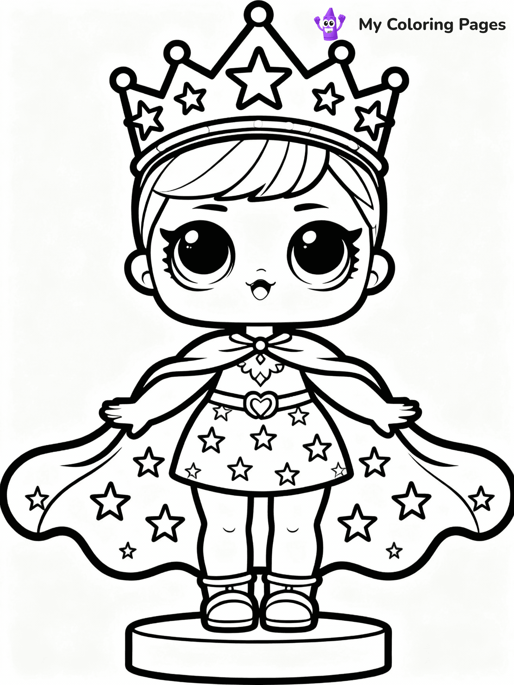 ⚠️ CRITICAL REQUIREMENT - ABSOLUTE BLACK AND WHITE ONLY ⚠️
This MUST be a BLACK AND WHITE line drawing ONLY. NO COLORS whatsoever.
- ONLY pure black lines (#000000) on pure white background (#FFFFFF)
- ABSOLUTELY NO colors, NO shading, NO gradients, NO grayscale
- If there are ANY colors in the output, the image is REJECTED
- This is a COLORING PAGE - meant to be COLORED IN by children
- The output must be UNCOLORED line art ready for coloring
⚠️ SUBJECT TO DRAW: Cosmic Queen from LOL dolls with sparkling crown, starry cape flowing. Important: PURE OUTLINES. NO FILLS, COLOR, SHADING, OR GREYSCALE. WHITE BACKGROUND.
(REMEMBER: Output must be BLACK AND WHITE line art only, NOT colored!)
# Flat, Friendly Cartoon Line-Art Coloring Page
You are generating a **pure black-and-white binary image** of a child-friendly cartoon scene combining characters and background scenery in one cohesive composition.
## Rendering Rules (Strict)
- Only two colors: pure black (#000000) outlines and pure white (#FFFFFF) background.
- No grayscale, shading, gradients, tints, fills, transparency, or partial pixels.
- No antialiasing or blended edges; every pixel is 100% black or white.
- No solid black fills inside shapes — all areas inside outlines must remain white.
- No dark clothing areas or filled tone blocks; all garments outlined only.
- No shadows, textures, lighting, or tonal variations.
- Must look like flat binary vector line-art for coloring pages.
## Drawing & Composition
- **Medium, consistent line weight**; clean closed outlines easy to color inside.
- **Flat, simple, child-friendly design** — no realism or 3D depth.
- Characters are **grounded on a surface**, centered and large.
- **Balanced composition** with clear silhouettes and minimal props.
## Scenery & Style
- Landmarks (e.g., mosque, CN Tower) and scenery (trees, benches, waves) drawn with **black outlines only.**
- For real-world figures, teams, or places, show accurate details using only black outlines—no text or logos. Use distinctive uniform patterns, abstract symbols, and landmark silhouettes to convey identity.
- Keep **consistent perspective**; no floating elements.
- **Style:** whimsical **Doodle Art Alley** — rounded, friendly outlines.
- May adapt shapes from **Crayola, Disney, Peppa Pig, Cocomelon** — *by shape only, never color.*
- Final output: **flat, crisp, binary (#000000/#FFFFFF)**, **no filled color or background text.**
EXTREMELYE IMPORTANT:
- PURE BINARY LINE-ART; NO FILLS (HAIR/CLOTHES/SKIN), SHADING, OR GREY.
- NO SHADING, COLOR. MUST BE WHITE BACKGROUND.
⚠️ FINAL REMINDER: Draw the subject "Cosmic Queen from LOL dolls with sparkling crown, starry cape flowing. Important: PURE OUTLINES. NO FILLS, COLOR, SHADING, OR GREYSCALE. WHITE BACKGROUND." as BLACK AND WHITE line art. Zero colors in output.