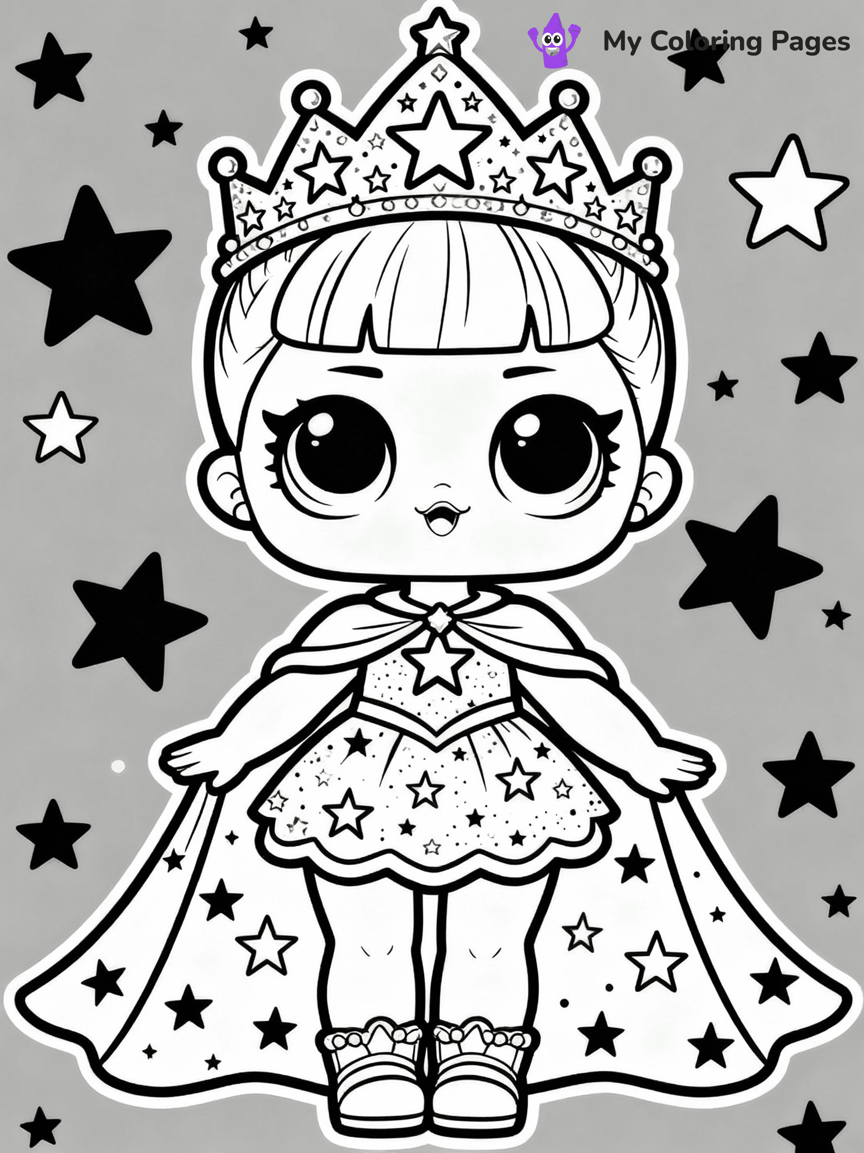 ⚠️ CRITICAL REQUIREMENT - ABSOLUTE BLACK AND WHITE ONLY ⚠️
This MUST be a BLACK AND WHITE line drawing ONLY. NO COLORS whatsoever.
- ONLY pure black lines (#000000) on pure white background (#FFFFFF)
- ABSOLUTELY NO colors, NO shading, NO gradients, NO grayscale
- If there are ANY colors in the output, the image is REJECTED
- This is a COLORING PAGE - meant to be COLORED IN by children
- The output must be UNCOLORED line art ready for coloring
⚠️ SUBJECT TO DRAW: Cosmic Queen from LOL dolls with sparkling crown, starry cape flowing. Important: PURE OUTLINES. NO FILLS, COLOR, SHADING, OR GREYSCALE. WHITE BACKGROUND.
(REMEMBER: Output must be BLACK AND WHITE line art only, NOT colored!)
# Flat, Friendly Cartoon Line-Art Coloring Page
You are generating a **pure black-and-white binary image** of a child-friendly cartoon scene combining characters and background scenery in one cohesive composition.
## Rendering Rules (Strict)
- Only two colors: pure black (#000000) outlines and pure white (#FFFFFF) background.
- No grayscale, shading, gradients, tints, fills, transparency, or partial pixels.
- No antialiasing or blended edges; every pixel is 100% black or white.
- No solid black fills inside shapes — all areas inside outlines must remain white.
- No dark clothing areas or filled tone blocks; all garments outlined only.
- No shadows, textures, lighting, or tonal variations.
- Must look like flat binary vector line-art for coloring pages.
## Drawing & Composition
- **Medium, consistent line weight**; clean closed outlines easy to color inside.
- **Flat, simple, child-friendly design** — no realism or 3D depth.
- Characters are **grounded on a surface**, centered and large.
- **Balanced composition** with clear silhouettes and minimal props.
## Scenery & Style
- Landmarks (e.g., mosque, CN Tower) and scenery (trees, benches, waves) drawn with **black outlines only.**
- For real-world figures, teams, or places, show accurate details using only black outlines—no text or logos. Use distinctive uniform patterns, abstract symbols, and landmark silhouettes to convey identity.
- Keep **consistent perspective**; no floating elements.
- **Style:** whimsical **Doodle Art Alley** — rounded, friendly outlines.
- May adapt shapes from **Crayola, Disney, Peppa Pig, Cocomelon** — *by shape only, never color.*
- Final output: **flat, crisp, binary (#000000/#FFFFFF)**, **no filled color or background text.**
EXTREMELYE IMPORTANT:
- PURE BINARY LINE-ART; NO FILLS (HAIR/CLOTHES/SKIN), SHADING, OR GREY.
- NO SHADING, COLOR. MUST BE WHITE BACKGROUND.
⚠️ FINAL REMINDER: Draw the subject "Cosmic Queen from LOL dolls with sparkling crown, starry cape flowing. Important: PURE OUTLINES. NO FILLS, COLOR, SHADING, OR GREYSCALE. WHITE BACKGROUND." as BLACK AND WHITE line art. Zero colors in output.