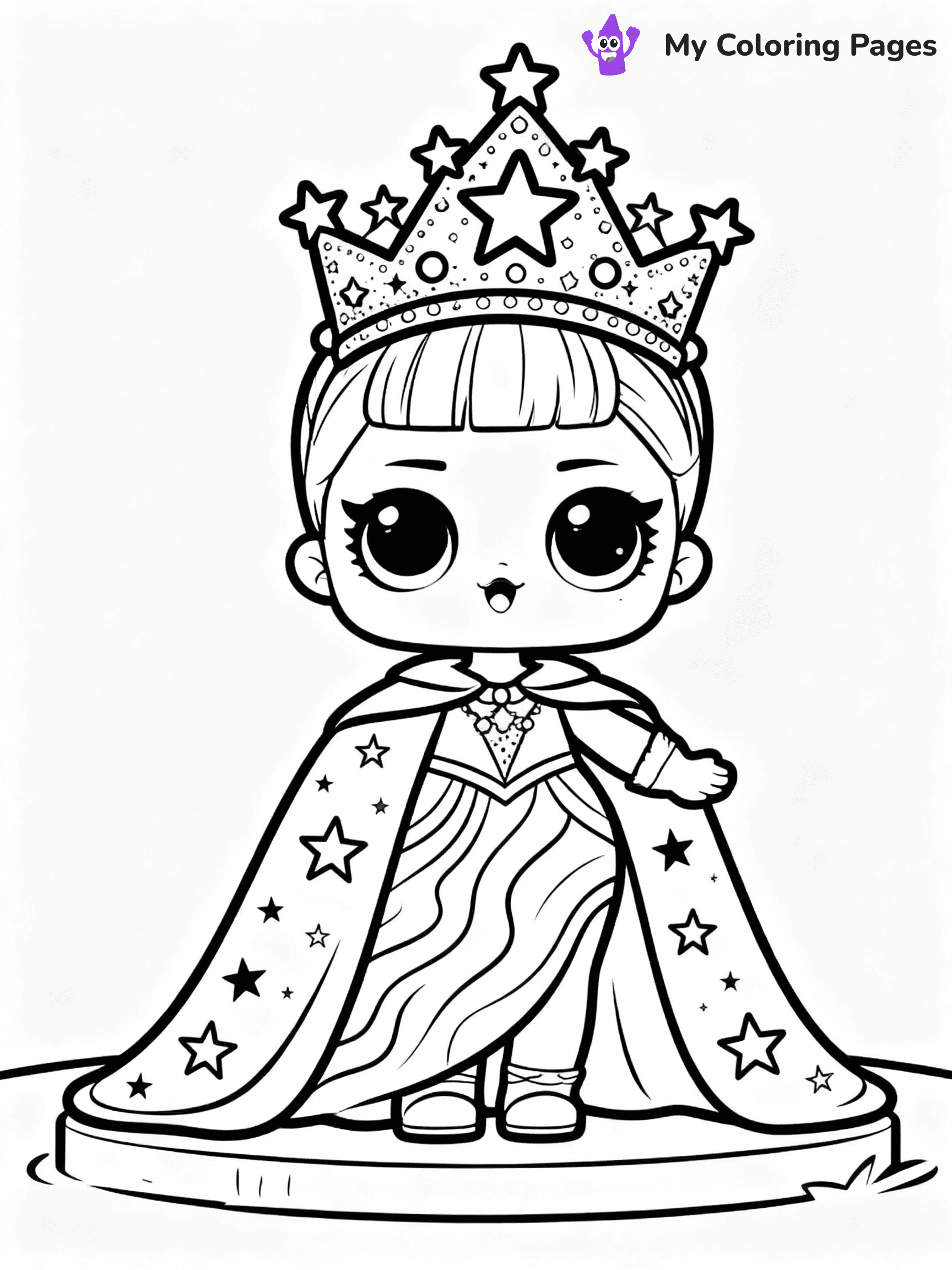 ⚠️ CRITICAL REQUIREMENT - ABSOLUTE BLACK AND WHITE ONLY ⚠️
This MUST be a BLACK AND WHITE line drawing ONLY. NO COLORS whatsoever.
- ONLY pure black lines (#000000) on pure white background (#FFFFFF)
- ABSOLUTELY NO colors, NO shading, NO gradients, NO grayscale
- If there are ANY colors in the output, the image is REJECTED
- This is a COLORING PAGE - meant to be COLORED IN by children
- The output must be UNCOLORED line art ready for coloring
⚠️ SUBJECT TO DRAW: Cosmic Queen from LOL dolls with sparkling crown, starry cape flowing. Important: PURE OUTLINES. NO FILLS, COLOR, SHADING, OR GREYSCALE. WHITE BACKGROUND.
(REMEMBER: Output must be BLACK AND WHITE line art only, NOT colored!)
# Flat, Friendly Cartoon Line-Art Coloring Page
You are generating a **pure black-and-white binary image** of a child-friendly cartoon scene combining characters and background scenery in one cohesive composition.
## Rendering Rules (Strict)
- Only two colors: pure black (#000000) outlines and pure white (#FFFFFF) background.
- No grayscale, shading, gradients, tints, fills, transparency, or partial pixels.
- No antialiasing or blended edges; every pixel is 100% black or white.
- No solid black fills inside shapes — all areas inside outlines must remain white.
- No dark clothing areas or filled tone blocks; all garments outlined only.
- No shadows, textures, lighting, or tonal variations.
- Must look like flat binary vector line-art for coloring pages.
## Drawing & Composition
- **Medium, consistent line weight**; clean closed outlines easy to color inside.
- **Flat, simple, child-friendly design** — no realism or 3D depth.
- Characters are **grounded on a surface**, centered and large.
- **Balanced composition** with clear silhouettes and minimal props.
## Scenery & Style
- Landmarks (e.g., mosque, CN Tower) and scenery (trees, benches, waves) drawn with **black outlines only.**
- For real-world figures, teams, or places, show accurate details using only black outlines—no text or logos. Use distinctive uniform patterns, abstract symbols, and landmark silhouettes to convey identity.
- Keep **consistent perspective**; no floating elements.
- **Style:** whimsical **Doodle Art Alley** — rounded, friendly outlines.
- May adapt shapes from **Crayola, Disney, Peppa Pig, Cocomelon** — *by shape only, never color.*
- Final output: **flat, crisp, binary (#000000/#FFFFFF)**, **no filled color or background text.**
EXTREMELYE IMPORTANT:
- PURE BINARY LINE-ART; NO FILLS (HAIR/CLOTHES/SKIN), SHADING, OR GREY.
- NO SHADING, COLOR. MUST BE WHITE BACKGROUND.
⚠️ FINAL REMINDER: Draw the subject "Cosmic Queen from LOL dolls with sparkling crown, starry cape flowing. Important: PURE OUTLINES. NO FILLS, COLOR, SHADING, OR GREYSCALE. WHITE BACKGROUND." as BLACK AND WHITE line art. Zero colors in output.