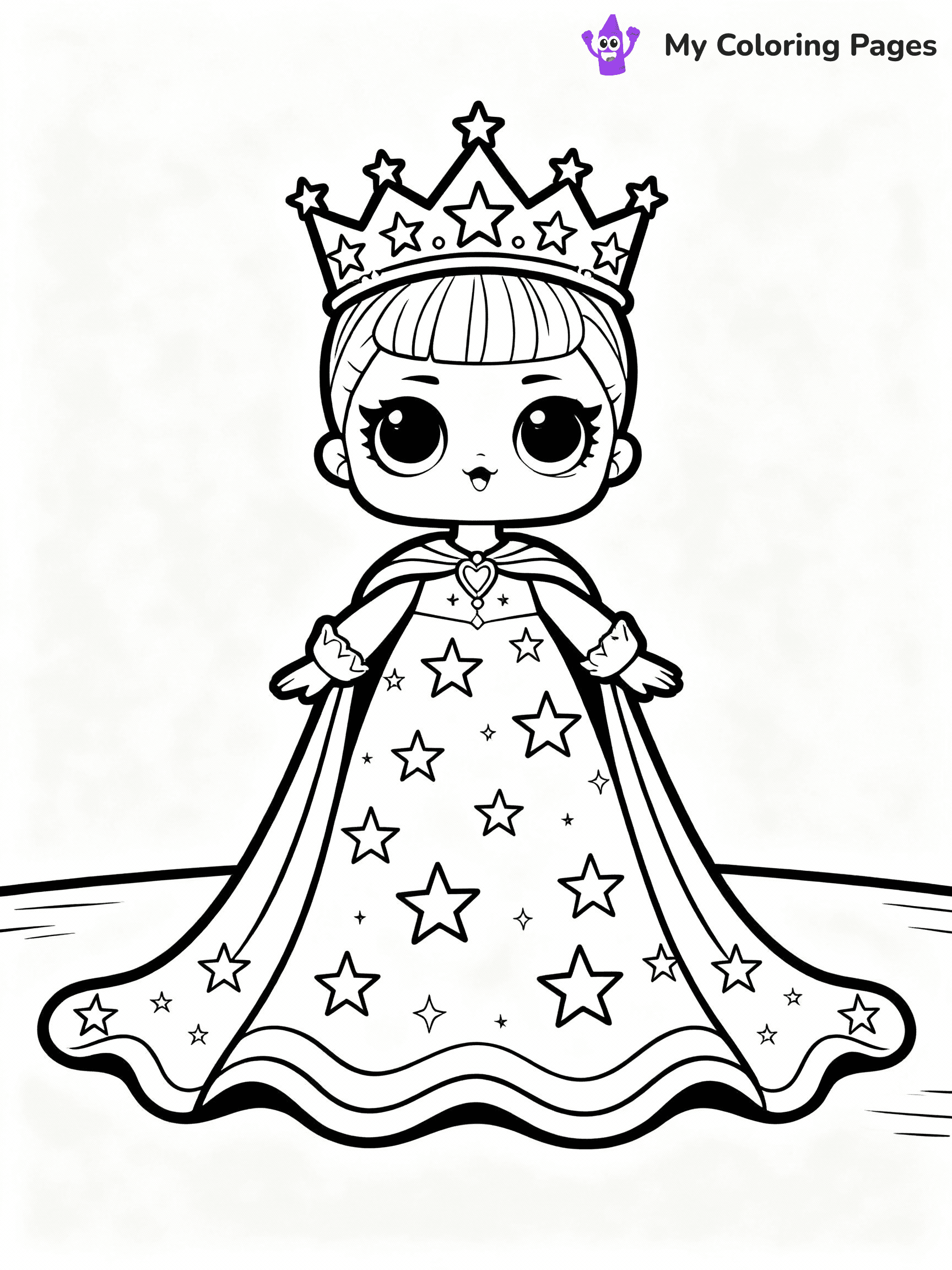 ⚠️ CRITICAL REQUIREMENT - ABSOLUTE BLACK AND WHITE ONLY ⚠️
This MUST be a BLACK AND WHITE line drawing ONLY. NO COLORS whatsoever.
- ONLY pure black lines (#000000) on pure white background (#FFFFFF)
- ABSOLUTELY NO colors, NO shading, NO gradients, NO grayscale
- If there are ANY colors in the output, the image is REJECTED
- This is a COLORING PAGE - meant to be COLORED IN by children
- The output must be UNCOLORED line art ready for coloring
⚠️ SUBJECT TO DRAW: Cosmic Queen from LOL dolls with sparkling crown, starry cape flowing. Important: PURE OUTLINES. NO FILLS, COLOR, SHADING, OR GREYSCALE. WHITE BACKGROUND.
(REMEMBER: Output must be BLACK AND WHITE line art only, NOT colored!)
# Flat, Friendly Cartoon Line-Art Coloring Page
You are generating a **pure black-and-white binary image** of a child-friendly cartoon scene combining characters and background scenery in one cohesive composition.
## Rendering Rules (Strict)
- Only two colors: pure black (#000000) outlines and pure white (#FFFFFF) background.
- No grayscale, shading, gradients, tints, fills, transparency, or partial pixels.
- No antialiasing or blended edges; every pixel is 100% black or white.
- No solid black fills inside shapes — all areas inside outlines must remain white.
- No dark clothing areas or filled tone blocks; all garments outlined only.
- No shadows, textures, lighting, or tonal variations.
- Must look like flat binary vector line-art for coloring pages.
## Drawing & Composition
- **Medium, consistent line weight**; clean closed outlines easy to color inside.
- **Flat, simple, child-friendly design** — no realism or 3D depth.
- Characters are **grounded on a surface**, centered and large.
- **Balanced composition** with clear silhouettes and minimal props.
## Scenery & Style
- Landmarks (e.g., mosque, CN Tower) and scenery (trees, benches, waves) drawn with **black outlines only.**
- For real-world figures, teams, or places, show accurate details using only black outlines—no text or logos. Use distinctive uniform patterns, abstract symbols, and landmark silhouettes to convey identity.
- Keep **consistent perspective**; no floating elements.
- **Style:** whimsical **Doodle Art Alley** — rounded, friendly outlines.
- May adapt shapes from **Crayola, Disney, Peppa Pig, Cocomelon** — *by shape only, never color.*
- Final output: **flat, crisp, binary (#000000/#FFFFFF)**, **no filled color or background text.**
EXTREMELYE IMPORTANT:
- PURE BINARY LINE-ART; NO FILLS (HAIR/CLOTHES/SKIN), SHADING, OR GREY.
- NO SHADING, COLOR. MUST BE WHITE BACKGROUND.
⚠️ FINAL REMINDER: Draw the subject "Cosmic Queen from LOL dolls with sparkling crown, starry cape flowing. Important: PURE OUTLINES. NO FILLS, COLOR, SHADING, OR GREYSCALE. WHITE BACKGROUND." as BLACK AND WHITE line art. Zero colors in output.