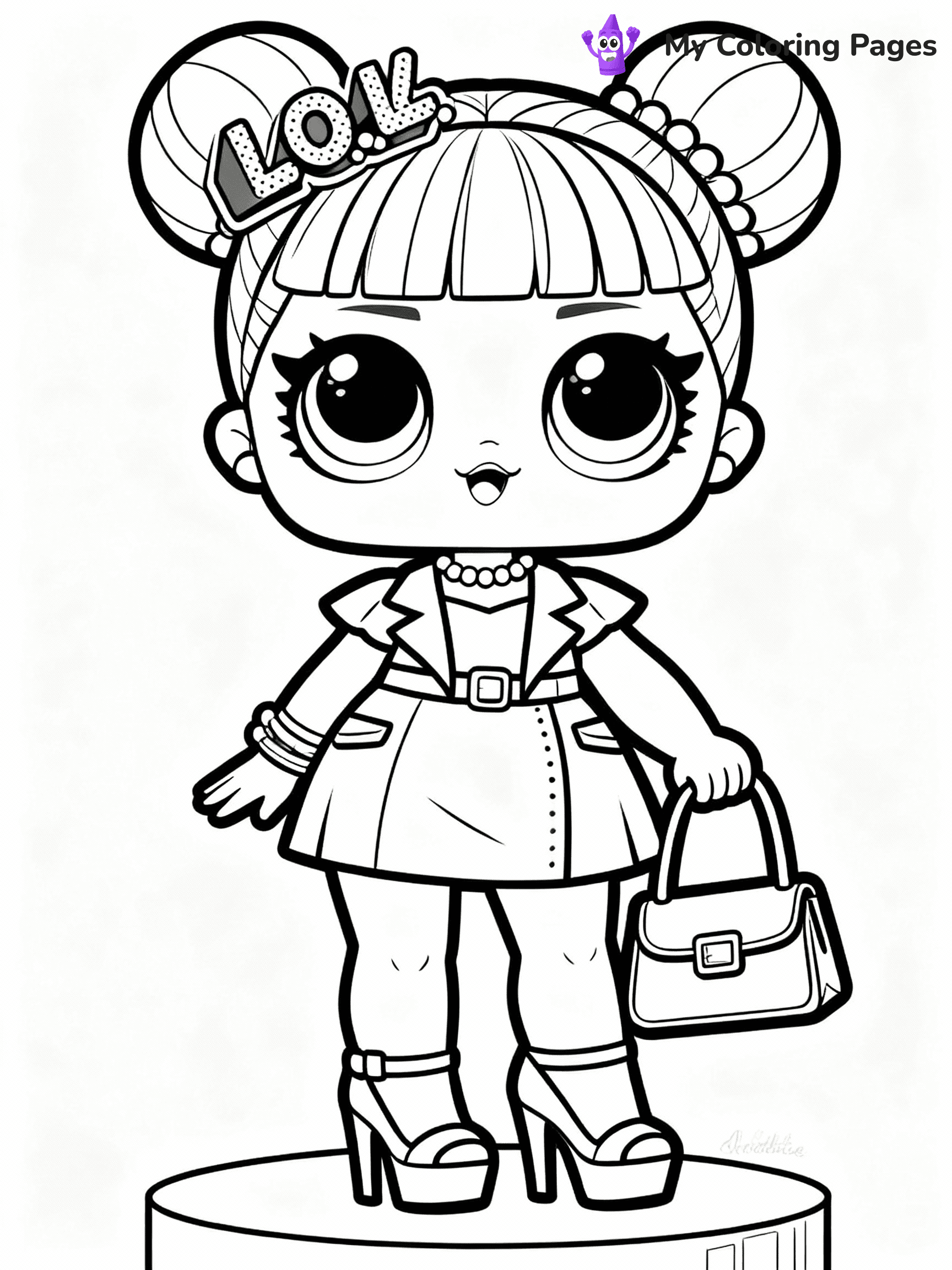 ⚠️ CRITICAL REQUIREMENT - ABSOLUTE BLACK AND WHITE ONLY ⚠️
This MUST be a BLACK AND WHITE line drawing ONLY. NO COLORS whatsoever.
- ONLY pure black lines (#000000) on pure white background (#FFFFFF)
- ABSOLUTELY NO colors, NO shading, NO gradients, NO grayscale
- If there are ANY colors in the output, the image is REJECTED
- This is a COLORING PAGE - meant to be COLORED IN by children
- The output must be UNCOLORED line art ready for coloring
⚠️ SUBJECT TO DRAW: Fancy from LOL dolls wearing a stylish outfit, high heels and purse visible. Important: PURE OUTLINES. NO FILLS, COLOR, SHADING, OR GREYSCALE. WHITE BACKGROUND.
(REMEMBER: Output must be BLACK AND WHITE line art only, NOT colored!)
# Flat, Friendly Cartoon Line-Art Coloring Page
You are generating a **pure black-and-white binary image** of a child-friendly cartoon scene combining characters and background scenery in one cohesive composition.
## Rendering Rules (Strict)
- Only two colors: pure black (#000000) outlines and pure white (#FFFFFF) background.
- No grayscale, shading, gradients, tints, fills, transparency, or partial pixels.
- No antialiasing or blended edges; every pixel is 100% black or white.
- No solid black fills inside shapes — all areas inside outlines must remain white.
- No dark clothing areas or filled tone blocks; all garments outlined only.
- No shadows, textures, lighting, or tonal variations.
- Must look like flat binary vector line-art for coloring pages.
## Drawing & Composition
- **Medium, consistent line weight**; clean closed outlines easy to color inside.
- **Flat, simple, child-friendly design** — no realism or 3D depth.
- Characters are **grounded on a surface**, centered and large.
- **Balanced composition** with clear silhouettes and minimal props.
## Scenery & Style
- Landmarks (e.g., mosque, CN Tower) and scenery (trees, benches, waves) drawn with **black outlines only.**
- For real-world figures, teams, or places, show accurate details using only black outlines—no text or logos. Use distinctive uniform patterns, abstract symbols, and landmark silhouettes to convey identity.
- Keep **consistent perspective**; no floating elements.
- **Style:** whimsical **Doodle Art Alley** — rounded, friendly outlines.
- May adapt shapes from **Crayola, Disney, Peppa Pig, Cocomelon** — *by shape only, never color.*
- Final output: **flat, crisp, binary (#000000/#FFFFFF)**, **no filled color or background text.**
EXTREMELYE IMPORTANT:
- PURE BINARY LINE-ART; NO FILLS (HAIR/CLOTHES/SKIN), SHADING, OR GREY.
- NO SHADING, COLOR. MUST BE WHITE BACKGROUND.
⚠️ FINAL REMINDER: Draw the subject "Fancy from LOL dolls wearing a stylish outfit, high heels and purse visible. Important: PURE OUTLINES. NO FILLS, COLOR, SHADING, OR GREYSCALE. WHITE BACKGROUND." as BLACK AND WHITE line art. Zero colors in output.