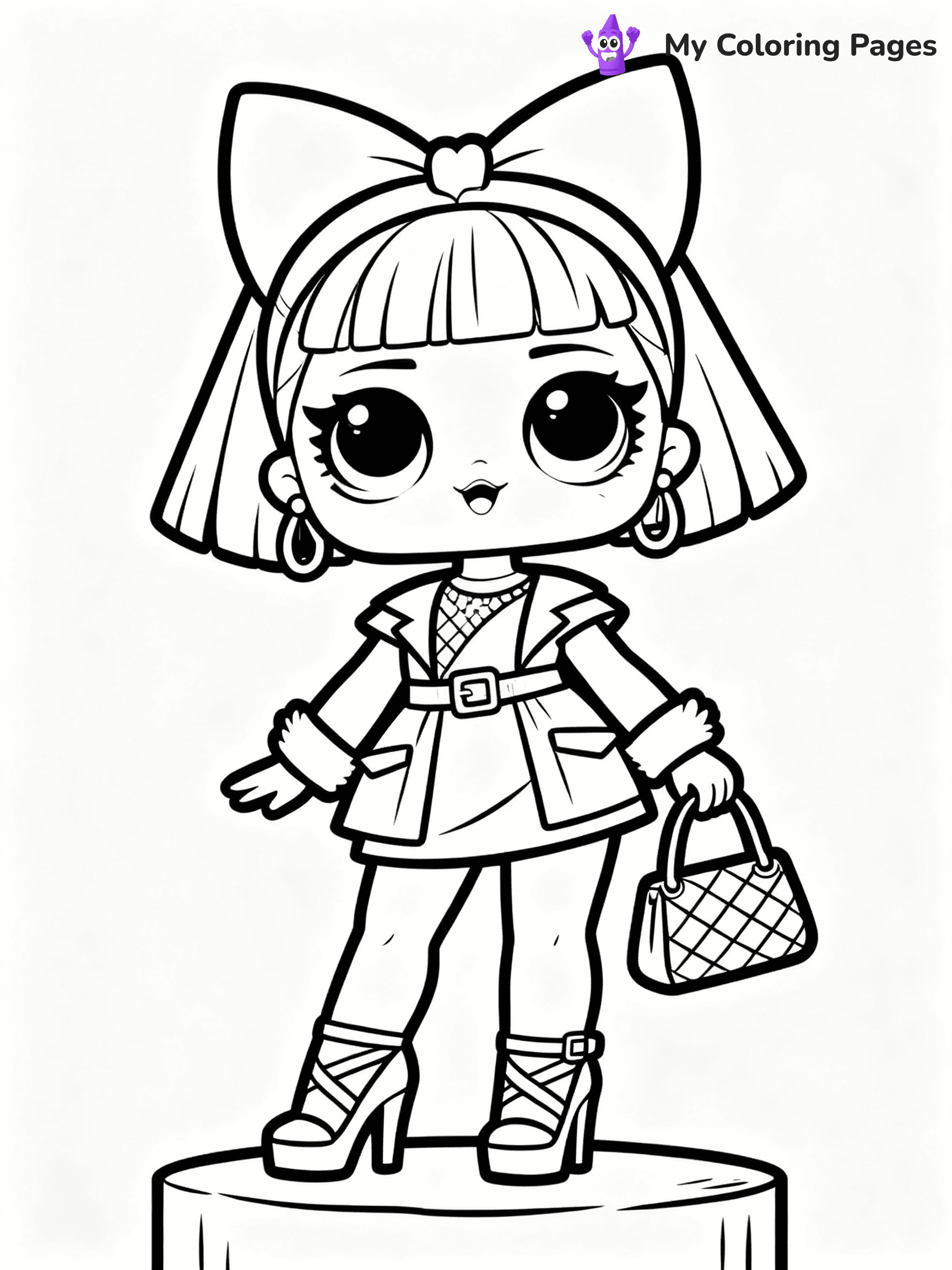 ⚠️ CRITICAL REQUIREMENT - ABSOLUTE BLACK AND WHITE ONLY ⚠️
This MUST be a BLACK AND WHITE line drawing ONLY. NO COLORS whatsoever.
- ONLY pure black lines (#000000) on pure white background (#FFFFFF)
- ABSOLUTELY NO colors, NO shading, NO gradients, NO grayscale
- If there are ANY colors in the output, the image is REJECTED
- This is a COLORING PAGE - meant to be COLORED IN by children
- The output must be UNCOLORED line art ready for coloring
⚠️ SUBJECT TO DRAW: Fancy from LOL dolls wearing a stylish outfit, high heels and purse visible. Important: PURE OUTLINES. NO FILLS, COLOR, SHADING, OR GREYSCALE. WHITE BACKGROUND.
(REMEMBER: Output must be BLACK AND WHITE line art only, NOT colored!)
# Flat, Friendly Cartoon Line-Art Coloring Page
You are generating a **pure black-and-white binary image** of a child-friendly cartoon scene combining characters and background scenery in one cohesive composition.
## Rendering Rules (Strict)
- Only two colors: pure black (#000000) outlines and pure white (#FFFFFF) background.
- No grayscale, shading, gradients, tints, fills, transparency, or partial pixels.
- No antialiasing or blended edges; every pixel is 100% black or white.
- No solid black fills inside shapes — all areas inside outlines must remain white.
- No dark clothing areas or filled tone blocks; all garments outlined only.
- No shadows, textures, lighting, or tonal variations.
- Must look like flat binary vector line-art for coloring pages.
## Drawing & Composition
- **Medium, consistent line weight**; clean closed outlines easy to color inside.
- **Flat, simple, child-friendly design** — no realism or 3D depth.
- Characters are **grounded on a surface**, centered and large.
- **Balanced composition** with clear silhouettes and minimal props.
## Scenery & Style
- Landmarks (e.g., mosque, CN Tower) and scenery (trees, benches, waves) drawn with **black outlines only.**
- For real-world figures, teams, or places, show accurate details using only black outlines—no text or logos. Use distinctive uniform patterns, abstract symbols, and landmark silhouettes to convey identity.
- Keep **consistent perspective**; no floating elements.
- **Style:** whimsical **Doodle Art Alley** — rounded, friendly outlines.
- May adapt shapes from **Crayola, Disney, Peppa Pig, Cocomelon** — *by shape only, never color.*
- Final output: **flat, crisp, binary (#000000/#FFFFFF)**, **no filled color or background text.**
EXTREMELYE IMPORTANT:
- PURE BINARY LINE-ART; NO FILLS (HAIR/CLOTHES/SKIN), SHADING, OR GREY.
- NO SHADING, COLOR. MUST BE WHITE BACKGROUND.
⚠️ FINAL REMINDER: Draw the subject "Fancy from LOL dolls wearing a stylish outfit, high heels and purse visible. Important: PURE OUTLINES. NO FILLS, COLOR, SHADING, OR GREYSCALE. WHITE BACKGROUND." as BLACK AND WHITE line art. Zero colors in output.
