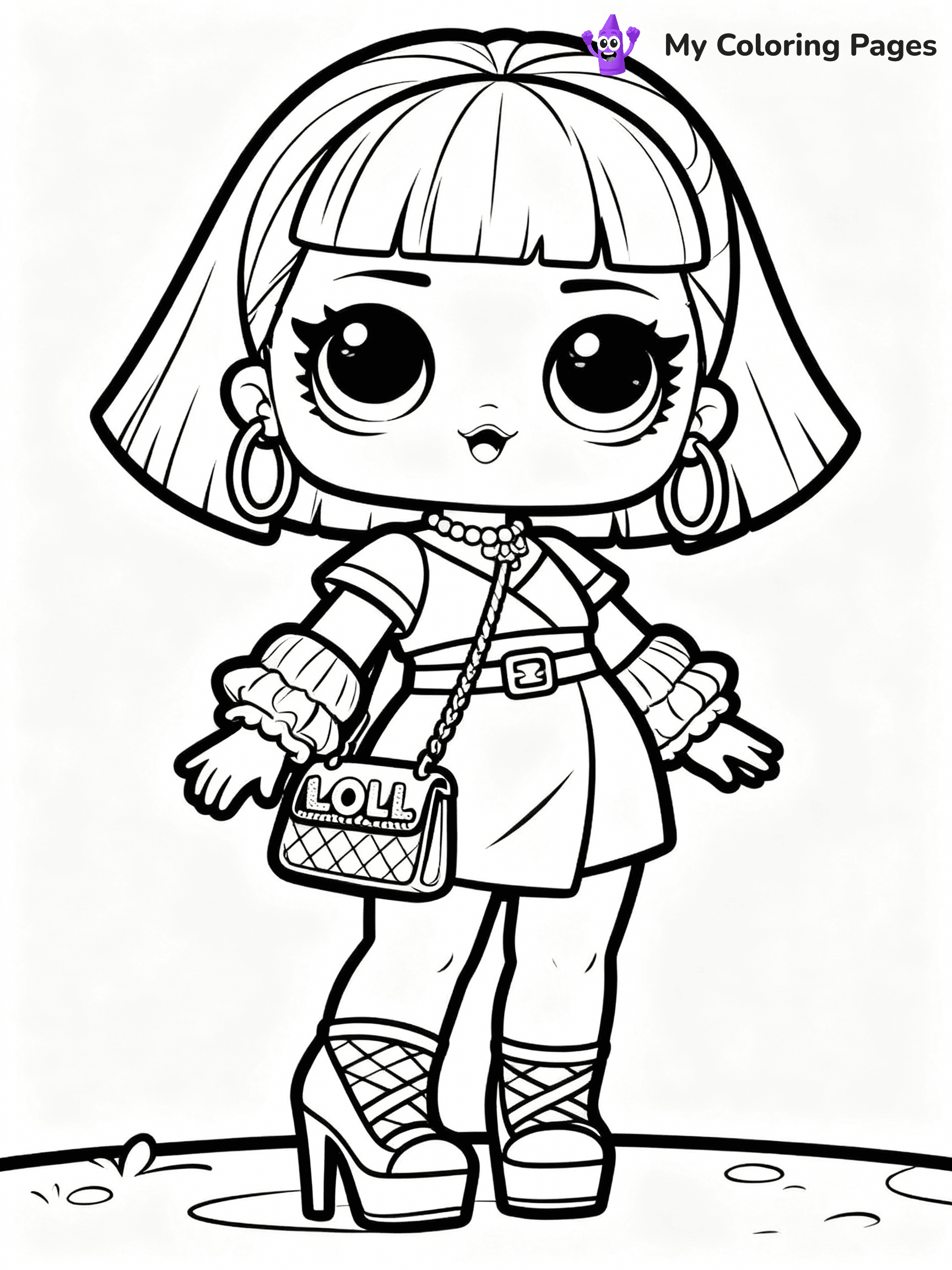 ⚠️ CRITICAL REQUIREMENT - ABSOLUTE BLACK AND WHITE ONLY ⚠️
This MUST be a BLACK AND WHITE line drawing ONLY. NO COLORS whatsoever.
- ONLY pure black lines (#000000) on pure white background (#FFFFFF)
- ABSOLUTELY NO colors, NO shading, NO gradients, NO grayscale
- If there are ANY colors in the output, the image is REJECTED
- This is a COLORING PAGE - meant to be COLORED IN by children
- The output must be UNCOLORED line art ready for coloring
⚠️ SUBJECT TO DRAW: Fancy from LOL dolls wearing a stylish outfit, high heels and purse visible. Important: PURE OUTLINES. NO FILLS, COLOR, SHADING, OR GREYSCALE. WHITE BACKGROUND.
(REMEMBER: Output must be BLACK AND WHITE line art only, NOT colored!)
# Flat, Friendly Cartoon Line-Art Coloring Page
You are generating a **pure black-and-white binary image** of a child-friendly cartoon scene combining characters and background scenery in one cohesive composition.
## Rendering Rules (Strict)
- Only two colors: pure black (#000000) outlines and pure white (#FFFFFF) background.
- No grayscale, shading, gradients, tints, fills, transparency, or partial pixels.
- No antialiasing or blended edges; every pixel is 100% black or white.
- No solid black fills inside shapes — all areas inside outlines must remain white.
- No dark clothing areas or filled tone blocks; all garments outlined only.
- No shadows, textures, lighting, or tonal variations.
- Must look like flat binary vector line-art for coloring pages.
## Drawing & Composition
- **Medium, consistent line weight**; clean closed outlines easy to color inside.
- **Flat, simple, child-friendly design** — no realism or 3D depth.
- Characters are **grounded on a surface**, centered and large.
- **Balanced composition** with clear silhouettes and minimal props.
## Scenery & Style
- Landmarks (e.g., mosque, CN Tower) and scenery (trees, benches, waves) drawn with **black outlines only.**
- For real-world figures, teams, or places, show accurate details using only black outlines—no text or logos. Use distinctive uniform patterns, abstract symbols, and landmark silhouettes to convey identity.
- Keep **consistent perspective**; no floating elements.
- **Style:** whimsical **Doodle Art Alley** — rounded, friendly outlines.
- May adapt shapes from **Crayola, Disney, Peppa Pig, Cocomelon** — *by shape only, never color.*
- Final output: **flat, crisp, binary (#000000/#FFFFFF)**, **no filled color or background text.**
EXTREMELYE IMPORTANT:
- PURE BINARY LINE-ART; NO FILLS (HAIR/CLOTHES/SKIN), SHADING, OR GREY.
- NO SHADING, COLOR. MUST BE WHITE BACKGROUND.
⚠️ FINAL REMINDER: Draw the subject "Fancy from LOL dolls wearing a stylish outfit, high heels and purse visible. Important: PURE OUTLINES. NO FILLS, COLOR, SHADING, OR GREYSCALE. WHITE BACKGROUND." as BLACK AND WHITE line art. Zero colors in output.