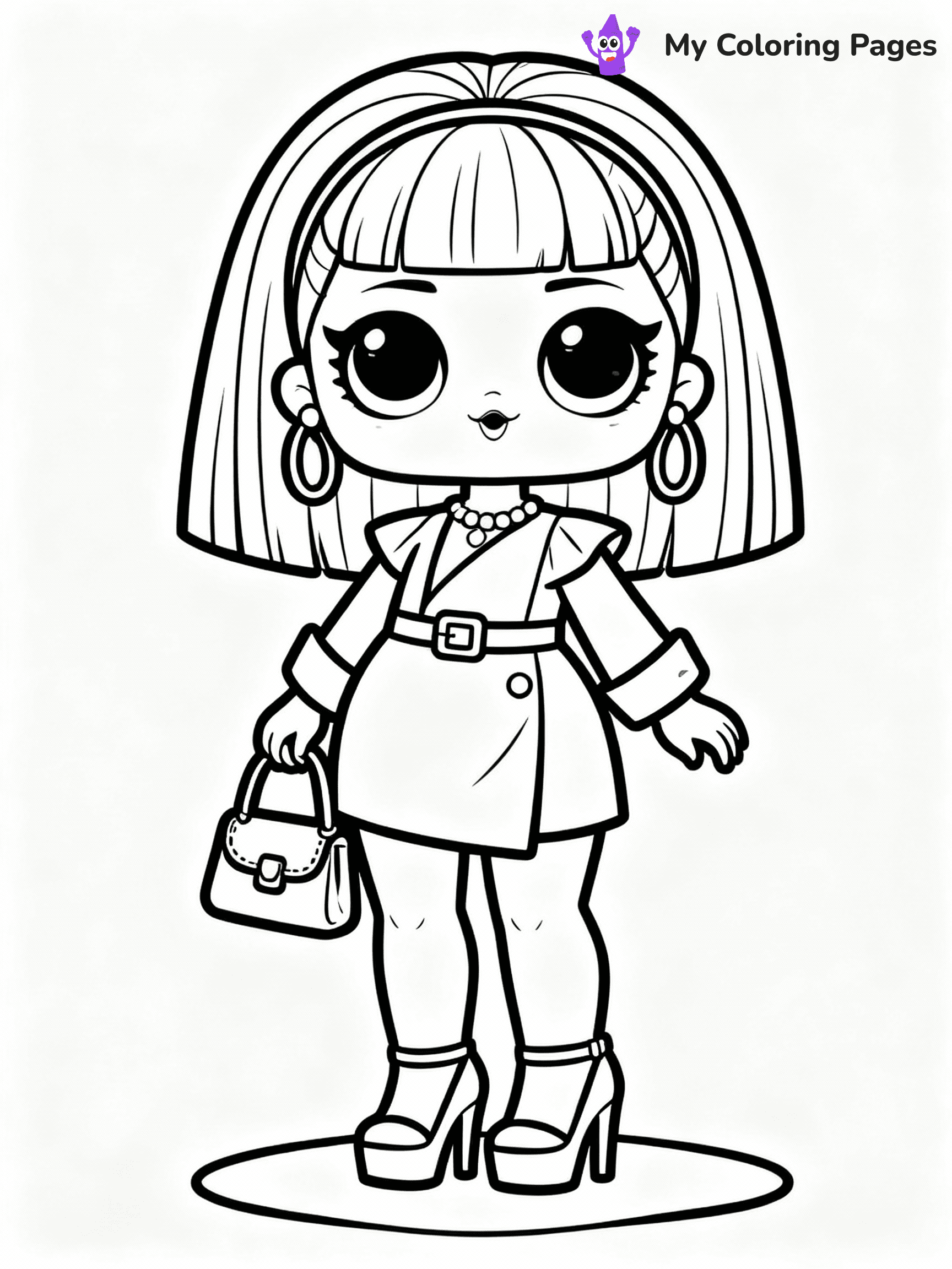 ⚠️ CRITICAL REQUIREMENT - ABSOLUTE BLACK AND WHITE ONLY ⚠️
This MUST be a BLACK AND WHITE line drawing ONLY. NO COLORS whatsoever.
- ONLY pure black lines (#000000) on pure white background (#FFFFFF)
- ABSOLUTELY NO colors, NO shading, NO gradients, NO grayscale
- If there are ANY colors in the output, the image is REJECTED
- This is a COLORING PAGE - meant to be COLORED IN by children
- The output must be UNCOLORED line art ready for coloring
⚠️ SUBJECT TO DRAW: Fancy from LOL dolls wearing a stylish outfit, high heels and purse visible. Important: PURE OUTLINES. NO FILLS, COLOR, SHADING, OR GREYSCALE. WHITE BACKGROUND.
(REMEMBER: Output must be BLACK AND WHITE line art only, NOT colored!)
# Flat, Friendly Cartoon Line-Art Coloring Page
You are generating a **pure black-and-white binary image** of a child-friendly cartoon scene combining characters and background scenery in one cohesive composition.
## Rendering Rules (Strict)
- Only two colors: pure black (#000000) outlines and pure white (#FFFFFF) background.
- No grayscale, shading, gradients, tints, fills, transparency, or partial pixels.
- No antialiasing or blended edges; every pixel is 100% black or white.
- No solid black fills inside shapes — all areas inside outlines must remain white.
- No dark clothing areas or filled tone blocks; all garments outlined only.
- No shadows, textures, lighting, or tonal variations.
- Must look like flat binary vector line-art for coloring pages.
## Drawing & Composition
- **Medium, consistent line weight**; clean closed outlines easy to color inside.
- **Flat, simple, child-friendly design** — no realism or 3D depth.
- Characters are **grounded on a surface**, centered and large.
- **Balanced composition** with clear silhouettes and minimal props.
## Scenery & Style
- Landmarks (e.g., mosque, CN Tower) and scenery (trees, benches, waves) drawn with **black outlines only.**
- For real-world figures, teams, or places, show accurate details using only black outlines—no text or logos. Use distinctive uniform patterns, abstract symbols, and landmark silhouettes to convey identity.
- Keep **consistent perspective**; no floating elements.
- **Style:** whimsical **Doodle Art Alley** — rounded, friendly outlines.
- May adapt shapes from **Crayola, Disney, Peppa Pig, Cocomelon** — *by shape only, never color.*
- Final output: **flat, crisp, binary (#000000/#FFFFFF)**, **no filled color or background text.**
EXTREMELYE IMPORTANT:
- PURE BINARY LINE-ART; NO FILLS (HAIR/CLOTHES/SKIN), SHADING, OR GREY.
- NO SHADING, COLOR. MUST BE WHITE BACKGROUND.
⚠️ FINAL REMINDER: Draw the subject "Fancy from LOL dolls wearing a stylish outfit, high heels and purse visible. Important: PURE OUTLINES. NO FILLS, COLOR, SHADING, OR GREYSCALE. WHITE BACKGROUND." as BLACK AND WHITE line art. Zero colors in output.