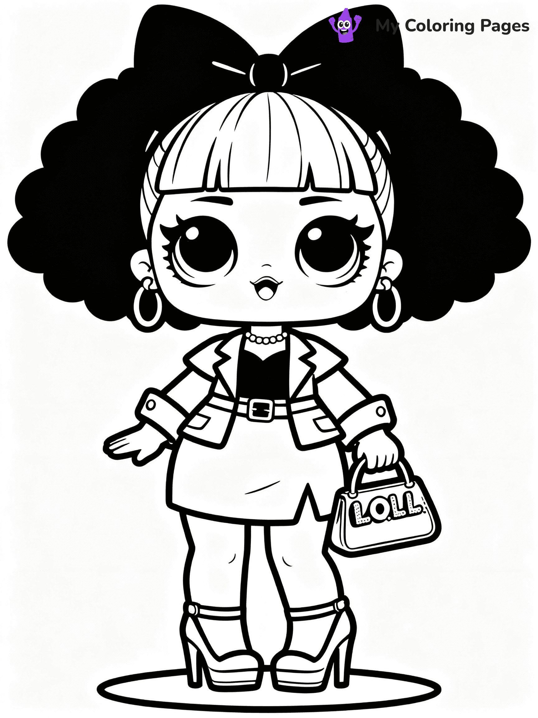 ⚠️ CRITICAL REQUIREMENT - ABSOLUTE BLACK AND WHITE ONLY ⚠️
This MUST be a BLACK AND WHITE line drawing ONLY. NO COLORS whatsoever.
- ONLY pure black lines (#000000) on pure white background (#FFFFFF)
- ABSOLUTELY NO colors, NO shading, NO gradients, NO grayscale
- If there are ANY colors in the output, the image is REJECTED
- This is a COLORING PAGE - meant to be COLORED IN by children
- The output must be UNCOLORED line art ready for coloring
⚠️ SUBJECT TO DRAW: Fancy from LOL dolls wearing a stylish outfit, high heels and purse visible. Important: PURE OUTLINES. NO FILLS, COLOR, SHADING, OR GREYSCALE. WHITE BACKGROUND.
(REMEMBER: Output must be BLACK AND WHITE line art only, NOT colored!)
# Flat, Friendly Cartoon Line-Art Coloring Page
You are generating a **pure black-and-white binary image** of a child-friendly cartoon scene combining characters and background scenery in one cohesive composition.
## Rendering Rules (Strict)
- Only two colors: pure black (#000000) outlines and pure white (#FFFFFF) background.
- No grayscale, shading, gradients, tints, fills, transparency, or partial pixels.
- No antialiasing or blended edges; every pixel is 100% black or white.
- No solid black fills inside shapes — all areas inside outlines must remain white.
- No dark clothing areas or filled tone blocks; all garments outlined only.
- No shadows, textures, lighting, or tonal variations.
- Must look like flat binary vector line-art for coloring pages.
## Drawing & Composition
- **Medium, consistent line weight**; clean closed outlines easy to color inside.
- **Flat, simple, child-friendly design** — no realism or 3D depth.
- Characters are **grounded on a surface**, centered and large.
- **Balanced composition** with clear silhouettes and minimal props.
## Scenery & Style
- Landmarks (e.g., mosque, CN Tower) and scenery (trees, benches, waves) drawn with **black outlines only.**
- For real-world figures, teams, or places, show accurate details using only black outlines—no text or logos. Use distinctive uniform patterns, abstract symbols, and landmark silhouettes to convey identity.
- Keep **consistent perspective**; no floating elements.
- **Style:** whimsical **Doodle Art Alley** — rounded, friendly outlines.
- May adapt shapes from **Crayola, Disney, Peppa Pig, Cocomelon** — *by shape only, never color.*
- Final output: **flat, crisp, binary (#000000/#FFFFFF)**, **no filled color or background text.**
EXTREMELYE IMPORTANT:
- PURE BINARY LINE-ART; NO FILLS (HAIR/CLOTHES/SKIN), SHADING, OR GREY.
- NO SHADING, COLOR. MUST BE WHITE BACKGROUND.
⚠️ FINAL REMINDER: Draw the subject "Fancy from LOL dolls wearing a stylish outfit, high heels and purse visible. Important: PURE OUTLINES. NO FILLS, COLOR, SHADING, OR GREYSCALE. WHITE BACKGROUND." as BLACK AND WHITE line art. Zero colors in output.