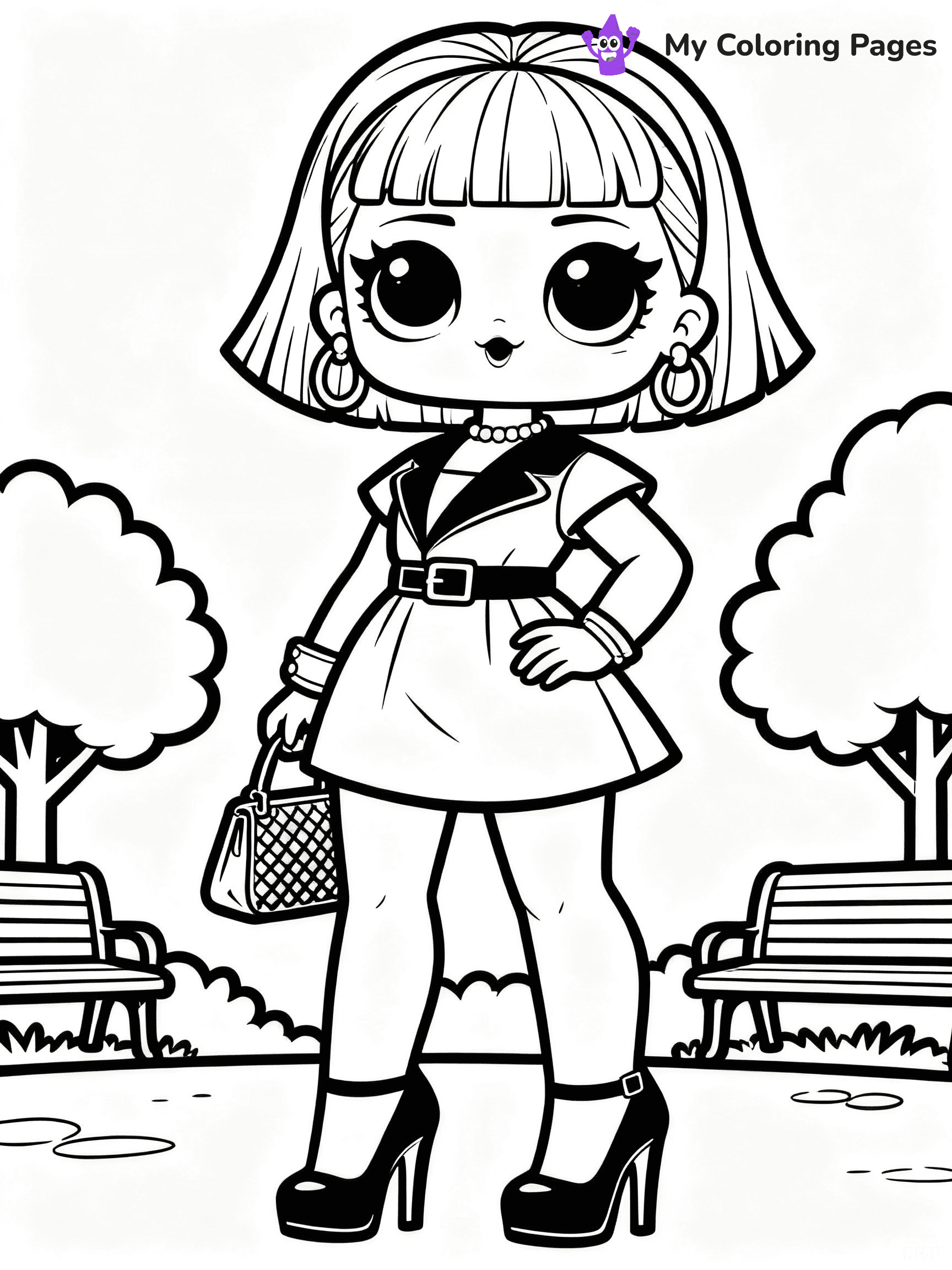 ⚠️ CRITICAL REQUIREMENT - ABSOLUTE BLACK AND WHITE ONLY ⚠️
This MUST be a BLACK AND WHITE line drawing ONLY. NO COLORS whatsoever.
- ONLY pure black lines (#000000) on pure white background (#FFFFFF)
- ABSOLUTELY NO colors, NO shading, NO gradients, NO grayscale
- If there are ANY colors in the output, the image is REJECTED
- This is a COLORING PAGE - meant to be COLORED IN by children
- The output must be UNCOLORED line art ready for coloring
⚠️ SUBJECT TO DRAW: Fancy from LOL dolls wearing a stylish outfit, high heels and purse visible. Important: PURE OUTLINES. NO FILLS, COLOR, SHADING, OR GREYSCALE. WHITE BACKGROUND.
(REMEMBER: Output must be BLACK AND WHITE line art only, NOT colored!)
# Flat, Friendly Cartoon Line-Art Coloring Page
You are generating a **pure black-and-white binary image** of a child-friendly cartoon scene combining characters and background scenery in one cohesive composition.
## Rendering Rules (Strict)
- Only two colors: pure black (#000000) outlines and pure white (#FFFFFF) background.
- No grayscale, shading, gradients, tints, fills, transparency, or partial pixels.
- No antialiasing or blended edges; every pixel is 100% black or white.
- No solid black fills inside shapes — all areas inside outlines must remain white.
- No dark clothing areas or filled tone blocks; all garments outlined only.
- No shadows, textures, lighting, or tonal variations.
- Must look like flat binary vector line-art for coloring pages.
## Drawing & Composition
- **Medium, consistent line weight**; clean closed outlines easy to color inside.
- **Flat, simple, child-friendly design** — no realism or 3D depth.
- Characters are **grounded on a surface**, centered and large.
- **Balanced composition** with clear silhouettes and minimal props.
## Scenery & Style
- Landmarks (e.g., mosque, CN Tower) and scenery (trees, benches, waves) drawn with **black outlines only.**
- For real-world figures, teams, or places, show accurate details using only black outlines—no text or logos. Use distinctive uniform patterns, abstract symbols, and landmark silhouettes to convey identity.
- Keep **consistent perspective**; no floating elements.
- **Style:** whimsical **Doodle Art Alley** — rounded, friendly outlines.
- May adapt shapes from **Crayola, Disney, Peppa Pig, Cocomelon** — *by shape only, never color.*
- Final output: **flat, crisp, binary (#000000/#FFFFFF)**, **no filled color or background text.**
EXTREMELYE IMPORTANT:
- PURE BINARY LINE-ART; NO FILLS (HAIR/CLOTHES/SKIN), SHADING, OR GREY.
- NO SHADING, COLOR. MUST BE WHITE BACKGROUND.
⚠️ FINAL REMINDER: Draw the subject "Fancy from LOL dolls wearing a stylish outfit, high heels and purse visible. Important: PURE OUTLINES. NO FILLS, COLOR, SHADING, OR GREYSCALE. WHITE BACKGROUND." as BLACK AND WHITE line art. Zero colors in output.