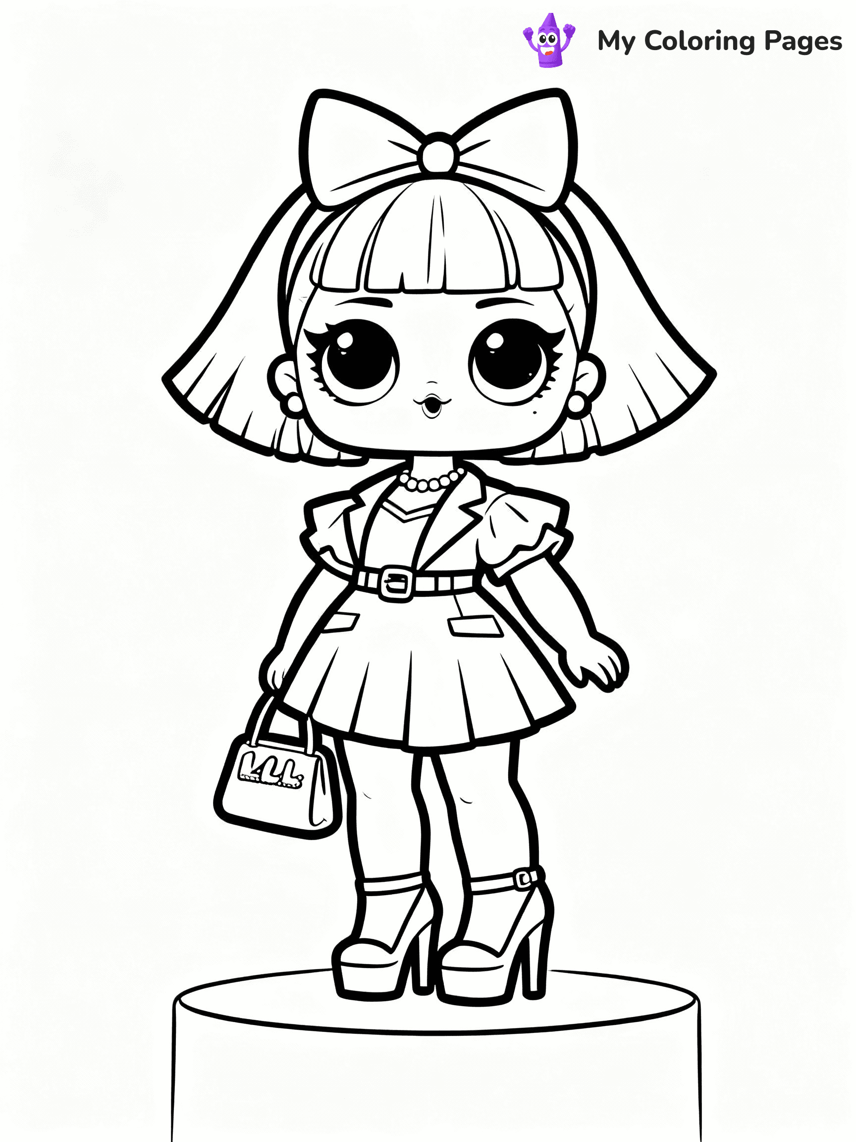⚠️ CRITICAL REQUIREMENT - ABSOLUTE BLACK AND WHITE ONLY ⚠️
This MUST be a BLACK AND WHITE line drawing ONLY. NO COLORS whatsoever.
- ONLY pure black lines (#000000) on pure white background (#FFFFFF)
- ABSOLUTELY NO colors, NO shading, NO gradients, NO grayscale
- If there are ANY colors in the output, the image is REJECTED
- This is a COLORING PAGE - meant to be COLORED IN by children
- The output must be UNCOLORED line art ready for coloring
⚠️ SUBJECT TO DRAW: Fancy from LOL dolls wearing a stylish outfit, high heels and purse visible. Important: PURE OUTLINES. NO FILLS, COLOR, SHADING, OR GREYSCALE. WHITE BACKGROUND.
(REMEMBER: Output must be BLACK AND WHITE line art only, NOT colored!)
# Flat, Friendly Cartoon Line-Art Coloring Page
You are generating a **pure black-and-white binary image** of a child-friendly cartoon scene combining characters and background scenery in one cohesive composition.
## Rendering Rules (Strict)
- Only two colors: pure black (#000000) outlines and pure white (#FFFFFF) background.
- No grayscale, shading, gradients, tints, fills, transparency, or partial pixels.
- No antialiasing or blended edges; every pixel is 100% black or white.
- No solid black fills inside shapes — all areas inside outlines must remain white.
- No dark clothing areas or filled tone blocks; all garments outlined only.
- No shadows, textures, lighting, or tonal variations.
- Must look like flat binary vector line-art for coloring pages.
## Drawing & Composition
- **Medium, consistent line weight**; clean closed outlines easy to color inside.
- **Flat, simple, child-friendly design** — no realism or 3D depth.
- Characters are **grounded on a surface**, centered and large.
- **Balanced composition** with clear silhouettes and minimal props.
## Scenery & Style
- Landmarks (e.g., mosque, CN Tower) and scenery (trees, benches, waves) drawn with **black outlines only.**
- For real-world figures, teams, or places, show accurate details using only black outlines—no text or logos. Use distinctive uniform patterns, abstract symbols, and landmark silhouettes to convey identity.
- Keep **consistent perspective**; no floating elements.
- **Style:** whimsical **Doodle Art Alley** — rounded, friendly outlines.
- May adapt shapes from **Crayola, Disney, Peppa Pig, Cocomelon** — *by shape only, never color.*
- Final output: **flat, crisp, binary (#000000/#FFFFFF)**, **no filled color or background text.**
EXTREMELYE IMPORTANT:
- PURE BINARY LINE-ART; NO FILLS (HAIR/CLOTHES/SKIN), SHADING, OR GREY.
- NO SHADING, COLOR. MUST BE WHITE BACKGROUND.
⚠️ FINAL REMINDER: Draw the subject "Fancy from LOL dolls wearing a stylish outfit, high heels and purse visible. Important: PURE OUTLINES. NO FILLS, COLOR, SHADING, OR GREYSCALE. WHITE BACKGROUND." as BLACK AND WHITE line art. Zero colors in output.