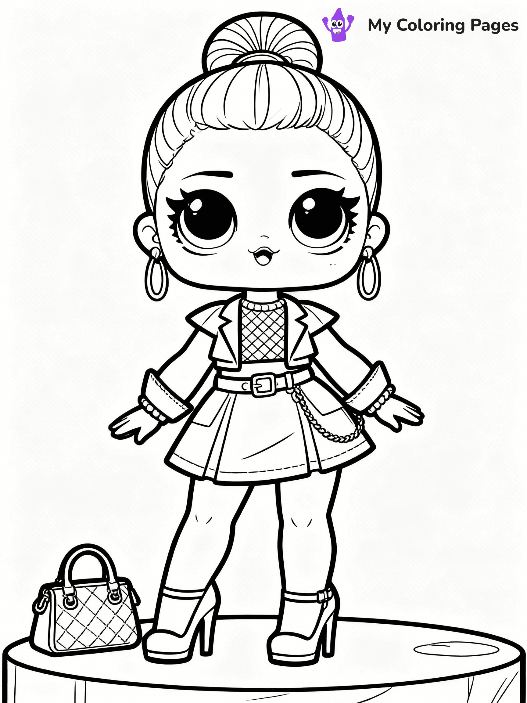 ⚠️ CRITICAL REQUIREMENT - ABSOLUTE BLACK AND WHITE ONLY ⚠️
This MUST be a BLACK AND WHITE line drawing ONLY. NO COLORS whatsoever.
- ONLY pure black lines (#000000) on pure white background (#FFFFFF)
- ABSOLUTELY NO colors, NO shading, NO gradients, NO grayscale
- If there are ANY colors in the output, the image is REJECTED
- This is a COLORING PAGE - meant to be COLORED IN by children
- The output must be UNCOLORED line art ready for coloring
⚠️ SUBJECT TO DRAW: Fancy from LOL dolls wearing a stylish outfit, high heels and purse visible. Important: PURE OUTLINES. NO FILLS, COLOR, SHADING, OR GREYSCALE. WHITE BACKGROUND.
(REMEMBER: Output must be BLACK AND WHITE line art only, NOT colored!)
# Flat, Friendly Cartoon Line-Art Coloring Page
You are generating a **pure black-and-white binary image** of a child-friendly cartoon scene combining characters and background scenery in one cohesive composition.
## Rendering Rules (Strict)
- Only two colors: pure black (#000000) outlines and pure white (#FFFFFF) background.
- No grayscale, shading, gradients, tints, fills, transparency, or partial pixels.
- No antialiasing or blended edges; every pixel is 100% black or white.
- No solid black fills inside shapes — all areas inside outlines must remain white.
- No dark clothing areas or filled tone blocks; all garments outlined only.
- No shadows, textures, lighting, or tonal variations.
- Must look like flat binary vector line-art for coloring pages.
## Drawing & Composition
- **Medium, consistent line weight**; clean closed outlines easy to color inside.
- **Flat, simple, child-friendly design** — no realism or 3D depth.
- Characters are **grounded on a surface**, centered and large.
- **Balanced composition** with clear silhouettes and minimal props.
## Scenery & Style
- Landmarks (e.g., mosque, CN Tower) and scenery (trees, benches, waves) drawn with **black outlines only.**
- For real-world figures, teams, or places, show accurate details using only black outlines—no text or logos. Use distinctive uniform patterns, abstract symbols, and landmark silhouettes to convey identity.
- Keep **consistent perspective**; no floating elements.
- **Style:** whimsical **Doodle Art Alley** — rounded, friendly outlines.
- May adapt shapes from **Crayola, Disney, Peppa Pig, Cocomelon** — *by shape only, never color.*
- Final output: **flat, crisp, binary (#000000/#FFFFFF)**, **no filled color or background text.**
EXTREMELYE IMPORTANT:
- PURE BINARY LINE-ART; NO FILLS (HAIR/CLOTHES/SKIN), SHADING, OR GREY.
- NO SHADING, COLOR. MUST BE WHITE BACKGROUND.
⚠️ FINAL REMINDER: Draw the subject "Fancy from LOL dolls wearing a stylish outfit, high heels and purse visible. Important: PURE OUTLINES. NO FILLS, COLOR, SHADING, OR GREYSCALE. WHITE BACKGROUND." as BLACK AND WHITE line art. Zero colors in output.