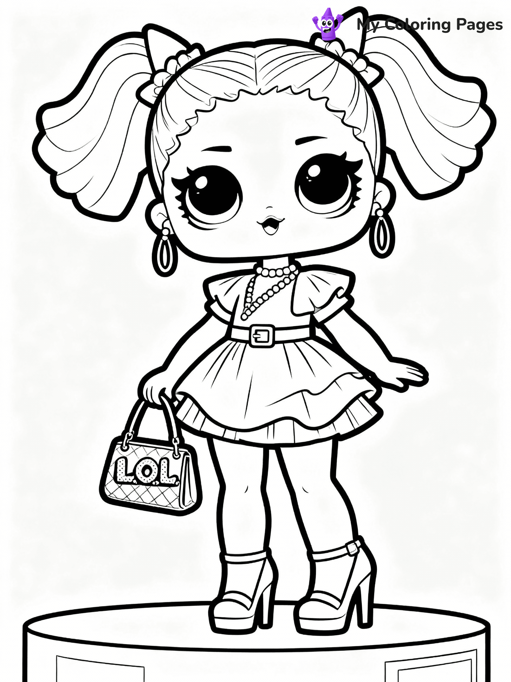 ⚠️ CRITICAL REQUIREMENT - ABSOLUTE BLACK AND WHITE ONLY ⚠️
This MUST be a BLACK AND WHITE line drawing ONLY. NO COLORS whatsoever.
- ONLY pure black lines (#000000) on pure white background (#FFFFFF)
- ABSOLUTELY NO colors, NO shading, NO gradients, NO grayscale
- If there are ANY colors in the output, the image is REJECTED
- This is a COLORING PAGE - meant to be COLORED IN by children
- The output must be UNCOLORED line art ready for coloring
⚠️ SUBJECT TO DRAW: Fancy from LOL dolls wearing a stylish outfit, high heels and purse visible. Important: PURE OUTLINES. NO FILLS, COLOR, SHADING, OR GREYSCALE. WHITE BACKGROUND.
(REMEMBER: Output must be BLACK AND WHITE line art only, NOT colored!)
# Flat, Friendly Cartoon Line-Art Coloring Page
You are generating a **pure black-and-white binary image** of a child-friendly cartoon scene combining characters and background scenery in one cohesive composition.
## Rendering Rules (Strict)
- Only two colors: pure black (#000000) outlines and pure white (#FFFFFF) background.
- No grayscale, shading, gradients, tints, fills, transparency, or partial pixels.
- No antialiasing or blended edges; every pixel is 100% black or white.
- No solid black fills inside shapes — all areas inside outlines must remain white.
- No dark clothing areas or filled tone blocks; all garments outlined only.
- No shadows, textures, lighting, or tonal variations.
- Must look like flat binary vector line-art for coloring pages.
## Drawing & Composition
- **Medium, consistent line weight**; clean closed outlines easy to color inside.
- **Flat, simple, child-friendly design** — no realism or 3D depth.
- Characters are **grounded on a surface**, centered and large.
- **Balanced composition** with clear silhouettes and minimal props.
## Scenery & Style
- Landmarks (e.g., mosque, CN Tower) and scenery (trees, benches, waves) drawn with **black outlines only.**
- For real-world figures, teams, or places, show accurate details using only black outlines—no text or logos. Use distinctive uniform patterns, abstract symbols, and landmark silhouettes to convey identity.
- Keep **consistent perspective**; no floating elements.
- **Style:** whimsical **Doodle Art Alley** — rounded, friendly outlines.
- May adapt shapes from **Crayola, Disney, Peppa Pig, Cocomelon** — *by shape only, never color.*
- Final output: **flat, crisp, binary (#000000/#FFFFFF)**, **no filled color or background text.**
EXTREMELYE IMPORTANT:
- PURE BINARY LINE-ART; NO FILLS (HAIR/CLOTHES/SKIN), SHADING, OR GREY.
- NO SHADING, COLOR. MUST BE WHITE BACKGROUND.
⚠️ FINAL REMINDER: Draw the subject "Fancy from LOL dolls wearing a stylish outfit, high heels and purse visible. Important: PURE OUTLINES. NO FILLS, COLOR, SHADING, OR GREYSCALE. WHITE BACKGROUND." as BLACK AND WHITE line art. Zero colors in output.