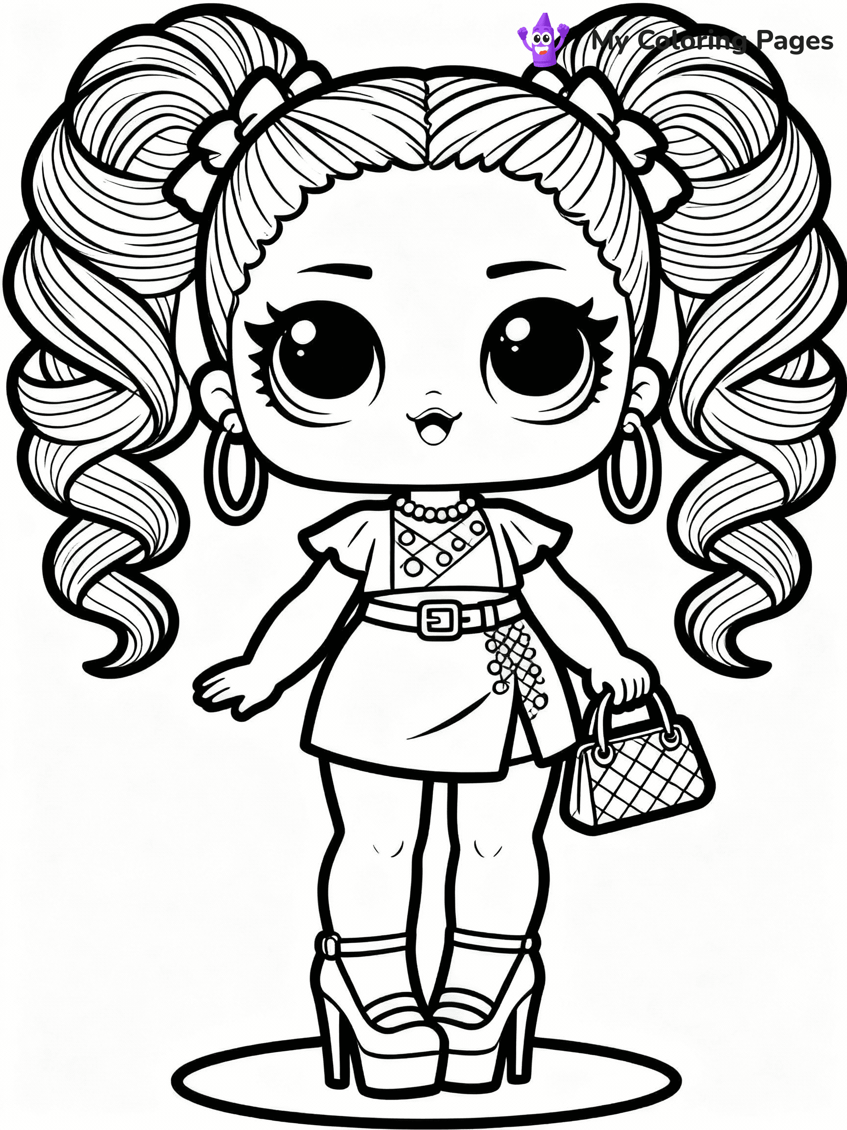 ⚠️ CRITICAL REQUIREMENT - ABSOLUTE BLACK AND WHITE ONLY ⚠️
This MUST be a BLACK AND WHITE line drawing ONLY. NO COLORS whatsoever.
- ONLY pure black lines (#000000) on pure white background (#FFFFFF)
- ABSOLUTELY NO colors, NO shading, NO gradients, NO grayscale
- If there are ANY colors in the output, the image is REJECTED
- This is a COLORING PAGE - meant to be COLORED IN by children
- The output must be UNCOLORED line art ready for coloring
⚠️ SUBJECT TO DRAW: Fancy from LOL dolls wearing a stylish outfit, high heels and purse visible. Important: PURE OUTLINES. NO FILLS, COLOR, SHADING, OR GREYSCALE. WHITE BACKGROUND.
(REMEMBER: Output must be BLACK AND WHITE line art only, NOT colored!)
# Flat, Friendly Cartoon Line-Art Coloring Page
You are generating a **pure black-and-white binary image** of a child-friendly cartoon scene combining characters and background scenery in one cohesive composition.
## Rendering Rules (Strict)
- Only two colors: pure black (#000000) outlines and pure white (#FFFFFF) background.
- No grayscale, shading, gradients, tints, fills, transparency, or partial pixels.
- No antialiasing or blended edges; every pixel is 100% black or white.
- No solid black fills inside shapes — all areas inside outlines must remain white.
- No dark clothing areas or filled tone blocks; all garments outlined only.
- No shadows, textures, lighting, or tonal variations.
- Must look like flat binary vector line-art for coloring pages.
## Drawing & Composition
- **Medium, consistent line weight**; clean closed outlines easy to color inside.
- **Flat, simple, child-friendly design** — no realism or 3D depth.
- Characters are **grounded on a surface**, centered and large.
- **Balanced composition** with clear silhouettes and minimal props.
## Scenery & Style
- Landmarks (e.g., mosque, CN Tower) and scenery (trees, benches, waves) drawn with **black outlines only.**
- For real-world figures, teams, or places, show accurate details using only black outlines—no text or logos. Use distinctive uniform patterns, abstract symbols, and landmark silhouettes to convey identity.
- Keep **consistent perspective**; no floating elements.
- **Style:** whimsical **Doodle Art Alley** — rounded, friendly outlines.
- May adapt shapes from **Crayola, Disney, Peppa Pig, Cocomelon** — *by shape only, never color.*
- Final output: **flat, crisp, binary (#000000/#FFFFFF)**, **no filled color or background text.**
EXTREMELYE IMPORTANT:
- PURE BINARY LINE-ART; NO FILLS (HAIR/CLOTHES/SKIN), SHADING, OR GREY.
- NO SHADING, COLOR. MUST BE WHITE BACKGROUND.
⚠️ FINAL REMINDER: Draw the subject "Fancy from LOL dolls wearing a stylish outfit, high heels and purse visible. Important: PURE OUTLINES. NO FILLS, COLOR, SHADING, OR GREYSCALE. WHITE BACKGROUND." as BLACK AND WHITE line art. Zero colors in output.