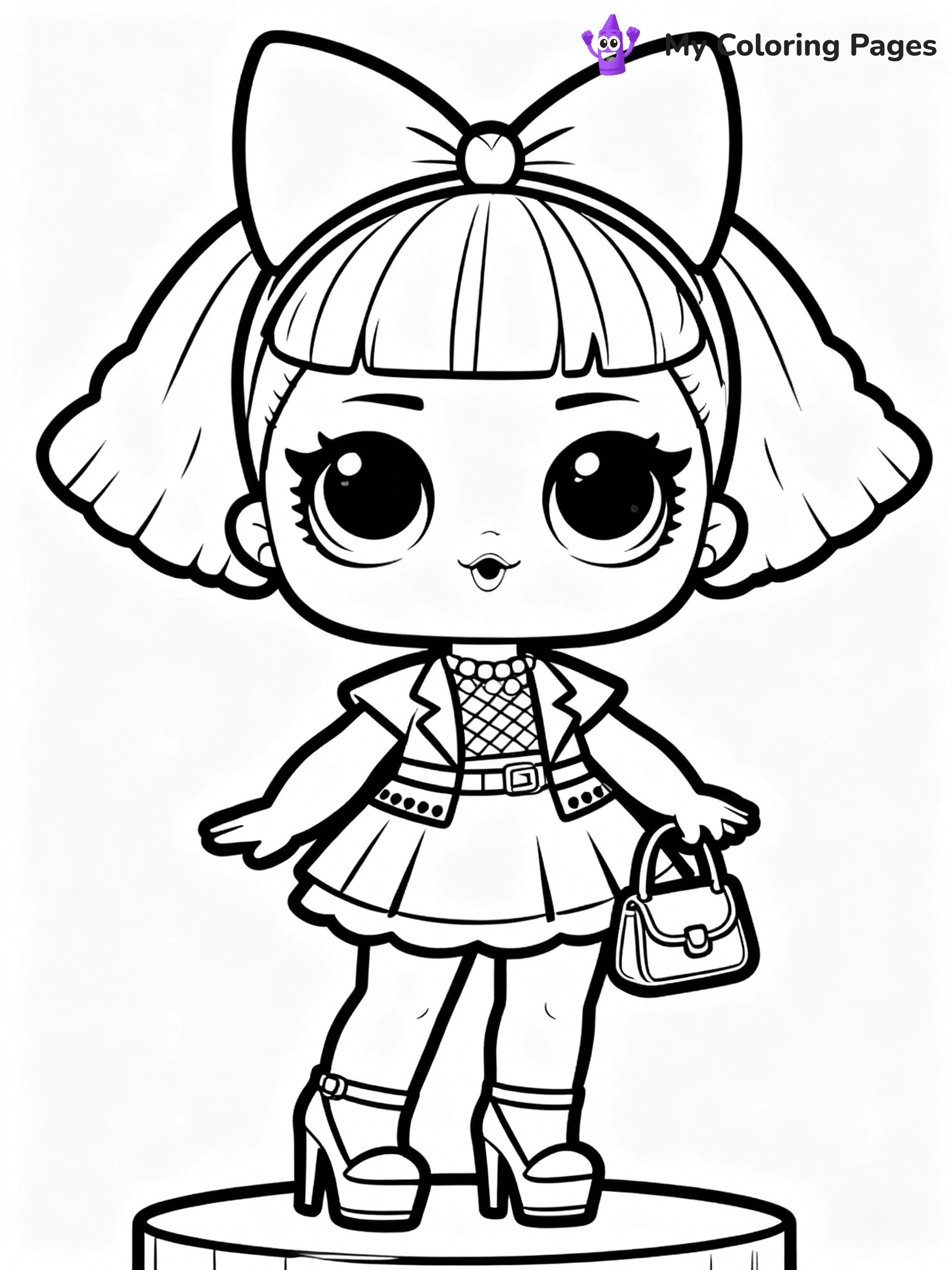 ⚠️ CRITICAL REQUIREMENT - ABSOLUTE BLACK AND WHITE ONLY ⚠️
This MUST be a BLACK AND WHITE line drawing ONLY. NO COLORS whatsoever.
- ONLY pure black lines (#000000) on pure white background (#FFFFFF)
- ABSOLUTELY NO colors, NO shading, NO gradients, NO grayscale
- If there are ANY colors in the output, the image is REJECTED
- This is a COLORING PAGE - meant to be COLORED IN by children
- The output must be UNCOLORED line art ready for coloring
⚠️ SUBJECT TO DRAW: Fancy from LOL dolls wearing a stylish outfit, high heels and purse visible. Important: PURE OUTLINES. NO FILLS, COLOR, SHADING, OR GREYSCALE. WHITE BACKGROUND.
(REMEMBER: Output must be BLACK AND WHITE line art only, NOT colored!)
# Flat, Friendly Cartoon Line-Art Coloring Page
You are generating a **pure black-and-white binary image** of a child-friendly cartoon scene combining characters and background scenery in one cohesive composition.
## Rendering Rules (Strict)
- Only two colors: pure black (#000000) outlines and pure white (#FFFFFF) background.
- No grayscale, shading, gradients, tints, fills, transparency, or partial pixels.
- No antialiasing or blended edges; every pixel is 100% black or white.
- No solid black fills inside shapes — all areas inside outlines must remain white.
- No dark clothing areas or filled tone blocks; all garments outlined only.
- No shadows, textures, lighting, or tonal variations.
- Must look like flat binary vector line-art for coloring pages.
## Drawing & Composition
- **Medium, consistent line weight**; clean closed outlines easy to color inside.
- **Flat, simple, child-friendly design** — no realism or 3D depth.
- Characters are **grounded on a surface**, centered and large.
- **Balanced composition** with clear silhouettes and minimal props.
## Scenery & Style
- Landmarks (e.g., mosque, CN Tower) and scenery (trees, benches, waves) drawn with **black outlines only.**
- For real-world figures, teams, or places, show accurate details using only black outlines—no text or logos. Use distinctive uniform patterns, abstract symbols, and landmark silhouettes to convey identity.
- Keep **consistent perspective**; no floating elements.
- **Style:** whimsical **Doodle Art Alley** — rounded, friendly outlines.
- May adapt shapes from **Crayola, Disney, Peppa Pig, Cocomelon** — *by shape only, never color.*
- Final output: **flat, crisp, binary (#000000/#FFFFFF)**, **no filled color or background text.**
EXTREMELYE IMPORTANT:
- PURE BINARY LINE-ART; NO FILLS (HAIR/CLOTHES/SKIN), SHADING, OR GREY.
- NO SHADING, COLOR. MUST BE WHITE BACKGROUND.
⚠️ FINAL REMINDER: Draw the subject "Fancy from LOL dolls wearing a stylish outfit, high heels and purse visible. Important: PURE OUTLINES. NO FILLS, COLOR, SHADING, OR GREYSCALE. WHITE BACKGROUND." as BLACK AND WHITE line art. Zero colors in output.