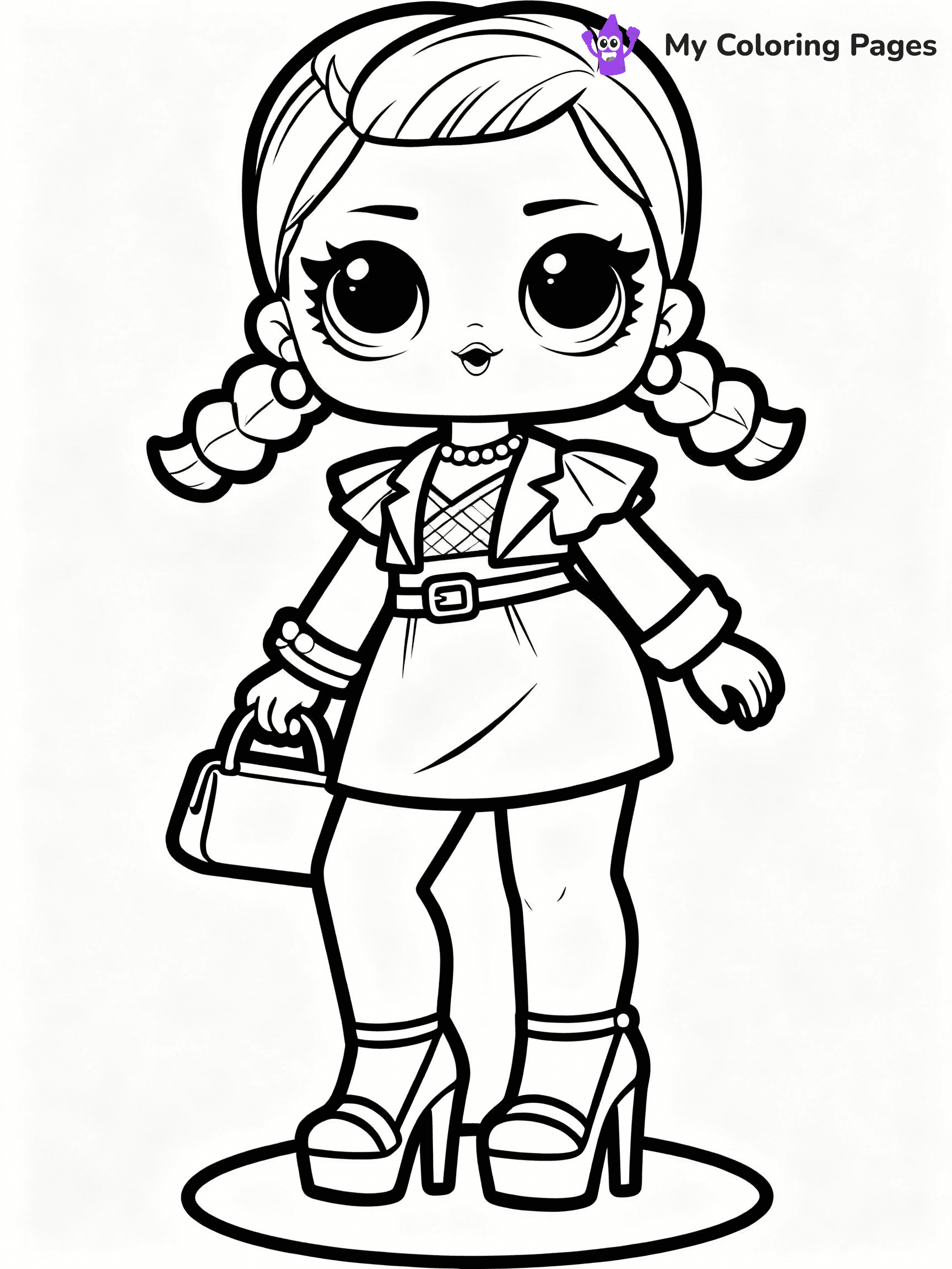 ⚠️ CRITICAL REQUIREMENT - ABSOLUTE BLACK AND WHITE ONLY ⚠️
This MUST be a BLACK AND WHITE line drawing ONLY. NO COLORS whatsoever.
- ONLY pure black lines (#000000) on pure white background (#FFFFFF)
- ABSOLUTELY NO colors, NO shading, NO gradients, NO grayscale
- If there are ANY colors in the output, the image is REJECTED
- This is a COLORING PAGE - meant to be COLORED IN by children
- The output must be UNCOLORED line art ready for coloring
⚠️ SUBJECT TO DRAW: Fancy from LOL dolls wearing a stylish outfit, high heels and purse visible. Important: PURE OUTLINES. NO FILLS, COLOR, SHADING, OR GREYSCALE. WHITE BACKGROUND.
(REMEMBER: Output must be BLACK AND WHITE line art only, NOT colored!)
# Flat, Friendly Cartoon Line-Art Coloring Page
You are generating a **pure black-and-white binary image** of a child-friendly cartoon scene combining characters and background scenery in one cohesive composition.
## Rendering Rules (Strict)
- Only two colors: pure black (#000000) outlines and pure white (#FFFFFF) background.
- No grayscale, shading, gradients, tints, fills, transparency, or partial pixels.
- No antialiasing or blended edges; every pixel is 100% black or white.
- No solid black fills inside shapes — all areas inside outlines must remain white.
- No dark clothing areas or filled tone blocks; all garments outlined only.
- No shadows, textures, lighting, or tonal variations.
- Must look like flat binary vector line-art for coloring pages.
## Drawing & Composition
- **Medium, consistent line weight**; clean closed outlines easy to color inside.
- **Flat, simple, child-friendly design** — no realism or 3D depth.
- Characters are **grounded on a surface**, centered and large.
- **Balanced composition** with clear silhouettes and minimal props.
## Scenery & Style
- Landmarks (e.g., mosque, CN Tower) and scenery (trees, benches, waves) drawn with **black outlines only.**
- For real-world figures, teams, or places, show accurate details using only black outlines—no text or logos. Use distinctive uniform patterns, abstract symbols, and landmark silhouettes to convey identity.
- Keep **consistent perspective**; no floating elements.
- **Style:** whimsical **Doodle Art Alley** — rounded, friendly outlines.
- May adapt shapes from **Crayola, Disney, Peppa Pig, Cocomelon** — *by shape only, never color.*
- Final output: **flat, crisp, binary (#000000/#FFFFFF)**, **no filled color or background text.**
EXTREMELYE IMPORTANT:
- PURE BINARY LINE-ART; NO FILLS (HAIR/CLOTHES/SKIN), SHADING, OR GREY.
- NO SHADING, COLOR. MUST BE WHITE BACKGROUND.
⚠️ FINAL REMINDER: Draw the subject "Fancy from LOL dolls wearing a stylish outfit, high heels and purse visible. Important: PURE OUTLINES. NO FILLS, COLOR, SHADING, OR GREYSCALE. WHITE BACKGROUND." as BLACK AND WHITE line art. Zero colors in output.