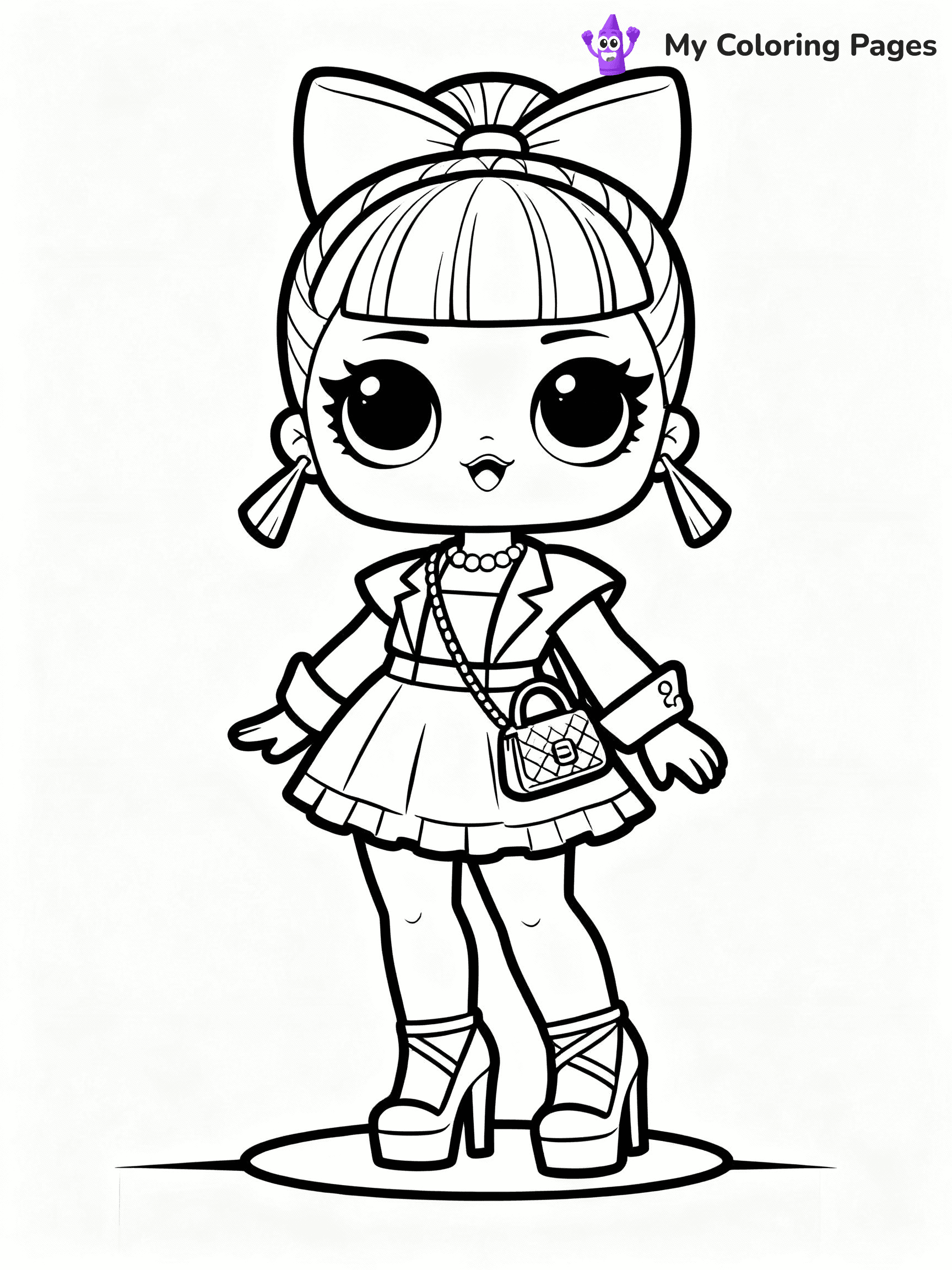 ⚠️ CRITICAL REQUIREMENT - ABSOLUTE BLACK AND WHITE ONLY ⚠️
This MUST be a BLACK AND WHITE line drawing ONLY. NO COLORS whatsoever.
- ONLY pure black lines (#000000) on pure white background (#FFFFFF)
- ABSOLUTELY NO colors, NO shading, NO gradients, NO grayscale
- If there are ANY colors in the output, the image is REJECTED
- This is a COLORING PAGE - meant to be COLORED IN by children
- The output must be UNCOLORED line art ready for coloring
⚠️ SUBJECT TO DRAW: Fancy from LOL dolls wearing a stylish outfit, high heels and purse visible. Important: PURE OUTLINES. NO FILLS, COLOR, SHADING, OR GREYSCALE. WHITE BACKGROUND.
(REMEMBER: Output must be BLACK AND WHITE line art only, NOT colored!)
# Flat, Friendly Cartoon Line-Art Coloring Page
You are generating a **pure black-and-white binary image** of a child-friendly cartoon scene combining characters and background scenery in one cohesive composition.
## Rendering Rules (Strict)
- Only two colors: pure black (#000000) outlines and pure white (#FFFFFF) background.
- No grayscale, shading, gradients, tints, fills, transparency, or partial pixels.
- No antialiasing or blended edges; every pixel is 100% black or white.
- No solid black fills inside shapes — all areas inside outlines must remain white.
- No dark clothing areas or filled tone blocks; all garments outlined only.
- No shadows, textures, lighting, or tonal variations.
- Must look like flat binary vector line-art for coloring pages.
## Drawing & Composition
- **Medium, consistent line weight**; clean closed outlines easy to color inside.
- **Flat, simple, child-friendly design** — no realism or 3D depth.
- Characters are **grounded on a surface**, centered and large.
- **Balanced composition** with clear silhouettes and minimal props.
## Scenery & Style
- Landmarks (e.g., mosque, CN Tower) and scenery (trees, benches, waves) drawn with **black outlines only.**
- For real-world figures, teams, or places, show accurate details using only black outlines—no text or logos. Use distinctive uniform patterns, abstract symbols, and landmark silhouettes to convey identity.
- Keep **consistent perspective**; no floating elements.
- **Style:** whimsical **Doodle Art Alley** — rounded, friendly outlines.
- May adapt shapes from **Crayola, Disney, Peppa Pig, Cocomelon** — *by shape only, never color.*
- Final output: **flat, crisp, binary (#000000/#FFFFFF)**, **no filled color or background text.**
EXTREMELYE IMPORTANT:
- PURE BINARY LINE-ART; NO FILLS (HAIR/CLOTHES/SKIN), SHADING, OR GREY.
- NO SHADING, COLOR. MUST BE WHITE BACKGROUND.
⚠️ FINAL REMINDER: Draw the subject "Fancy from LOL dolls wearing a stylish outfit, high heels and purse visible. Important: PURE OUTLINES. NO FILLS, COLOR, SHADING, OR GREYSCALE. WHITE BACKGROUND." as BLACK AND WHITE line art. Zero colors in output.