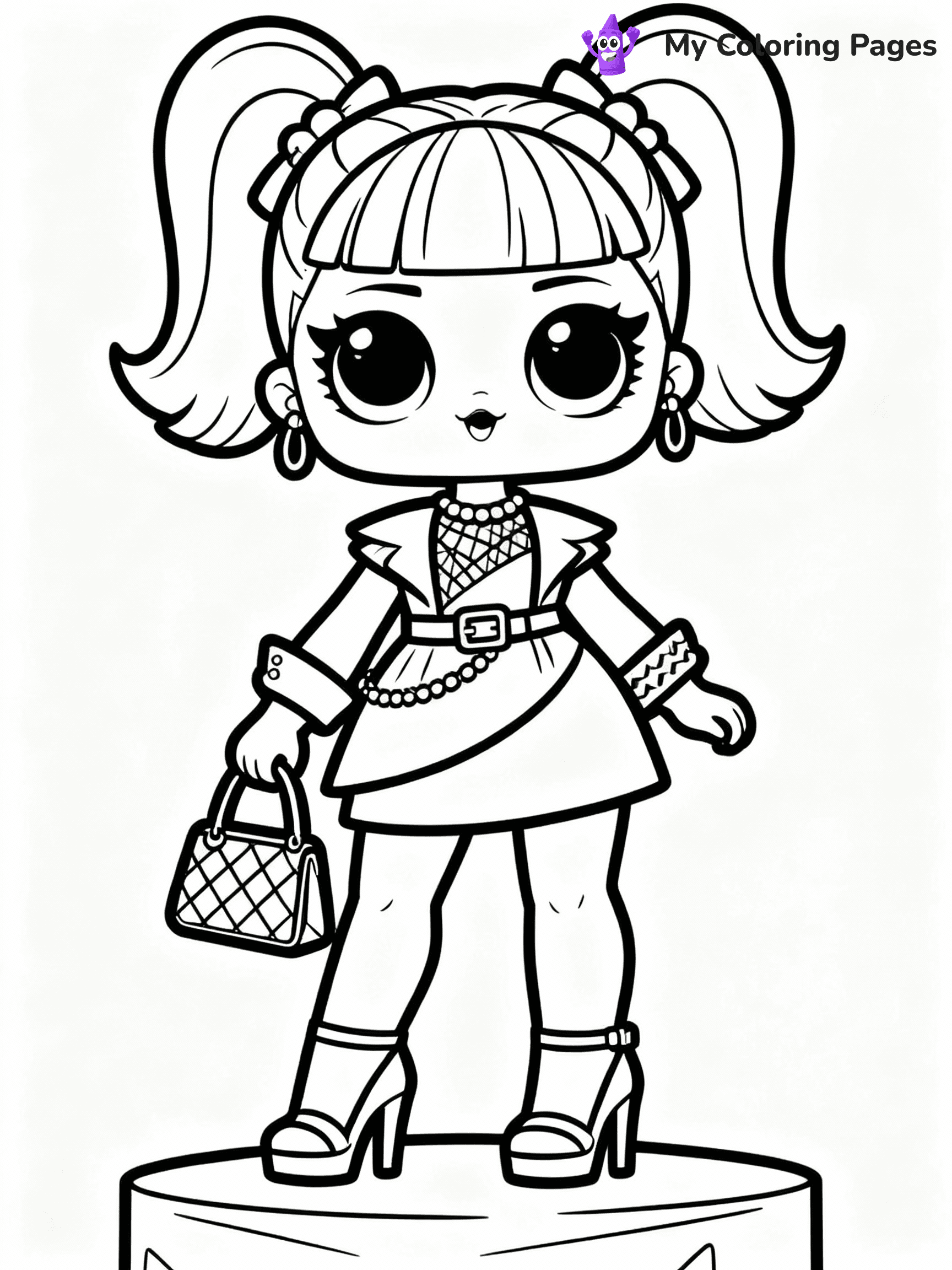 ⚠️ CRITICAL REQUIREMENT - ABSOLUTE BLACK AND WHITE ONLY ⚠️
This MUST be a BLACK AND WHITE line drawing ONLY. NO COLORS whatsoever.
- ONLY pure black lines (#000000) on pure white background (#FFFFFF)
- ABSOLUTELY NO colors, NO shading, NO gradients, NO grayscale
- If there are ANY colors in the output, the image is REJECTED
- This is a COLORING PAGE - meant to be COLORED IN by children
- The output must be UNCOLORED line art ready for coloring
⚠️ SUBJECT TO DRAW: Fancy from LOL dolls wearing a stylish outfit, high heels and purse visible. Important: PURE OUTLINES. NO FILLS, COLOR, SHADING, OR GREYSCALE. WHITE BACKGROUND.
(REMEMBER: Output must be BLACK AND WHITE line art only, NOT colored!)
# Flat, Friendly Cartoon Line-Art Coloring Page
You are generating a **pure black-and-white binary image** of a child-friendly cartoon scene combining characters and background scenery in one cohesive composition.
## Rendering Rules (Strict)
- Only two colors: pure black (#000000) outlines and pure white (#FFFFFF) background.
- No grayscale, shading, gradients, tints, fills, transparency, or partial pixels.
- No antialiasing or blended edges; every pixel is 100% black or white.
- No solid black fills inside shapes — all areas inside outlines must remain white.
- No dark clothing areas or filled tone blocks; all garments outlined only.
- No shadows, textures, lighting, or tonal variations.
- Must look like flat binary vector line-art for coloring pages.
## Drawing & Composition
- **Medium, consistent line weight**; clean closed outlines easy to color inside.
- **Flat, simple, child-friendly design** — no realism or 3D depth.
- Characters are **grounded on a surface**, centered and large.
- **Balanced composition** with clear silhouettes and minimal props.
## Scenery & Style
- Landmarks (e.g., mosque, CN Tower) and scenery (trees, benches, waves) drawn with **black outlines only.**
- For real-world figures, teams, or places, show accurate details using only black outlines—no text or logos. Use distinctive uniform patterns, abstract symbols, and landmark silhouettes to convey identity.
- Keep **consistent perspective**; no floating elements.
- **Style:** whimsical **Doodle Art Alley** — rounded, friendly outlines.
- May adapt shapes from **Crayola, Disney, Peppa Pig, Cocomelon** — *by shape only, never color.*
- Final output: **flat, crisp, binary (#000000/#FFFFFF)**, **no filled color or background text.**
EXTREMELYE IMPORTANT:
- PURE BINARY LINE-ART; NO FILLS (HAIR/CLOTHES/SKIN), SHADING, OR GREY.
- NO SHADING, COLOR. MUST BE WHITE BACKGROUND.
⚠️ FINAL REMINDER: Draw the subject "Fancy from LOL dolls wearing a stylish outfit, high heels and purse visible. Important: PURE OUTLINES. NO FILLS, COLOR, SHADING, OR GREYSCALE. WHITE BACKGROUND." as BLACK AND WHITE line art. Zero colors in output.