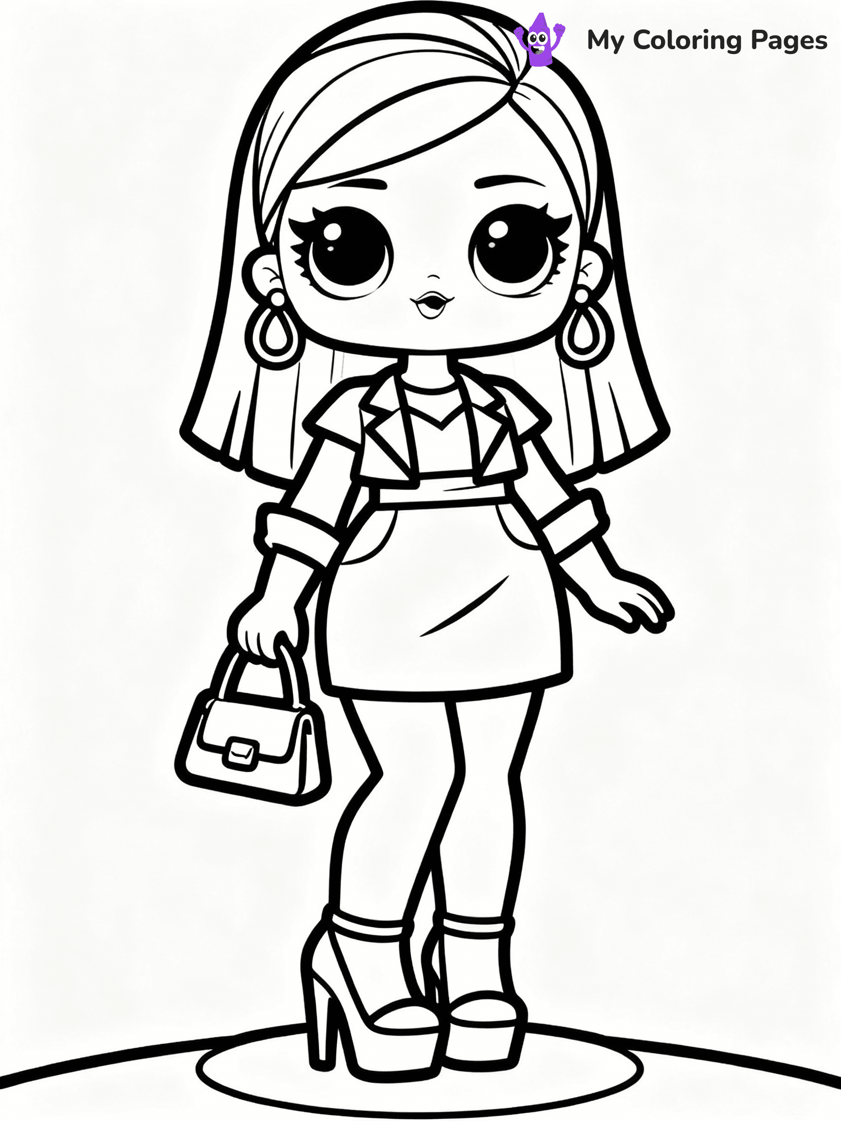 ⚠️ CRITICAL REQUIREMENT - ABSOLUTE BLACK AND WHITE ONLY ⚠️
This MUST be a BLACK AND WHITE line drawing ONLY. NO COLORS whatsoever.
- ONLY pure black lines (#000000) on pure white background (#FFFFFF)
- ABSOLUTELY NO colors, NO shading, NO gradients, NO grayscale
- If there are ANY colors in the output, the image is REJECTED
- This is a COLORING PAGE - meant to be COLORED IN by children
- The output must be UNCOLORED line art ready for coloring
⚠️ SUBJECT TO DRAW: Fancy from LOL dolls wearing a stylish outfit, high heels and purse visible. Important: PURE OUTLINES. NO FILLS, COLOR, SHADING, OR GREYSCALE. WHITE BACKGROUND.
(REMEMBER: Output must be BLACK AND WHITE line art only, NOT colored!)
# Flat, Friendly Cartoon Line-Art Coloring Page
You are generating a **pure black-and-white binary image** of a child-friendly cartoon scene combining characters and background scenery in one cohesive composition.
## Rendering Rules (Strict)
- Only two colors: pure black (#000000) outlines and pure white (#FFFFFF) background.
- No grayscale, shading, gradients, tints, fills, transparency, or partial pixels.
- No antialiasing or blended edges; every pixel is 100% black or white.
- No solid black fills inside shapes — all areas inside outlines must remain white.
- No dark clothing areas or filled tone blocks; all garments outlined only.
- No shadows, textures, lighting, or tonal variations.
- Must look like flat binary vector line-art for coloring pages.
## Drawing & Composition
- **Medium, consistent line weight**; clean closed outlines easy to color inside.
- **Flat, simple, child-friendly design** — no realism or 3D depth.
- Characters are **grounded on a surface**, centered and large.
- **Balanced composition** with clear silhouettes and minimal props.
## Scenery & Style
- Landmarks (e.g., mosque, CN Tower) and scenery (trees, benches, waves) drawn with **black outlines only.**
- For real-world figures, teams, or places, show accurate details using only black outlines—no text or logos. Use distinctive uniform patterns, abstract symbols, and landmark silhouettes to convey identity.
- Keep **consistent perspective**; no floating elements.
- **Style:** whimsical **Doodle Art Alley** — rounded, friendly outlines.
- May adapt shapes from **Crayola, Disney, Peppa Pig, Cocomelon** — *by shape only, never color.*
- Final output: **flat, crisp, binary (#000000/#FFFFFF)**, **no filled color or background text.**
EXTREMELYE IMPORTANT:
- PURE BINARY LINE-ART; NO FILLS (HAIR/CLOTHES/SKIN), SHADING, OR GREY.
- NO SHADING, COLOR. MUST BE WHITE BACKGROUND.
⚠️ FINAL REMINDER: Draw the subject "Fancy from LOL dolls wearing a stylish outfit, high heels and purse visible. Important: PURE OUTLINES. NO FILLS, COLOR, SHADING, OR GREYSCALE. WHITE BACKGROUND." as BLACK AND WHITE line art. Zero colors in output.