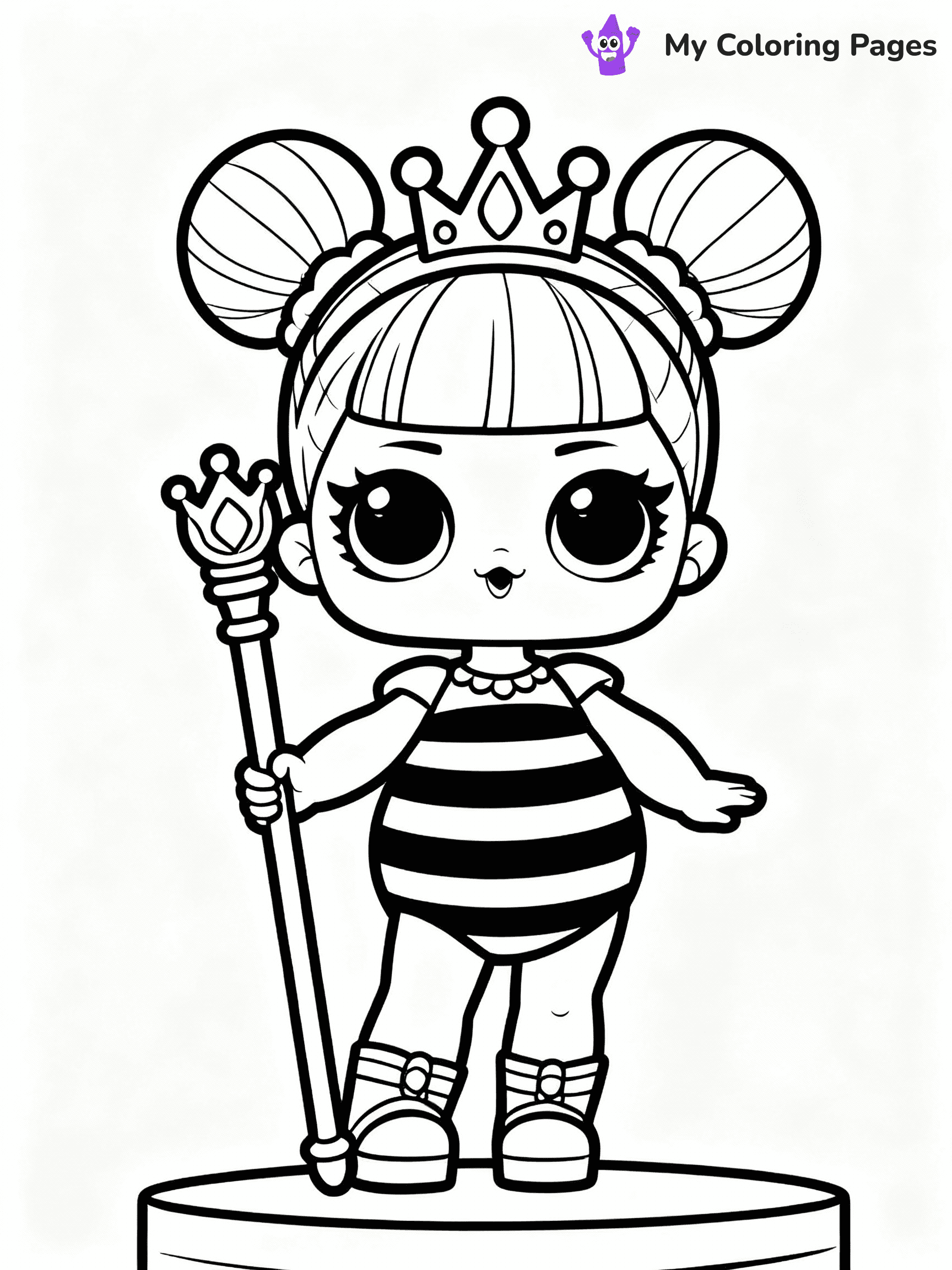 ⚠️ CRITICAL REQUIREMENT - ABSOLUTE BLACK AND WHITE ONLY ⚠️
This MUST be a BLACK AND WHITE line drawing ONLY. NO COLORS whatsoever.
- ONLY pure black lines (#000000) on pure white background (#FFFFFF)
- ABSOLUTELY NO colors, NO shading, NO gradients, NO grayscale
- If there are ANY colors in the output, the image is REJECTED
- This is a COLORING PAGE - meant to be COLORED IN by children
- The output must be UNCOLORED line art ready for coloring
⚠️ SUBJECT TO DRAW: Queen Bee from LOL dolls posing confidently, holding a golden scepter. Important: PURE OUTLINES. NO FILLS, COLOR, SHADING, OR GREYSCALE. WHITE BACKGROUND.
(REMEMBER: Output must be BLACK AND WHITE line art only, NOT colored!)
# Flat, Friendly Cartoon Line-Art Coloring Page
You are generating a **pure black-and-white binary image** of a child-friendly cartoon scene combining characters and background scenery in one cohesive composition.
## Rendering Rules (Strict)
- Only two colors: pure black (#000000) outlines and pure white (#FFFFFF) background.
- No grayscale, shading, gradients, tints, fills, transparency, or partial pixels.
- No antialiasing or blended edges; every pixel is 100% black or white.
- No solid black fills inside shapes — all areas inside outlines must remain white.
- No dark clothing areas or filled tone blocks; all garments outlined only.
- No shadows, textures, lighting, or tonal variations.
- Must look like flat binary vector line-art for coloring pages.
## Drawing & Composition
- **Medium, consistent line weight**; clean closed outlines easy to color inside.
- **Flat, simple, child-friendly design** — no realism or 3D depth.
- Characters are **grounded on a surface**, centered and large.
- **Balanced composition** with clear silhouettes and minimal props.
## Scenery & Style
- Landmarks (e.g., mosque, CN Tower) and scenery (trees, benches, waves) drawn with **black outlines only.**
- For real-world figures, teams, or places, show accurate details using only black outlines—no text or logos. Use distinctive uniform patterns, abstract symbols, and landmark silhouettes to convey identity.
- Keep **consistent perspective**; no floating elements.
- **Style:** whimsical **Doodle Art Alley** — rounded, friendly outlines.
- May adapt shapes from **Crayola, Disney, Peppa Pig, Cocomelon** — *by shape only, never color.*
- Final output: **flat, crisp, binary (#000000/#FFFFFF)**, **no filled color or background text.**
EXTREMELYE IMPORTANT:
- PURE BINARY LINE-ART; NO FILLS (HAIR/CLOTHES/SKIN), SHADING, OR GREY.
- NO SHADING, COLOR. MUST BE WHITE BACKGROUND.
⚠️ FINAL REMINDER: Draw the subject "Queen Bee from LOL dolls posing confidently, holding a golden scepter. Important: PURE OUTLINES. NO FILLS, COLOR, SHADING, OR GREYSCALE. WHITE BACKGROUND." as BLACK AND WHITE line art. Zero colors in output.
