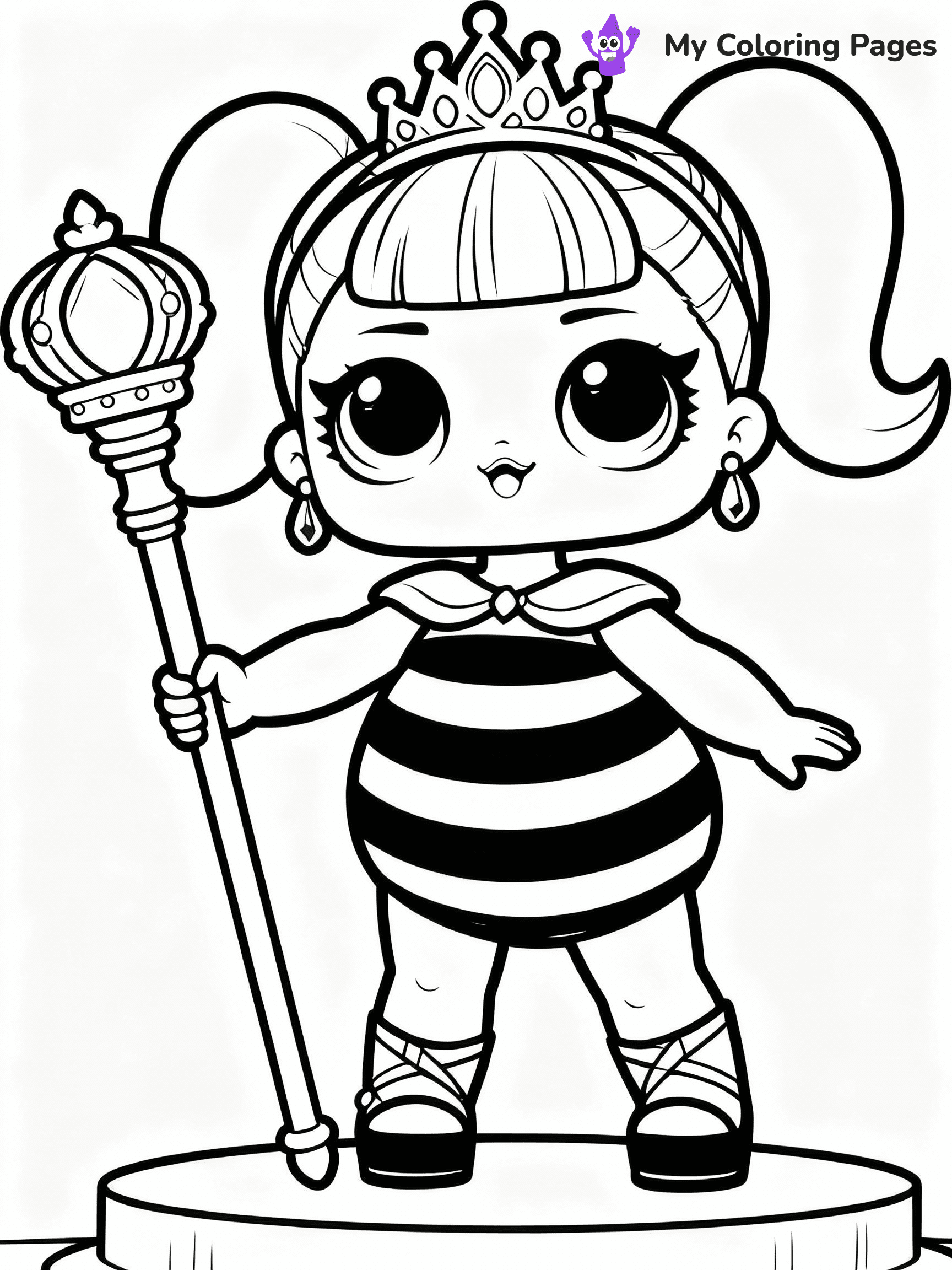 ⚠️ CRITICAL REQUIREMENT - ABSOLUTE BLACK AND WHITE ONLY ⚠️
This MUST be a BLACK AND WHITE line drawing ONLY. NO COLORS whatsoever.
- ONLY pure black lines (#000000) on pure white background (#FFFFFF)
- ABSOLUTELY NO colors, NO shading, NO gradients, NO grayscale
- If there are ANY colors in the output, the image is REJECTED
- This is a COLORING PAGE - meant to be COLORED IN by children
- The output must be UNCOLORED line art ready for coloring
⚠️ SUBJECT TO DRAW: Queen Bee from LOL dolls posing confidently, holding a golden scepter. Important: PURE OUTLINES. NO FILLS, COLOR, SHADING, OR GREYSCALE. WHITE BACKGROUND.
(REMEMBER: Output must be BLACK AND WHITE line art only, NOT colored!)
# Flat, Friendly Cartoon Line-Art Coloring Page
You are generating a **pure black-and-white binary image** of a child-friendly cartoon scene combining characters and background scenery in one cohesive composition.
## Rendering Rules (Strict)
- Only two colors: pure black (#000000) outlines and pure white (#FFFFFF) background.
- No grayscale, shading, gradients, tints, fills, transparency, or partial pixels.
- No antialiasing or blended edges; every pixel is 100% black or white.
- No solid black fills inside shapes — all areas inside outlines must remain white.
- No dark clothing areas or filled tone blocks; all garments outlined only.
- No shadows, textures, lighting, or tonal variations.
- Must look like flat binary vector line-art for coloring pages.
## Drawing & Composition
- **Medium, consistent line weight**; clean closed outlines easy to color inside.
- **Flat, simple, child-friendly design** — no realism or 3D depth.
- Characters are **grounded on a surface**, centered and large.
- **Balanced composition** with clear silhouettes and minimal props.
## Scenery & Style
- Landmarks (e.g., mosque, CN Tower) and scenery (trees, benches, waves) drawn with **black outlines only.**
- For real-world figures, teams, or places, show accurate details using only black outlines—no text or logos. Use distinctive uniform patterns, abstract symbols, and landmark silhouettes to convey identity.
- Keep **consistent perspective**; no floating elements.
- **Style:** whimsical **Doodle Art Alley** — rounded, friendly outlines.
- May adapt shapes from **Crayola, Disney, Peppa Pig, Cocomelon** — *by shape only, never color.*
- Final output: **flat, crisp, binary (#000000/#FFFFFF)**, **no filled color or background text.**
EXTREMELYE IMPORTANT:
- PURE BINARY LINE-ART; NO FILLS (HAIR/CLOTHES/SKIN), SHADING, OR GREY.
- NO SHADING, COLOR. MUST BE WHITE BACKGROUND.
⚠️ FINAL REMINDER: Draw the subject "Queen Bee from LOL dolls posing confidently, holding a golden scepter. Important: PURE OUTLINES. NO FILLS, COLOR, SHADING, OR GREYSCALE. WHITE BACKGROUND." as BLACK AND WHITE line art. Zero colors in output.