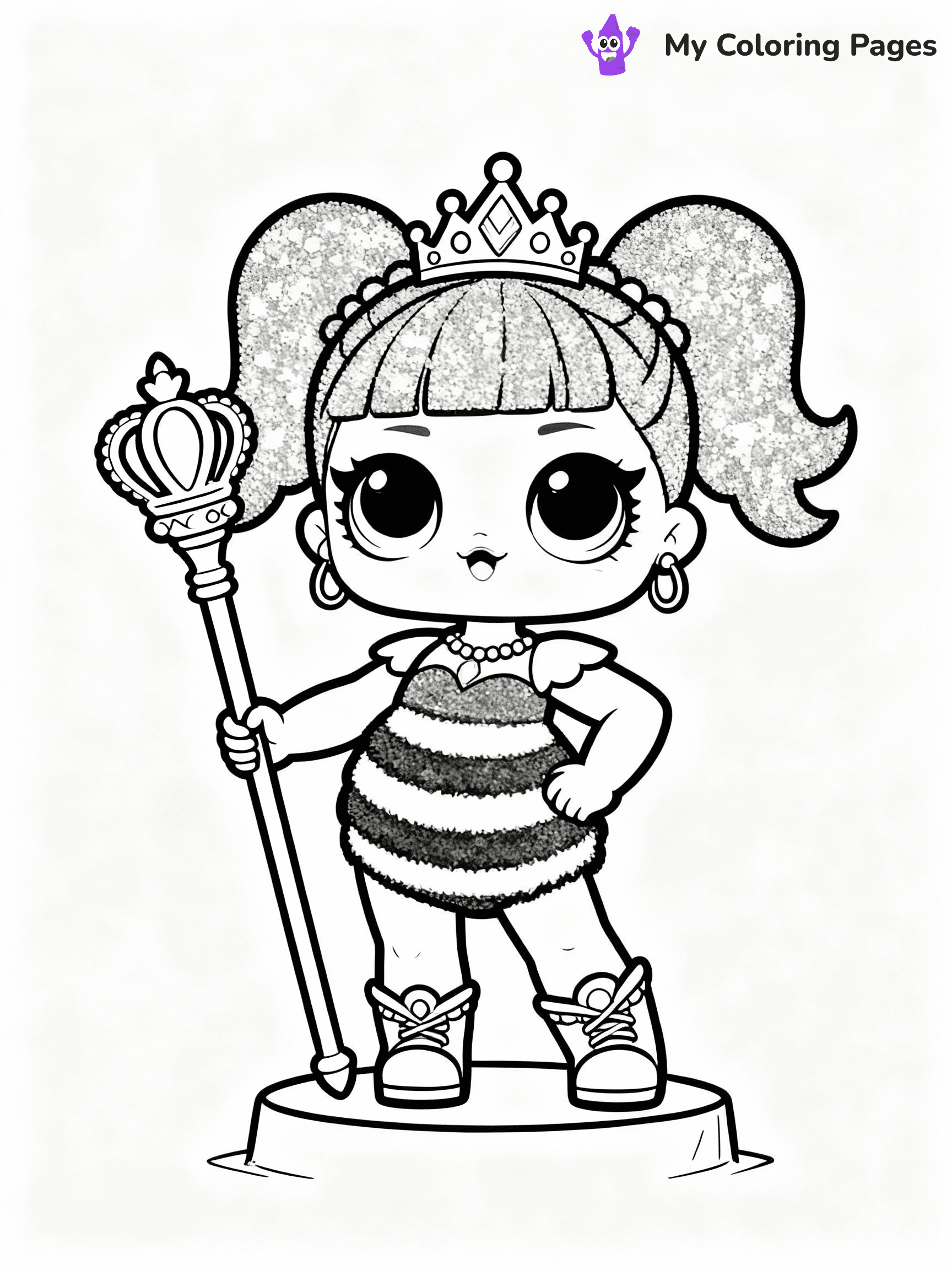 ⚠️ CRITICAL REQUIREMENT - ABSOLUTE BLACK AND WHITE ONLY ⚠️
This MUST be a BLACK AND WHITE line drawing ONLY. NO COLORS whatsoever.
- ONLY pure black lines (#000000) on pure white background (#FFFFFF)
- ABSOLUTELY NO colors, NO shading, NO gradients, NO grayscale
- If there are ANY colors in the output, the image is REJECTED
- This is a COLORING PAGE - meant to be COLORED IN by children
- The output must be UNCOLORED line art ready for coloring
⚠️ SUBJECT TO DRAW: Queen Bee from LOL dolls posing confidently, holding a golden scepter. Important: PURE OUTLINES. NO FILLS, COLOR, SHADING, OR GREYSCALE. WHITE BACKGROUND.
(REMEMBER: Output must be BLACK AND WHITE line art only, NOT colored!)
# Flat, Friendly Cartoon Line-Art Coloring Page
You are generating a **pure black-and-white binary image** of a child-friendly cartoon scene combining characters and background scenery in one cohesive composition.
## Rendering Rules (Strict)
- Only two colors: pure black (#000000) outlines and pure white (#FFFFFF) background.
- No grayscale, shading, gradients, tints, fills, transparency, or partial pixels.
- No antialiasing or blended edges; every pixel is 100% black or white.
- No solid black fills inside shapes — all areas inside outlines must remain white.
- No dark clothing areas or filled tone blocks; all garments outlined only.
- No shadows, textures, lighting, or tonal variations.
- Must look like flat binary vector line-art for coloring pages.
## Drawing & Composition
- **Medium, consistent line weight**; clean closed outlines easy to color inside.
- **Flat, simple, child-friendly design** — no realism or 3D depth.
- Characters are **grounded on a surface**, centered and large.
- **Balanced composition** with clear silhouettes and minimal props.
## Scenery & Style
- Landmarks (e.g., mosque, CN Tower) and scenery (trees, benches, waves) drawn with **black outlines only.**
- For real-world figures, teams, or places, show accurate details using only black outlines—no text or logos. Use distinctive uniform patterns, abstract symbols, and landmark silhouettes to convey identity.
- Keep **consistent perspective**; no floating elements.
- **Style:** whimsical **Doodle Art Alley** — rounded, friendly outlines.
- May adapt shapes from **Crayola, Disney, Peppa Pig, Cocomelon** — *by shape only, never color.*
- Final output: **flat, crisp, binary (#000000/#FFFFFF)**, **no filled color or background text.**
EXTREMELYE IMPORTANT:
- PURE BINARY LINE-ART; NO FILLS (HAIR/CLOTHES/SKIN), SHADING, OR GREY.
- NO SHADING, COLOR. MUST BE WHITE BACKGROUND.
⚠️ FINAL REMINDER: Draw the subject "Queen Bee from LOL dolls posing confidently, holding a golden scepter. Important: PURE OUTLINES. NO FILLS, COLOR, SHADING, OR GREYSCALE. WHITE BACKGROUND." as BLACK AND WHITE line art. Zero colors in output.