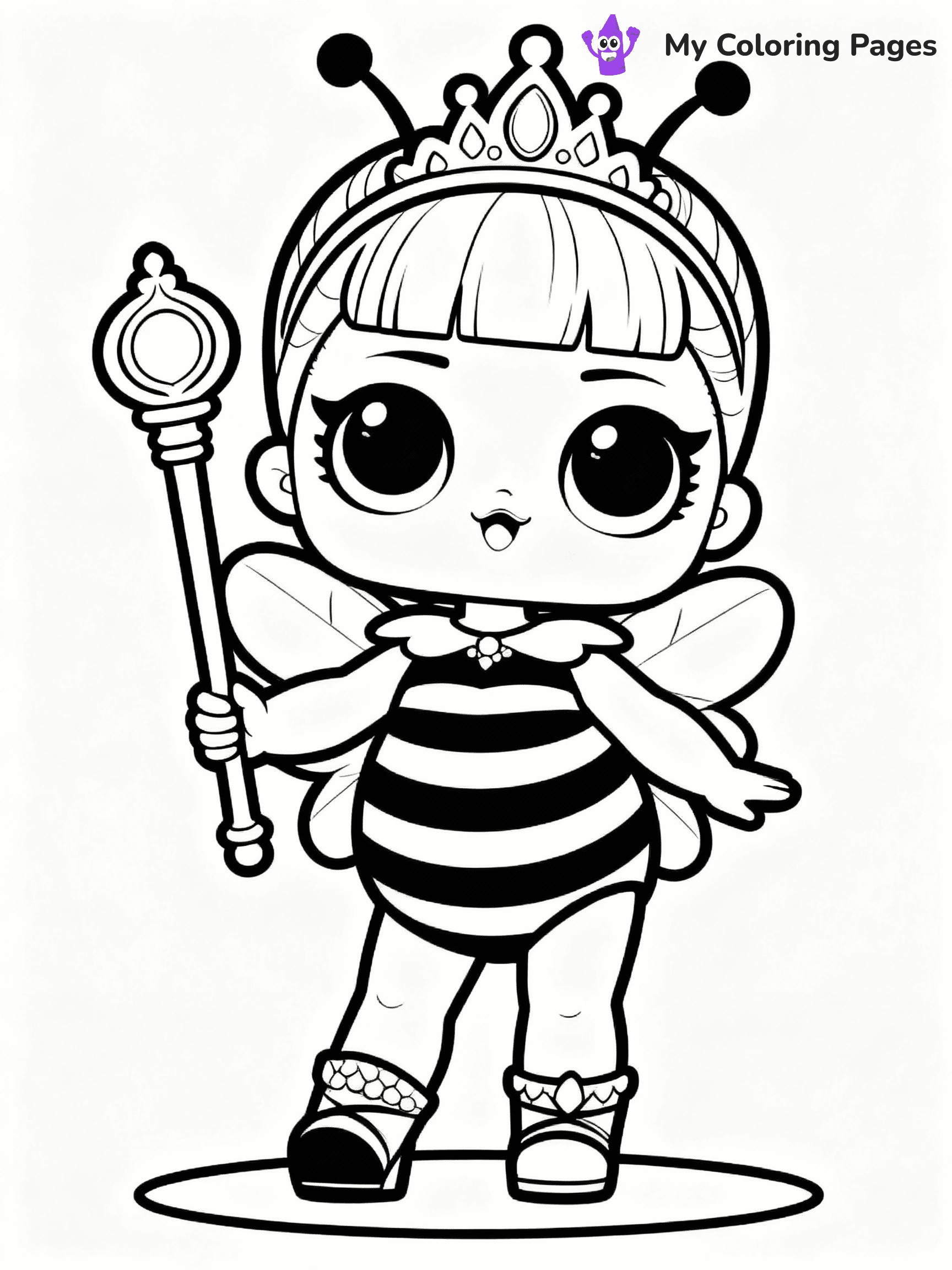 ⚠️ CRITICAL REQUIREMENT - ABSOLUTE BLACK AND WHITE ONLY ⚠️
This MUST be a BLACK AND WHITE line drawing ONLY. NO COLORS whatsoever.
- ONLY pure black lines (#000000) on pure white background (#FFFFFF)
- ABSOLUTELY NO colors, NO shading, NO gradients, NO grayscale
- If there are ANY colors in the output, the image is REJECTED
- This is a COLORING PAGE - meant to be COLORED IN by children
- The output must be UNCOLORED line art ready for coloring
⚠️ SUBJECT TO DRAW: Queen Bee from LOL dolls posing confidently, holding a golden scepter. Important: PURE OUTLINES. NO FILLS, COLOR, SHADING, OR GREYSCALE. WHITE BACKGROUND.
(REMEMBER: Output must be BLACK AND WHITE line art only, NOT colored!)
# Flat, Friendly Cartoon Line-Art Coloring Page
You are generating a **pure black-and-white binary image** of a child-friendly cartoon scene combining characters and background scenery in one cohesive composition.
## Rendering Rules (Strict)
- Only two colors: pure black (#000000) outlines and pure white (#FFFFFF) background.
- No grayscale, shading, gradients, tints, fills, transparency, or partial pixels.
- No antialiasing or blended edges; every pixel is 100% black or white.
- No solid black fills inside shapes — all areas inside outlines must remain white.
- No dark clothing areas or filled tone blocks; all garments outlined only.
- No shadows, textures, lighting, or tonal variations.
- Must look like flat binary vector line-art for coloring pages.
## Drawing & Composition
- **Medium, consistent line weight**; clean closed outlines easy to color inside.
- **Flat, simple, child-friendly design** — no realism or 3D depth.
- Characters are **grounded on a surface**, centered and large.
- **Balanced composition** with clear silhouettes and minimal props.
## Scenery & Style
- Landmarks (e.g., mosque, CN Tower) and scenery (trees, benches, waves) drawn with **black outlines only.**
- For real-world figures, teams, or places, show accurate details using only black outlines—no text or logos. Use distinctive uniform patterns, abstract symbols, and landmark silhouettes to convey identity.
- Keep **consistent perspective**; no floating elements.
- **Style:** whimsical **Doodle Art Alley** — rounded, friendly outlines.
- May adapt shapes from **Crayola, Disney, Peppa Pig, Cocomelon** — *by shape only, never color.*
- Final output: **flat, crisp, binary (#000000/#FFFFFF)**, **no filled color or background text.**
EXTREMELYE IMPORTANT:
- PURE BINARY LINE-ART; NO FILLS (HAIR/CLOTHES/SKIN), SHADING, OR GREY.
- NO SHADING, COLOR. MUST BE WHITE BACKGROUND.
⚠️ FINAL REMINDER: Draw the subject "Queen Bee from LOL dolls posing confidently, holding a golden scepter. Important: PURE OUTLINES. NO FILLS, COLOR, SHADING, OR GREYSCALE. WHITE BACKGROUND." as BLACK AND WHITE line art. Zero colors in output.